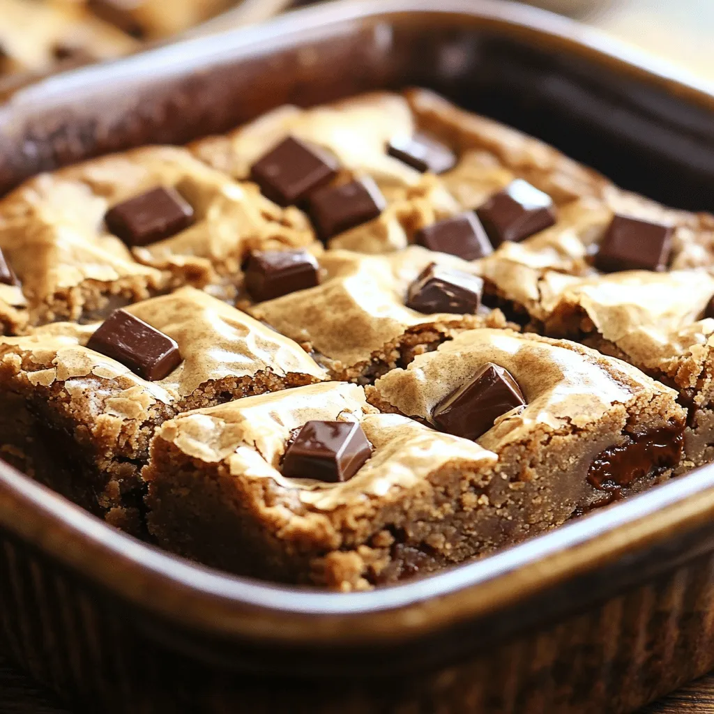 To make these brown butter chocolate chunk blondies, gather these ingredients: - 1 cup unsalted butter - 1 1/2 cups packed brown sugar - 2 large eggs - 2 teaspoons vanilla extract - 2 cups all-purpose flour - 1/2 teaspoon baking powder - 1/2 teaspoon salt - 1 cup chocolate chunks (dark or semi-sweet) - 1/2 cup chopped walnuts or pecans (optional) You can swap some ingredients if needed: - Use salted butter instead of unsalted. Just skip the added salt. - If you have no brown sugar, you can use white sugar. Add a bit of molasses for flavor. - For a dairy-free option, try vegan butter. - Instead of chocolate chunks, use chocolate chips. They may melt differently but will taste great. Using good ingredients makes a big difference. Fresh eggs help the blondies rise well. High-quality chocolate adds rich flavor. Choose organic flour when possible for better taste and texture. Good ingredients lead to better results. You’ll enjoy the warm, nutty taste of brown butter with every bite. Quality matters in every recipe. To start, melt the butter in a medium saucepan over medium heat. Stir it often. Keep cooking until it turns golden brown. This usually takes about 5 to 7 minutes. You’ll know it’s ready when it smells nutty and rich. Be careful not to burn it. Once browned, remove it from heat and let it cool slightly. In a large mixing bowl, take the warm brown butter and add the packed brown sugar. Whisk them together until they blend well. Next, add the eggs one at a time. Make sure to whisk well after each egg. Finally, pour in the vanilla extract. This adds a lovely flavor to your blondies. In another bowl, mix the dry ingredients. Combine the flour, baking powder, and salt. Whisk them together until they are well mixed. Now, slowly add the dry mix to the wet ingredients. Stir gently until just combined. Be careful not to overmix, as this can affect the texture. Next, fold in the chocolate chunks and nuts if you are using them. Make sure they are evenly spread throughout the batter. Now, you are ready to bake! To get that nice, chewy texture, do not overmix the batter. Mix just until you see no dry flour. This keeps the blondies soft and fudgy. Bake them until the edges are golden but the center is still moist. A toothpick should come out with a few crumbs, not clean. You can change up the flavor with a few simple tweaks. Add a pinch of sea salt on top before baking. This gives a nice contrast to the sweet flavor. You can also swap some chocolate chunks for butterscotch or peanut butter chips. Nuts like walnuts or pecans add a nice crunch, but they are optional. One big mistake is not browning the butter enough. It should smell nutty and look golden brown. If you skip this step, you lose that rich flavor. Another mistake is not letting the blondies cool fully before cutting. They need time to set up. Cutting too soon leads to a messy presentation. {{image_2}} You can make these blondies nut-free easily. Just skip the walnuts or pecans. The blondies will still taste great. The rich flavor comes from brown butter and chocolate. You won't miss the nuts at all. If you want crunch, add a bit more chocolate. I love using dark or semi-sweet chocolate chunks. You can also try milk chocolate for a sweeter bite. White chocolate adds a creamy touch, too. Mix and match chocolate types for fun flavors. Each choice will give your blondies a new twist. You can even use chocolate chips if you prefer. Get creative with flavors! Add a sprinkle of sea salt on top for a salty-sweet taste. You can mix in some cinnamon or espresso powder for warmth. Try adding caramel chips for extra sweetness. If you love fruit, fold in dried cranberries or cherries. Each twist makes these blondies your own! To keep your Brown Butter Chocolate Chunk Blondies fresh, store them in an airtight container. Make sure they are completely cool before sealing. This helps keep them soft and chewy. You can store them at room temperature for up to four days. If you want to keep them longer, consider freezing. Freezing blondies is simple. First, let them cool completely. Then, cut them into squares. Wrap each square in plastic wrap and place them in a freezer bag. This way, they stay fresh for up to three months. When you're ready to enjoy, just take out what you need. To reheat your blondies, you have a couple of choices. You can use the microwave for quick results. Heat them for about 10-15 seconds. If you prefer the oven, preheat it to 350°F (175°C). Place the blondies on a baking sheet and warm them for about 5-10 minutes. This brings back their gooey texture and rich flavor. Enjoy them warm! Yes, you can. Use regular melted butter instead. However, brown butter adds a rich, nutty flavor. This flavor makes blondies special. If you skip the brown butter, try to add a hint of vanilla. It might help enhance the taste. Check the edges of the blondies. They should look golden brown. You can also use a toothpick. Insert it into the center. If it comes out with a few moist crumbs, it’s done. If it’s wet with batter, give it more time. You can use granulated sugar, but the blondies will taste different. Brown sugar adds moisture and flavor. If you use granulated sugar, the blondies may be less chewy. For a closer taste, mix white sugar with a little molasses. This blog post covered all you need to make great blondies. We explored key ingredients and their substitutes, which help improve taste. I shared step-by-step instructions for perfect baking. Tips and tricks helped you avoid common mistakes. We also discussed fun variations and storage methods to keep them fresh. In conclusion, use quality ingredients and follow the steps carefully. Don't hesitate to try new flavors. Enjoy your blondies, and share with friends!