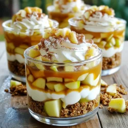 - 3 medium apples (like Granny Smith or Honeycrisp), peeled, cored, and diced - 1 tablespoon lemon juice - 1 teaspoon ground cinnamon - 1/4 cup brown sugar - 1 cup heavy cream - 1/2 cup powdered sugar - 1 teaspoon vanilla extract - 1 cup granola (your favorite type) - 1/2 cup caramel sauce (store-bought or homemade) - Extra caramel and diced apples for garnish When choosing apples, I love using Granny Smith for their tart taste. Honeycrisp adds sweetness and crunch. Mix these apples for a great flavor balance. Lemon juice helps keep apples fresh and adds a zing. Ground cinnamon gives warmth and depth to the apples. You can swap apples with pears or berries for a twist. Use coconut cream instead of heavy cream for a dairy-free option. Maple syrup can replace brown sugar for a different sweetness. If granola isn’t your thing, crushed cookies or nuts work well too. Start by peeling, coring, and dicing your apples. I love using Granny Smith or Honeycrisp apples. They add great flavor! In a medium bowl, mix the diced apples with lemon juice, ground cinnamon, and brown sugar. This step helps to soften the apples and brings out their sweet juices. Let them sit for about 10 minutes. This makes the apples taste even better! Next, grab a mixing bowl and pour in the heavy cream. Use an electric mixer to whip the cream until it thickens. Add in the powdered sugar and vanilla extract. Keep whipping until soft peaks form. This whipped cream will be creamy and light, perfect for our trifle! Now, it’s time for the fun part—layering! Get your serving cups or jars ready. Start by adding a layer of the diced, caramelized apples—about 1 tablespoon per cup. Next, add a layer of whipped cream—around 2 tablespoons. Then, sprinkle in some granola, about 1 tablespoon. Don’t forget to drizzle a spoonful of caramel sauce on top! Repeat these layers until you fill the cups. You can usually get two to three layers, depending on cup size. Finish with a layer of whipped cream and a drizzle of caramel on top. For a pretty touch, sprinkle extra granola and diced apples on the top layer. A hint of cinnamon makes it even better! Finally, refrigerate your trifle cups for at least 30 minutes. This helps the flavors blend and makes each bite extra tasty. Enjoy your creation! Layering makes your trifle look great. Start with diced apples. Use one tablespoon for each cup. Next, add two tablespoons of whipped cream. Then, sprinkle one tablespoon of granola. This adds a nice crunch. Repeat until you fill the cup. Finish with whipped cream on top. Drizzle caramel sauce last. This keeps the layers neat and tasty. Presentation is key for a fun dessert. Use clear cups or jars to show the layers. This makes the colorful layers pop. Top with extra diced apples and a sprinkle of granola. Add a little cinnamon for flair. Place the cups on a nice tray. This makes serving easy and looks fancy. You can prep this dessert ahead of time. Make the apple mix and whipped cream first. Store them separately in the fridge. Layer the cups just before serving. This keeps everything fresh and tasty. You can make them a few hours in advance. Just don’t add the granola until you are ready to serve. This keeps it crunchy! {{image_2}} You can switch up the apples for other fruits. Pears work well for a soft, sweet taste. Berries like strawberries or blueberries add a nice tartness. Bananas are another option, but they brown quickly. To keep them fresh, add lemon juice right before you layer. This recipe is simple to make gluten-free. Just choose gluten-free granola. Most store-bought brands have a gluten-free option. You can also make your own granola at home. Use oats, nuts, and seeds without gluten. This way, everyone can enjoy this treat! You can add fun flavors to your trifle cups. Try mixing in spices like nutmeg or ginger for warmth. A splash of almond or coconut extract gives a nice twist too. You can also use flavored whipped cream. Just fold in some cocoa powder or coffee for a special touch. These small changes can make a big difference! If you have some Caramel Apple Trifle Cups left, store them in the fridge. Use an airtight container to keep them fresh. They will stay good for up to three days. This dessert looks and tastes better when cold. You can freeze these trifle cups, but it may change the texture. To freeze, cover each cup tightly with plastic wrap. Store them in the freezer for up to a month. Avoid freezing the whipped cream and granola separately, as they will not hold up well after thawing. To enjoy your trifle cups after storage, thaw them in the fridge overnight. The layers may settle a bit, so gently stir them if needed. Add a fresh sprinkle of granola and a drizzle of caramel before serving. This little touch brings back the original flavor and crispness. Yes, you can use other fruits. Pears, peaches, or berries work well. Just chop them and mix with lemon juice and spices. This gives you a new flavor each time. Mixing fruits adds fun to your trifle cups. These trifle cups last about 2 to 3 days in the fridge. Keep them covered to stay fresh. The apples may soften more, but the taste stays yummy. Enjoy them within this time for the best flavor. You can make it vegan! Use coconut cream instead of heavy cream. Replace caramel sauce with a vegan option. Choose granola that’s dairy-free. These swaps make the dessert plant-based but still tasty. This blog post covered making a delicious Caramel Apple Trifle. We explored key ingredients, from apples to cream. You learned how to layer and present your trifle beautifully. I shared tips for making it ahead and storing leftovers. Don't be afraid to try different fruits or flavors for your creation. In the end, this dessert is fun and easy. Enjoy experimenting and making it your own!