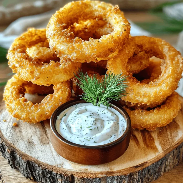 - 2 large onions, sliced into thick rings - 1 cup buttermilk (or milk with vinegar) - 1 cup all-purpose flour - 1 cup panko breadcrumbs - 1 teaspoon garlic powder - 1 teaspoon onion powder - 1 teaspoon paprika - ½ teaspoon salt - ½ teaspoon ground black pepper - Cooking spray - For the Ranch Dip: - ½ cup sour cream - ¼ cup mayonnaise - 1 tablespoon chopped fresh dill (or dried) - 1 teaspoon garlic powder - 1 teaspoon onion powder - Salt and pepper to taste To create crispy air fryer onion rings, gather these ingredients. The buttermilk makes the onions tender and adds flavor. Panko breadcrumbs give the rings their crunch. You can switch the buttermilk with regular milk and vinegar if needed. For the ranch dip, sour cream and mayonnaise provide creaminess. Fresh dill adds a nice touch. If you want, you can use dried dill instead. Mixing garlic and onion powder gives the dip extra flavor. Each ingredient plays a key role in making this dish tasty. Ensure you have everything ready before you start cooking. Start by slicing the onions into thick rings, about ½ inch wide. This size helps them cook evenly. After slicing, gently separate the rings. Soak the onion rings in buttermilk for at least 30 minutes. This step adds flavor and makes them tender. If you don’t have buttermilk, you can mix regular milk with a tablespoon of vinegar. Now, let’s prepare the breading. In one shallow bowl, add 1 cup of all-purpose flour. In another bowl, combine 1 cup of panko breadcrumbs with 1 teaspoon of garlic powder, 1 teaspoon of onion powder, 1 teaspoon of paprika, ½ teaspoon of salt, and ½ teaspoon of ground black pepper. Mix well. Next, take each onion ring from the buttermilk. Let any excess drip off. First, dip the onion ring into the flour, covering it completely. Shake off any extra flour. Then, coat the ring in the breadcrumb mixture. Press gently to make sure the crumbs stick well. Preheat your air fryer to 375°F (190°C). Lightly spray the air fryer basket with cooking spray to prevent sticking. Place the breaded onion rings in a single layer in the basket. Be careful not to overcrowd them; this helps them cook evenly. Lightly spray the tops of the rings with cooking spray, too. Air fry for 10 to 12 minutes. Flip the onion rings halfway through for even cooking. They should look golden brown and crispy when done. While the onion rings cook, let’s make the ranch dip. In a bowl, whisk together ½ cup of sour cream, ¼ cup of mayonnaise, 1 tablespoon of chopped fresh dill, 1 teaspoon of garlic powder, and 1 teaspoon of onion powder. Add salt and pepper to taste. Mix until smooth. You can adjust the seasoning based on your preference. Soaking the onion rings in buttermilk for at least 30 minutes is key. This step adds flavor and makes the onions tender. Buttermilk also helps the breading stick better. For cooking spray, I recommend using a high-quality oil spray. It helps create a nice golden color and crispiness. Avoid overcrowding the air fryer. This allows hot air to flow around the onion rings, making them crisp. If you put too many in at once, they may turn out soggy. Flip the onion rings halfway through cooking. This ensures they brown evenly on both sides, giving you that perfect crunch. To serve your onion rings, stack them in a high pile on a plate. This makes the dish look fun and inviting. Place the creamy ranch dip in a small bowl in the center of the stack. Adding a sprig of fresh dill on top of the dip adds color and makes it look fancy. {{image_2}} To make your onion rings extra tasty, try adding different spices. Here are some suggestions: - Cayenne pepper for some heat. - Italian seasoning for a herby twist. - Cumin for a warm, earthy flavor. You can also switch up the dipping sauce! Instead of ranch, try: - Spicy mayo for a kick. - Honey mustard for a sweet touch. - Barbecue sauce for a smoky flavor. You can use different types of onions to change the taste. Here are some great options: - Sweet onions like Vidalia for a milder flavor. - Red onions for a sharper taste and vibrant color. - Shallots for a more delicate, refined flavor. Each onion type will give your rings a unique twist! Want a gluten-free version? It's easy! Just swap out the ingredients: - Use gluten-free flour instead of all-purpose flour. - Choose gluten-free panko breadcrumbs for the crispy coating. These changes keep the flavor and crunch, making your onion rings safe for everyone! To keep your onion rings fresh, place them in an airtight container. You can store them in the fridge for up to three days. Avoid stacking them to keep them from getting soggy. If you have a lot, use parchment paper between layers. To reheat your onion rings, use the air fryer. Preheat it to 350°F (175°C). Place the onion rings in a single layer and cook for about 5 minutes. This method helps maintain their crispiness. You can also use an oven, but the air fryer is the best way to keep them crunchy. If you want to freeze onion rings, lay them flat on a baking sheet. Freeze them for about an hour. Once frozen, transfer them to a freezer bag. They can last for up to three months. To cook frozen onion rings, air fry them at 375°F (190°C) for about 12-15 minutes. No need to thaw first! Yes, you can use regular milk. Just add 1 tablespoon of vinegar to 1 cup of milk. Let it sit for 5 to 10 minutes. This mix will mimic the tangy flavor of buttermilk. It helps the batter stick better to the onion rings. To get extra crispy onion rings, soak them longer in buttermilk. Aim for 1 hour if you can. Use panko breadcrumbs, as they add great crunch. Also, spray the rings with cooking spray before air frying. This helps them become golden and crispy. Yes, you can air fry many vegetables! Try zucchini, bell peppers, or even cauliflower. Cut them into similar sizes to ensure even cooking. Season them like the onion rings for a tasty treat. If you want to try something different, you can use barbecue sauce or honey mustard. Chipotle mayo adds a nice kick too. Experiment with your favorites for a fun twist! This blog post shared a complete guide to making delicious homemade onion rings. We covered the ingredients you'll need, along with step-by-step instructions. You also learned tips for crispiness and variations for flavor and presentation. Remember, don’t be afraid to explore new spices or sauces. Homemade onion rings can be a fun and tasty snack. Enjoy creating your version and make it your own!