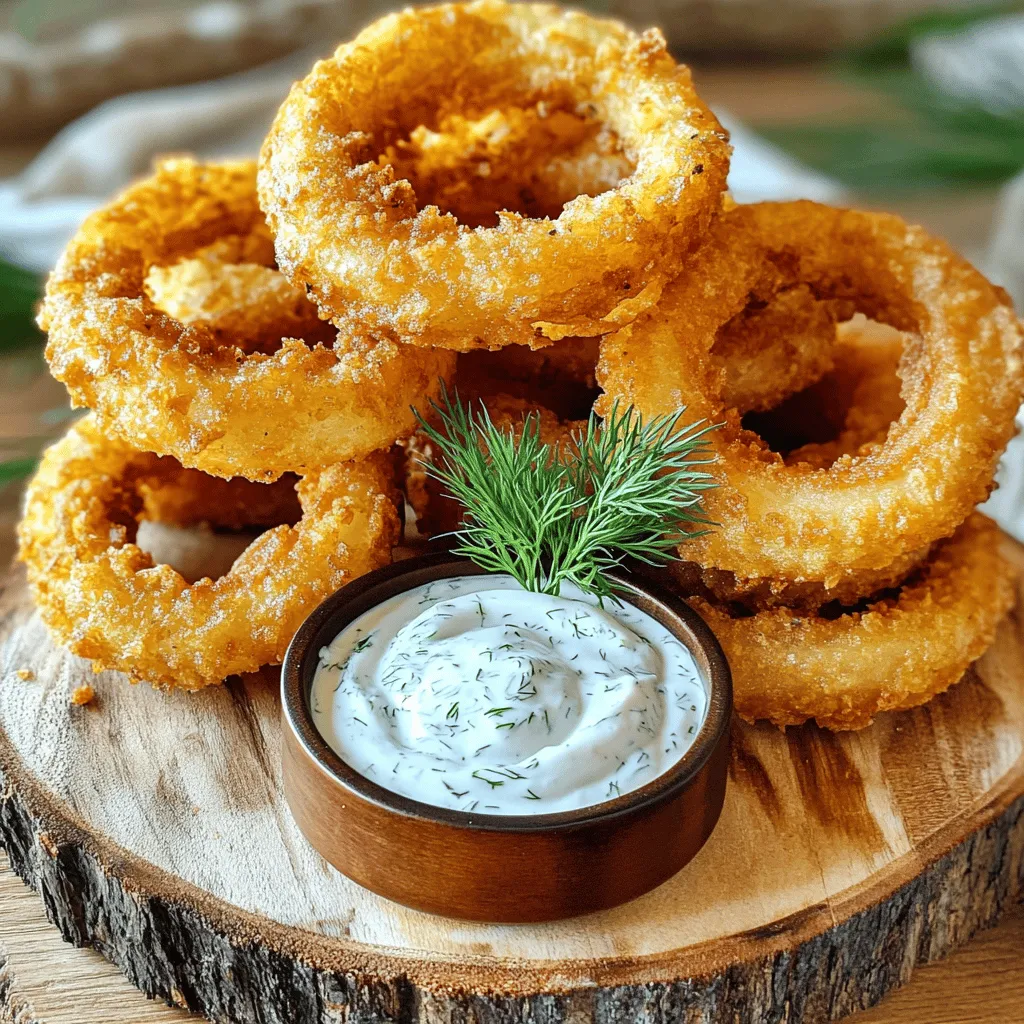 - 2 large onions, sliced into thick rings - 1 cup buttermilk (or milk with vinegar) - 1 cup all-purpose flour - 1 cup panko breadcrumbs - 1 teaspoon garlic powder - 1 teaspoon onion powder - 1 teaspoon paprika - ½ teaspoon salt - ½ teaspoon ground black pepper - Cooking spray - For the Ranch Dip: - ½ cup sour cream - ¼ cup mayonnaise - 1 tablespoon chopped fresh dill (or dried) - 1 teaspoon garlic powder - 1 teaspoon onion powder - Salt and pepper to taste To create crispy air fryer onion rings, gather these ingredients. The buttermilk makes the onions tender and adds flavor. Panko breadcrumbs give the rings their crunch. You can switch the buttermilk with regular milk and vinegar if needed. For the ranch dip, sour cream and mayonnaise provide creaminess. Fresh dill adds a nice touch. If you want, you can use dried dill instead. Mixing garlic and onion powder gives the dip extra flavor. Each ingredient plays a key role in making this dish tasty. Ensure you have everything ready before you start cooking. Start by slicing the onions into thick rings, about ½ inch wide. This size helps them cook evenly. After slicing, gently separate the rings. Soak the onion rings in buttermilk for at least 30 minutes. This step adds flavor and makes them tender. If you don’t have buttermilk, you can mix regular milk with a tablespoon of vinegar. Now, let’s prepare the breading. In one shallow bowl, add 1 cup of all-purpose flour. In another bowl, combine 1 cup of panko breadcrumbs with 1 teaspoon of garlic powder, 1 teaspoon of onion powder, 1 teaspoon of paprika, ½ teaspoon of salt, and ½ teaspoon of ground black pepper. Mix well. Next, take each onion ring from the buttermilk. Let any excess drip off. First, dip the onion ring into the flour, covering it completely. Shake off any extra flour. Then, coat the ring in the breadcrumb mixture. Press gently to make sure the crumbs stick well. Preheat your air fryer to 375°F (190°C). Lightly spray the air fryer basket with cooking spray to prevent sticking. Place the breaded onion rings in a single layer in the basket. Be careful not to overcrowd them; this helps them cook evenly. Lightly spray the tops of the rings with cooking spray, too. Air fry for 10 to 12 minutes. Flip the onion rings halfway through for even cooking. They should look golden brown and crispy when done. While the onion rings cook, let’s make the ranch dip. In a bowl, whisk together ½ cup of sour cream, ¼ cup of mayonnaise, 1 tablespoon of chopped fresh dill, 1 teaspoon of garlic powder, and 1 teaspoon of onion powder. Add salt and pepper to taste. Mix until smooth. You can adjust the seasoning based on your preference. Soaking the onion rings in buttermilk for at least 30 minutes is key. This step adds flavor and makes the onions tender. Buttermilk also helps the breading stick better. For cooking spray, I recommend using a high-quality oil spray. It helps create a nice golden color and crispiness. Avoid overcrowding the air fryer. This allows hot air to flow around the onion rings, making them crisp. If you put too many in at once, they may turn out soggy. Flip the onion rings halfway through cooking. This ensures they brown evenly on both sides, giving you that perfect crunch. To serve your onion rings, stack them in a high pile on a plate. This makes the dish look fun and inviting. Place the creamy ranch dip in a small bowl in the center of the stack. Adding a sprig of fresh dill on top of the dip adds color and makes it look fancy. {{image_2}} To make your onion rings extra tasty, try adding different spices. Here are some suggestions: - Cayenne pepper for some heat. - Italian seasoning for a herby twist. - Cumin for a warm, earthy flavor. You can also switch up the dipping sauce! Instead of ranch, try: - Spicy mayo for a kick. - Honey mustard for a sweet touch. - Barbecue sauce for a smoky flavor. You can use different types of onions to change the taste. Here are some great options: - Sweet onions like Vidalia for a milder flavor. - Red onions for a sharper taste and vibrant color. - Shallots for a more delicate, refined flavor. Each onion type will give your rings a unique twist! Want a gluten-free version? It's easy! Just swap out the ingredients: - Use gluten-free flour instead of all-purpose flour. - Choose gluten-free panko breadcrumbs for the crispy coating. These changes keep the flavor and crunch, making your onion rings safe for everyone! To keep your onion rings fresh, place them in an airtight container. You can store them in the fridge for up to three days. Avoid stacking them to keep them from getting soggy. If you have a lot, use parchment paper between layers. To reheat your onion rings, use the air fryer. Preheat it to 350°F (175°C). Place the onion rings in a single layer and cook for about 5 minutes. This method helps maintain their crispiness. You can also use an oven, but the air fryer is the best way to keep them crunchy. If you want to freeze onion rings, lay them flat on a baking sheet. Freeze them for about an hour. Once frozen, transfer them to a freezer bag. They can last for up to three months. To cook frozen onion rings, air fry them at 375°F (190°C) for about 12-15 minutes. No need to thaw first! Yes, you can use regular milk. Just add 1 tablespoon of vinegar to 1 cup of milk. Let it sit for 5 to 10 minutes. This mix will mimic the tangy flavor of buttermilk. It helps the batter stick better to the onion rings. To get extra crispy onion rings, soak them longer in buttermilk. Aim for 1 hour if you can. Use panko breadcrumbs, as they add great crunch. Also, spray the rings with cooking spray before air frying. This helps them become golden and crispy. Yes, you can air fry many vegetables! Try zucchini, bell peppers, or even cauliflower. Cut them into similar sizes to ensure even cooking. Season them like the onion rings for a tasty treat. If you want to try something different, you can use barbecue sauce or honey mustard. Chipotle mayo adds a nice kick too. Experiment with your favorites for a fun twist! This blog post shared a complete guide to making delicious homemade onion rings. We covered the ingredients you'll need, along with step-by-step instructions. You also learned tips for crispiness and variations for flavor and presentation. Remember, don’t be afraid to explore new spices or sauces. Homemade onion rings can be a fun and tasty snack. Enjoy creating your version and make it your own!