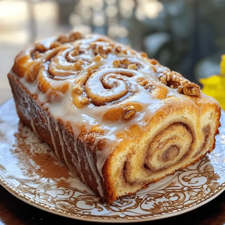 To make a delicious Cinnamon Roll Loaf, gather these ingredients: - 3 cups all-purpose flour - 1 packet (2 ¼ tsp) active dry yeast - ½ cup warm milk (110°F/43°C) - ¼ cup unsalted butter, melted - ¼ cup granulated sugar - 1 teaspoon salt - 1 large egg - 1 tablespoon ground cinnamon - ½ cup brown sugar, packed - ½ cup walnuts, chopped (optional) - 1 teaspoon vanilla extract - 1 cup powdered sugar (for icing) - 2 tablespoons milk (for icing) You can easily swap some ingredients to suit your taste or diet: - Use almond milk instead of regular milk for a dairy-free loaf. - Replace all-purpose flour with whole wheat flour for a heartier option. - If you want a nut-free version, skip the walnuts entirely. - Maple syrup can replace granulated sugar for a unique flavor. - Use cream cheese instead of powdered sugar for the icing for a richer taste. To make this loaf, you will need a few key tools: - Mixing bowls for combining ingredients. - A wooden spoon or spatula for mixing the dough. - A rolling pin for rolling out the dough. - A loaf pan to shape and bake the loaf. - A clean kitchen towel to cover the dough while it rises. - A wire rack for cooling the loaf after baking. - A whisk or fork for mixing the icing. With these ingredients and tools, you are ready to create a lovely Cinnamon Roll Loaf that will impress everyone. Enjoy the process and the tasty results! Start by getting a small bowl. Add warm milk, sugar, and yeast. Mix gently and let it sit for 5 to 10 minutes. You want it to get frothy. This means the yeast is alive and ready to work. If it does not foam, your yeast may be old. Next, grab a mixing bowl. Combine 2 cups of flour and salt. Make a well in the center. Pour in the frothy yeast mix, melted butter, egg, and vanilla extract. Mix it all together. Gradually add the rest of the flour until the dough forms a ball. Now, it's time to knead. Place the dough on a floured surface. Knead for about 5 to 7 minutes. You want it to be smooth and elastic. If it sticks to your hands, sprinkle a little more flour. This helps the dough become soft and easy to work with. Once kneaded, punch down the dough. Roll it out on a floured surface into a rectangle. Aim for about ½ inch thick. In a small bowl, mix brown sugar, cinnamon, and walnuts if you choose to use them. Spread this mixture evenly over the rolled dough. After spreading the filling, roll the dough tightly from the long edge. Pinch the seams to seal it well. Place the log in a greased loaf pan, cut side up. Cover it with a towel and let it rise for another 30 minutes. Preheat your oven to 350°F (175°C) while the dough rises. Bake the loaf for 30 to 35 minutes. Look for a golden brown color. The loaf should smell amazing! Let it cool in the pan for about 10 minutes. Move it to a wire rack to cool completely. Now, your cinnamon roll loaf is ready to slice and enjoy! To get that soft and fluffy texture, knead the dough well. Knead for about 5-7 minutes until smooth. This step helps build gluten, giving the loaf structure. Let the dough rise in a warm spot. This makes it light and airy. One common mistake is not letting the dough rise enough. Always wait until it doubles in size. Another mistake is using cold milk. Warm milk activates the yeast better. Lastly, avoid opening the oven door too soon. This lets out heat and can make the loaf dense. Let the loaf cool in the pan for about 10 minutes. This prevents it from getting soggy. After cooling, move it to a wire rack. For the icing, mix powdered sugar with milk until smooth. Drizzle the icing over the cooled loaf for a sweet finish. {{image_2}} You can make this loaf even more fun! Add chocolate chips or dried fruits to the filling. Chopped chocolate adds rich flavor. Dried fruits like raisins or cranberries bring a sweet twist. Mix them into the brown sugar and cinnamon filling. This simple change adds a burst of flavor in every bite. If you want a sweeter loaf, add more sugar to the filling. You can also use less sugar if you prefer a less sweet treat. This recipe is flexible. Taste the filling before rolling it up. You can always adjust it to match your taste. To make a gluten-free version, swap the all-purpose flour for a gluten-free blend. Make sure the blend has xantham gum for the right texture. For a dairy-free loaf, use almond milk or coconut milk instead of regular milk. Also, replace butter with coconut oil. These swaps keep the loaf delicious without dairy or gluten. To keep your cinnamon roll loaf fresh, wrap it tightly in plastic wrap. You can also use aluminum foil. This keeps air out and helps the loaf stay soft. Store it at room temperature for up to three days. If you plan to keep it longer, consider freezing it. To freeze the loaf, let it cool completely first. Once cooled, wrap it well in plastic wrap. Then, place it in a freezer bag or airtight container. This helps prevent freezer burn. You can freeze the loaf for up to three months. Label the bag with the date so you remember when it was frozen. When you want to enjoy your cinnamon roll loaf, take it out of the freezer. Let it thaw in the fridge overnight. For a warm slice, preheat your oven to 350°F (175°C). Place the loaf in the oven for about 10-15 minutes. This warms it up and revives the soft texture. If you want, you can also microwave a slice for about 15-20 seconds. Drizzle with icing after reheating for a delightful treat! A cinnamon roll loaf is a sweet bread that combines the warm flavors of cinnamon, sugar, and butter in a loaf shape. This treat is soft and fluffy, with a sweet, gooey filling. When baked, it has a golden crust and a delightful aroma that fills the kitchen. People love to enjoy it fresh or toasted, often with a drizzle of icing on top. Yes, you can make the cinnamon roll loaf in advance. Prepare the dough, let it rise, and shape it into a loaf. Then, cover it and place it in the fridge overnight. The next day, allow it to rise at room temperature for about 30 minutes before baking. This method saves time and gives you fresh bread with little effort. To check if the loaf is done, look for a golden-brown crust. You can also tap the bottom of the loaf; it should sound hollow. The internal temperature should be around 190°F (88°C). If you follow these tips, you will get a perfect loaf every time. If you do not want to use walnuts, there are many options. You can use pecans, almonds, or even leave them out entirely. For a nut-free version, consider adding raisins, chocolate chips, or even dried fruit. These additions will still give your loaf a great flavor. To keep your loaf light and fluffy, make sure the yeast is fresh and active. Allow the dough to rise fully before baking. Knead the dough well to develop gluten. Lastly, avoid adding too much flour while kneading. This will help create a soft, airy texture in your cinnamon roll loaf. You learned about making a delicious cinnamon roll loaf. We covered the key ingredients, tools needed, and step-by-step baking instructions. I shared tips to get the right texture, avoid common mistakes, and how to store your loaf. You can also explore fun variations and address common questions. As you try this recipe, remember that baking takes practice. Enjoy the process, and soon, you'll be making perfect loaves to share. Happy baking!