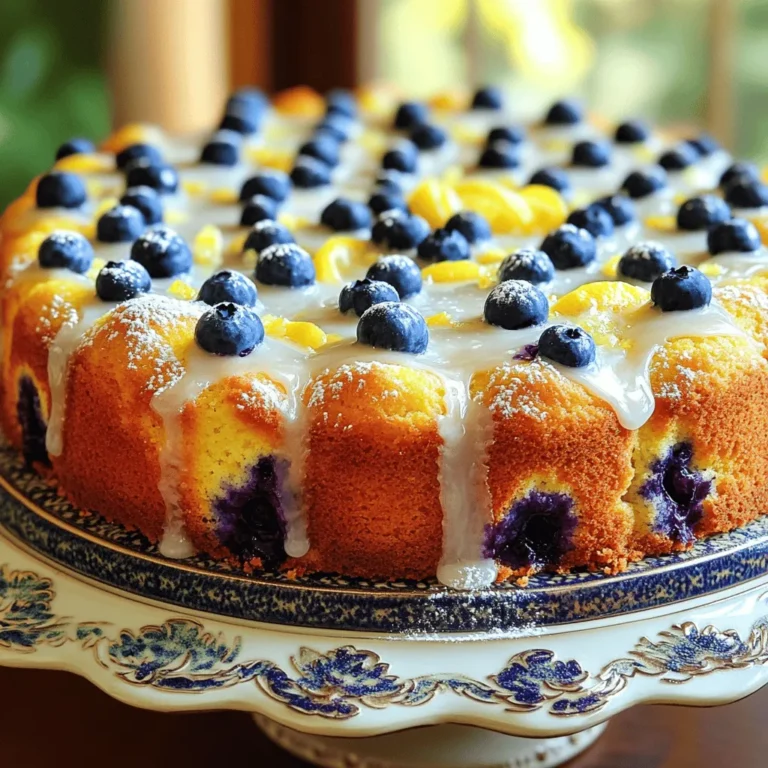 To make a tasty Blueberry Lemon Pound Cake, gather these ingredients: - 1 ½ cups all-purpose flour - 1 teaspoon baking powder - ½ teaspoon baking soda - ½ teaspoon salt - ¾ cup unsalted butter, softened - 1 cup granulated sugar - 3 large eggs - 1 tablespoon lemon zest - 2 tablespoons fresh lemon juice - 1 teaspoon vanilla extract - 1 cup fresh blueberries (or frozen, if in season) - ½ cup powdered sugar (for glaze) - 2 tablespoons fresh lemon juice (for glaze) If you need to swap ingredients, here are some ideas: - Use whole wheat flour for a heartier cake. - Swap unsalted butter for coconut oil for a dairy-free option. - You can use brown sugar instead of granulated sugar for a richer flavor. - If you don’t have fresh blueberries, frozen ones work too. Just toss them in flour to prevent sinking. - For a citrus twist, try orange zest instead of lemon. Using high-quality ingredients makes a big difference. Fresh lemons give a bright flavor. Good butter adds richness. When you use fresh blueberries, you get the best taste and texture. The better your ingredients, the better your cake will be. Always choose the best you can find for a delicious result. First, set your oven to 350°F (175°C). This is the right temperature for baking. Next, grease a 9x5 inch loaf pan with butter or non-stick spray. This step helps the cake slide out easily after baking. In a medium bowl, whisk together the dry ingredients. Combine 1 ½ cups of all-purpose flour, 1 teaspoon of baking powder, ½ teaspoon of baking soda, and ½ teaspoon of salt. Mixing these well ensures the cake rises evenly and has great texture. In a large bowl, beat ¾ cup of softened unsalted butter with 1 cup of granulated sugar. Use an electric mixer on medium speed. Mix for about 3-4 minutes until the mixture is light and fluffy. This step adds air to the batter, making your cake tender. Add 3 large eggs to the butter-sugar mixture, one at a time. Mix well after each egg. Then, add 1 tablespoon of lemon zest, 2 tablespoons of fresh lemon juice, and 1 teaspoon of vanilla extract. Mix until everything is well combined. These flavors create a bright and fresh taste. Gradually add the dry mixture to the wet ingredients. Mix just until combined. Avoid overmixing, as this can make the cake tough. A few flour streaks are okay; the batter will mix more as you fold in the blueberries. Gently fold in 1 cup of fresh blueberries using a spatula. Be careful not to crush them. This step ensures the blueberries are evenly spread throughout the batter for bursts of flavor in each bite. Pour the batter into the prepared loaf pan. Smooth the top with a spatula. Bake in the oven for 55-60 minutes. To check if it is done, insert a toothpick into the center; it should come out clean. If the top browns too quickly, tent it with foil. Once baked, let the cake cool in the pan for about 10 minutes. Then, transfer it to a wire rack to cool completely. This helps the cake set properly and enhances its flavor. To make a moist pound cake, use softened butter. Softened butter traps air well, making the cake fluffy. Don't overmix your batter. Mix just until the dry and wet ingredients combine. Overmixing can lead to a dry cake. Also, don't skip the eggs. They add moisture and richness. You can add a bit more lemon juice for extra zing, but be careful not to add too much. One big mistake is not preheating your oven. Always preheat for even baking. Another mistake is skipping the greasing step. Grease your pan well to avoid sticking. Make sure to check your cake with a toothpick. If it comes out clean, your cake is ready. If the top browns too fast, cover it with foil. This helps it bake evenly without burning. When adding blueberries, be gentle. Use a spatula to fold them in slowly. This helps keep them whole. If you break them, the color can bleed into the batter. You can also toss the blueberries in a bit of flour before adding them. This helps them stay suspended in the batter. This way, you get blueberries in every slice! {{image_2}} You can switch up the fruits in this cake to match your taste. Try raspberries or blackberries for a twist. Both fruits give a nice tartness that pairs well with lemon. You can also add diced peaches or strawberries to add sweetness. If you want a different flavor, consider adding nuts like walnuts or almonds. These add crunch and a unique taste to the cake. If you need a gluten-free cake, replace all-purpose flour with a gluten-free blend. Look for a blend that has xanthan gum for better texture. You can find many brands at the store. Just be sure to check the label to ensure it fits your diet. The rest of the recipe stays the same. This way, you still get a rich, tasty pound cake without gluten. To make this cake vegan, replace the eggs with flaxseed meal or applesauce. Use 1 tablespoon of flaxseed meal mixed with 3 tablespoons of water for each egg. For butter, switch to a vegan butter or coconut oil. Make sure your vanilla extract is pure and made without animal products. The lemon juice and zest will still add that fresh flavor. You won’t miss the eggs or dairy in this cake! To keep your Blueberry Lemon Pound Cake fresh, wrap it tightly. Use plastic wrap or aluminum foil. This helps seal in moisture. Store it at room temperature for up to three days. If you want it to last longer, move it to the fridge. It can stay fresh there for up to a week. If you have leftovers, freezing is a great option. First, let the cake cool completely. Once cool, slice it into pieces. Wrap each slice in plastic wrap. This helps prevent freezer burn. Then, place the wrapped slices in a freezer-safe bag. You can freeze the cake for up to three months. When you want to enjoy your cake again, reheating is easy. For individual slices, use the microwave. Heat it for about 15-20 seconds. This warms it without drying it out. If you prefer the oven, preheat it to 350°F (175°C). Place the cake on a baking sheet for 10-15 minutes. This keeps it soft and tasty. Enjoy your delicious Blueberry Lemon Pound Cake! Yes, you can use frozen blueberries. They work well in the batter. Just make sure to toss them in a bit of flour before adding them. This helps them stay whole and not sink to the bottom. Frozen berries can add a nice chill to your cake. If using frozen, there's no need to thaw them first. You can check if the cake is done by inserting a toothpick into the center. If it comes out clean or with a few crumbs, the cake is ready. The edges should also pull away from the pan slightly. If it looks too brown on top, cover it with foil to prevent burning. Blueberry Lemon Pound Cake pairs well with many things. You can serve it with whipped cream or a scoop of vanilla ice cream. Fresh berries on the side add a nice touch too. A drizzle of the lemon glaze enhances the flavor even more. You could also enjoy it with a cup of tea or coffee. The cake stays fresh for about 3 days at room temperature. Store it in an airtight container to keep it moist. If you put it in the fridge, it can last up to a week. For longer storage, freeze the cake. Just wrap it well in plastic wrap and then foil. It can last up to 3 months in the freezer. Making Blueberry Lemon Pound Cake is fun and simple. We covered the best ingredients, and I shared tips for success. You can swap ingredients, choose quality, and avoid common mistakes. I included ways to mix flavors and storage tips to keep your cake fresh. In the end, this cake brings joy and flavor to any occasion. Enjoy baking, and let your creativity shine!