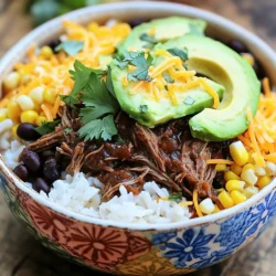 - 2 lbs beef chuck roast - 1 medium onion, chopped - 4 cloves garlic, minced - 2 teaspoons ground cumin - 2 teaspoons dried oregano - 1 teaspoon smoked paprika - 1 teaspoon ground black pepper - 1 teaspoon salt - 1 cup beef broth - 1/4 cup lime juice - 2 chipotle peppers in adobo sauce, finely chopped The beef chuck roast is the star of the dish. It cooks low and slow, turning tender and flavorful. Onions and garlic add depth to the taste. The spices—cumin, oregano, smoked paprika, black pepper, and salt—bring warmth and complexity. The beef broth and lime juice create a rich sauce and tangy brightness. Chipotle peppers add a smoky kick that makes this barbacoa special. - 1 can (15 oz) black beans, drained and rinsed - 1 cup corn (fresh, frozen, or canned) - 2 cups cooked rice (white or brown) For the burrito bowls, black beans add protein and fiber. Corn brings sweetness and texture. Choose white or brown rice for your base; both work well. These ingredients create a hearty foundation for your bowl. - Chopped fresh cilantro - Avocado slices - Shredded cheese (cheddar or Monterey Jack) - Sour cream or Greek yogurt Toppings make your burrito bowl shine. Fresh cilantro adds a bright, herbal note. Creamy avocado slices balance the flavors. Shredded cheese adds richness, and a dollop of sour cream or Greek yogurt offers tang. These garnishes elevate the dish and make it visually appealing. First, gather your ingredients. You will need onions, garlic, spices, and the beef. In the slow cooker, combine the chopped onions, minced garlic, cumin, oregano, smoked paprika, black pepper, and salt. This mix adds flavor to the beef. Next, place the beef chuck roast on top of this spice mix. The beef will soak in all those flavors as it cooks. Now, let’s prepare the broth. In a bowl, mix the beef broth, lime juice, and chopped chipotle peppers. This adds a nice kick to your dish. Pour this mixture over the beef in the slow cooker. Cover the slow cooker and set it to low heat for 8 hours. The beef should become tender and easy to shred. After cooking, remove the beef from the slow cooker. Use two forks to shred the beef into bite-sized pieces. Return the shredded beef to the slow cooker and stir it into the sauce. Now, it’s time to build your burrito bowls. In serving bowls, layer the cooked rice, black beans, corn, and shredded beef. Finally, top each bowl with avocado slices, shredded cheese, fresh cilantro, and a dollop of sour cream or Greek yogurt. This makes the dish colorful and tasty! Choosing the right cut of beef Use beef chuck roast for the best flavor. This cut has enough fat to stay tender as it cooks. You want the beef to shred easily after cooking. Avoid lean cuts, as they can dry out. Importance of seasoning Seasoning is key to great barbacoa. I mix spices like cumin, oregano, and smoked paprika. These spices add depth and richness. Don't forget salt and pepper; they enhance all the flavors. The more you season, the better your dish. Bowl assembly tips Layering is essential for burrito bowls. Start with cooked rice as the base. Then, add black beans and corn for texture. Top with shredded barbacoa for a savory kick. This mix creates a hearty meal. Presentation ideas for a vibrant look Use colorful bowls to make your meal pop. Arrange avocado slices and shredded cheese neatly. Add cilantro for a fresh touch. A beautiful presentation makes the meal more enjoyable. Exploring different toppings Get creative with toppings! Try adding jalapeños for heat. Fresh salsa or pico de gallo can elevate the flavor. You can also include pickled onions for a tangy twist. Substitutions for dietary preferences If you need a dairy-free option, skip the cheese and sour cream. Use avocado or guacamole instead. For a vegetarian dish, replace beef with jackfruit or beans. These swaps keep the flavors while meeting your needs. {{image_2}} You can switch out the beef for chicken or pork. Chicken thighs work best. They stay moist and tender. For pork, use shoulder or butt cuts. Both meats soak up flavors well. If you want a vegetarian option, try jackfruit. It shreds easily like beef. You can also use lentils or chickpeas. They add protein and texture to your bowls. To add some heat, toss in jalapeños. Slice them and mix them in with the beef. For a milder flavor, remove the seeds. You can also try roasted red peppers for a different taste. Experiment with spices to enhance the flavor. Add chili powder for more warmth. Smoked paprika adds a rich, deep flavor. You can also try fresh herbs like cilantro or oregano for a fresh twist. Rice is a common base, but you can use quinoa instead. Quinoa is high in protein and has a nutty taste. Cauliflower rice is also a great low-carb choice. It adds volume without the carbs. You can mix in other grains too. Try farro or barley for a chewy texture. Pulses like black-eyed peas or kidney beans make great additions for even more protein and fiber. To store your beef barbacoa leftovers, place them in airtight containers. This keeps them fresh longer. Let the beef cool before sealing. In the fridge, these bowls can last for about 3 to 4 days. Make sure to label the containers with the date. This way, you won’t forget when you made them! If you want to keep the beef barbacoa longer, you can freeze it. First, let it cool completely. Then, transfer it to freezer bags or containers. Squeeze out any extra air before sealing. It can last for up to 3 months in the freezer. When you’re ready to eat, thaw it overnight in the fridge. For reheating, heat it on the stove or in the microwave. Add a splash of beef broth to keep the texture nice. Meal prep makes busy days easier. You can prep the beef barbacoa ahead of time. Cook a big batch and store it for later. Divide the cooked rice, beans, and corn into separate containers. This allows you to mix and match your burrito bowls all week. Just add your favorite toppings when you are ready to eat! You will know the beef is done when it is tender and easy to shred. The meat should fall apart with little effort. You can check it by using two forks. If the forks pull the meat apart easily, it’s ready. The slow cooking method helps break down the tough fibers in the beef. Always aim for a cook time of about 8 hours on low heat. Yes, you can! If you do not have a slow cooker, you can use an oven or a pressure cooker. For the oven method, you can cook the beef in a covered pot at 300°F for about 3-4 hours. The pressure cooker will cook the beef much faster, usually in about 1.5 hours. Just make sure to follow the same steps for seasoning and adding liquids. Burrito bowls can be paired with many sides. Here are some great options: - Fresh salsa or pico de gallo - Tortilla chips with guacamole - Mexican street corn salad - A simple green salad with lime dressing - Drinks like iced tea or a refreshing limeade These sides will add flavor and variety to your meal! Beef barbacoa is simple to make. You can cook tender beef with onions, spices, and more in a slow cooker. After shredding, use it for tasty burrito bowls topped with fresh ingredients. Customize with different proteins, grains, and spices to suit your taste. Store leftovers properly in the fridge or freezer for later. Now, you’re ready to enjoy your homemade barbacoa and impress your family!
