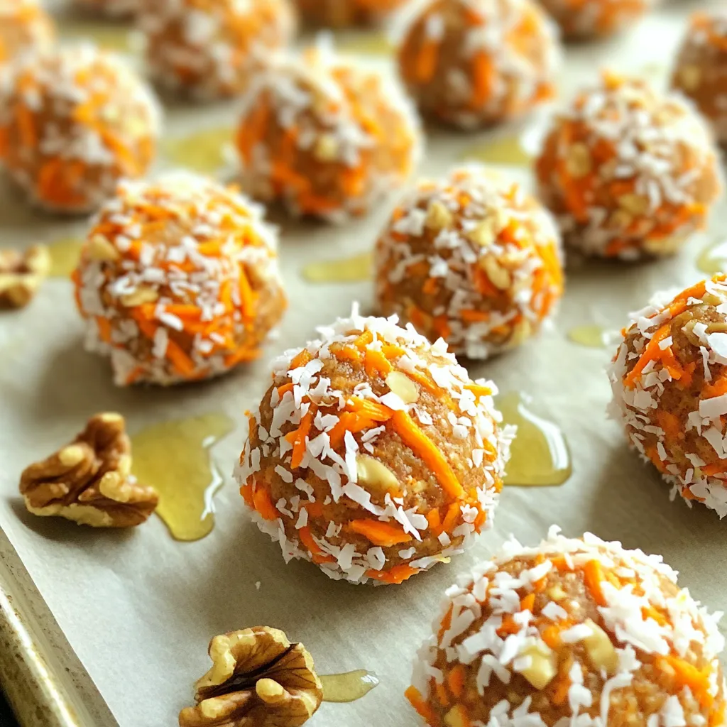 For these tasty carrot cake energy bites, gather the following: - 1 cup rolled oats - 1 cup shredded carrots (about 2 medium carrots) - 1/2 cup walnuts, chopped - 1/4 cup almond butter or peanut butter - 1/4 cup honey or maple syrup - 1 teaspoon vanilla extract - 1 teaspoon ground cinnamon - 1/4 teaspoon nutmeg - 1/4 teaspoon salt - 1/4 cup raisins or cranberries (optional) You can play with these optional ingredients to make your bites unique: - Add 1/4 cup shredded coconut for extra texture. - Swap walnuts for pecans or almonds for different flavors. - Use dried apricots or cherries instead of raisins or cranberries. - Mix in a scoop of protein powder for an energy boost. These ingredients offer a wealth of nutrition: - Rolled oats provide fiber and energy, helping you feel full. - Shredded carrots add vitamins A and K, along with antioxidants. - Walnuts are rich in healthy fats, supporting heart health. - Nut butter supplies protein and healthy fats, great for energy. - Honey or maple syrup adds sweetness and quick energy. - Cinnamon and nutmeg not only flavor but also have health benefits. Each bite is a balance of taste and nutrition, making them perfect for a quick snack. Start by gathering all your ingredients. You need rolled oats, shredded carrots, chopped walnuts, almond or peanut butter, honey or maple syrup, vanilla extract, ground cinnamon, nutmeg, and salt. If you like, you can add raisins or cranberries too. In a large mixing bowl, combine the rolled oats, shredded carrots, and chopped walnuts. Make sure you mix them well. In another bowl, mix the almond butter, honey, vanilla extract, cinnamon, nutmeg, and salt. Stir until it’s smooth. Next, pour the wet mixture over the dry ingredients in the large bowl. If you chose to add raisins or cranberries, do it now. Stir everything together until the dry ingredients are well coated. You might need to use your hands for better mixing. For the best texture, make sure all ingredients blend well. If the mix feels too dry, add a bit more almond butter or honey. If it’s too wet, add a few more oats. The right balance will help the energy bites hold together when rolled. Try to avoid overmixing. Just combine until it feels right. You want a sticky texture that holds together but is not too wet. After mixing, cover the bowl with plastic wrap. Place it in the fridge for at least 30 minutes. This helps the mixture firm up, making it easier to roll. Once chilled, take the mixture out. Scoop tablespoon-sized portions. Roll each portion into a ball using your hands. It helps to keep your hands slightly damp to prevent sticking. Place the energy bites on a parchment-lined tray. If you want some extra flair, roll them in shredded coconut, crushed walnuts, or cinnamon. Store your energy bites in an airtight container in the fridge for up to a week, or freeze them for longer storage. Enjoy your tasty snack! You can change the taste of your carrot cake energy bites easily. Try adding different spices like ginger or allspice for a warm kick. If you want a sweeter bite, mix in some chocolate chips. You can also swap in other nuts like pecans or almonds. For fruit lovers, add dried cherries or apricots. Each choice brings a new flavor. One common mistake is not chilling the mix long enough. Chilling helps the bites hold their shape. If you skip this step, your bites may fall apart. Another mistake is not mixing well. Make sure every dry piece gets coated with the wet mix. This ensures even flavor. Lastly, don’t rush the rolling. Take your time to make nice, round balls. When rolling, use clean hands and lightly wet them to prevent sticking. This makes rolling easier and cleaner. Store your energy bites in an airtight container to keep them fresh. They stay good for a week in the fridge. For longer storage, freeze them. Just remember to separate them with parchment paper to avoid sticking. This way, you can grab one whenever you want a tasty snack! {{image_2}} You can switch out walnuts for other nuts or seeds. Here are some ideas: - Pecans add a sweet and buttery taste. - Almonds give a crunchy texture. - Sunflower seeds are great for nut-free bites. - Pumpkin seeds add a fun crunch with a slight chewy feel. Each nut or seed changes the flavor and texture. Feel free to experiment until you find your favorite mix. If you want a vegan version, swap honey for maple syrup. For nut-free bites, use sunflower seed butter instead of almond or peanut butter. This keeps the bites tasty and safe for those with nut allergies. You can also skip the raisins or cranberries. Instead, try chopped dates or dried figs for sweetness. These swaps help you fit your diet while keeping the flavor. You can make these bites different each season. In spring, add fresh herbs like mint or basil for a twist. In fall, try pumpkin puree for a rich flavor. You can also mix in spices like ginger or cloves for warmth. In summer, use finely chopped fruits like peaches or strawberries. This gives a fresh taste and brightens the bites. Each season offers new chances to enjoy these tasty snacks! To keep your carrot cake energy bites fresh, store them in an airtight container. Place the bites in the fridge immediately after making them. This helps maintain their taste and texture. They will stay good for up to a week. If you notice any moisture inside the container, it’s best to replace it. For longer storage, freezing is a great option. First, place the energy bites on a baking sheet. Make sure they don’t touch each other. Freeze them for about an hour. Once they are solid, transfer them to a freezer-safe bag or container. Label the bag with the date. These bites can last up to three months in the freezer. Check for any signs of spoilage before eating. If you see mold, it's time to toss them. Also, if they smell off or have a strange texture, don’t eat them. Fresh bites should smell sweet and spicy, just like carrot cake. If they lose that fresh scent, they may have gone bad. Yes, you can use other nut butters. Peanut butter works well too. Sunflower seed butter is a great choice if you need a nut-free option. Each nut butter adds unique flavor. Choose one you enjoy for the best taste. These energy bites stay fresh for up to a week in the fridge. Store them in an airtight container to keep them moist. If you want them to last longer, freeze them. They can last up to three months in the freezer. If you want a substitute for honey or maple syrup, try agave nectar or brown rice syrup. You can also use coconut nectar for a different flavor. Just keep in mind that each sweetener has its own taste and sweetness level. Adjust the amount to suit your preference. We covered the key ingredients, preparation, and customization tips for energy bites. You can make these bites your own with various flavors and textures. Remember to store them properly for lasting freshness. Mistakes are common, but now you know how to avoid them. Using the right swaps ensures you meet dietary needs. Energy bites are fun and easy to make, perfect for any snack. By following these steps, you can enjoy a healthy treat anytime. Get creative and enjoy your tasty, nutritious energy bites!
