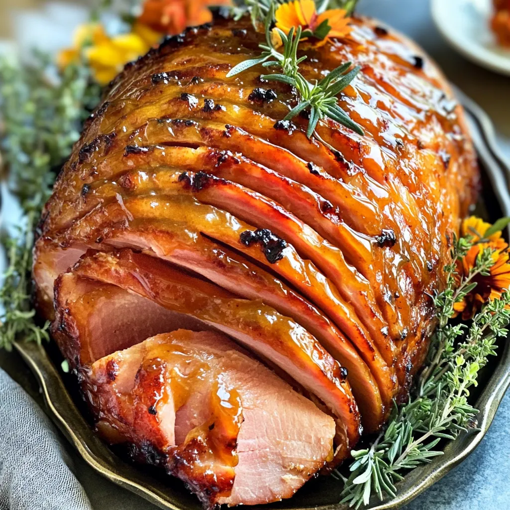 - Fully cooked ham - Pure maple syrup - Brown sugar - Dijon mustard - Ground cinnamon - Ground cloves - Black pepper - Apple cider vinegar - Fresh herbs for garnish - Pineapple slices - Orange juice or zest - Additional spices (e.g., nutmeg) When you make Maple Brown Sugar Glazed Ham, gather all your ingredients first. This makes cooking smoother and more fun. You need a fully cooked ham, about 5 to 7 pounds. I like to use a bone-in ham for added flavor. Next, grab one cup of pure maple syrup. This syrup gives the ham a sweet, rich taste. Brown sugar adds a lovely caramel flavor. Pack one cup of it tightly. For a little tang, you’ll need a quarter cup of Dijon mustard. It balances the sweetness well. Next, use ground cinnamon and ground cloves. You will need one teaspoon of cinnamon and half a teaspoon of cloves. These spices add warmth and depth to the glaze. Don't forget the black pepper! You’ll only need a quarter teaspoon. It gives a hint of spice that works well with the sweet flavors. For a bit of acidity, grab a quarter cup of apple cider vinegar. This adds brightness and helps balance the dish. Lastly, fresh herbs like rosemary or thyme make a beautiful garnish. They add color and fresh aroma to the dish. If you want to enhance the flavor, consider optional ingredients. Pineapple slices can add a tropical twist. Orange juice or zest brings a nice citrus note. You can also try extra spices like nutmeg for an interesting depth. With all these ingredients ready, you're set to create a fantastic dish that will impress your family and friends! - Preheat your oven to 325°F (160°C). This helps cook the ham evenly. - Place the ham in a roasting pan, cut side down. This keeps it juicy. - In a medium saucepan, combine the maple syrup, brown sugar, Dijon mustard, ground cinnamon, ground cloves, black pepper, and apple cider vinegar. - Heat the mixture over medium heat. Stir it until the sugar dissolves. This takes about 3 to 5 minutes. - Brush a generous amount of the glaze over the ham. Make sure to coat it evenly. - Cover the ham loosely with aluminum foil. Place it in the oven and bake for about 1.5 to 2 hours. - Check the internal temperature. It should reach 140°F (60°C). Baste with additional glaze every 30 minutes. - In the last 30 minutes of baking, remove the foil. This helps the glaze caramelize and become sticky. - Once done, take the ham out of the oven. Let it rest for about 15 to 20 minutes before slicing. To make the glaze sticky, focus on the heat. Cook it gently to blend the flavors. Stir well until the sugar dissolves fully. This usually takes about 3-5 minutes. If you want a sweeter glaze, add more brown sugar or maple syrup. For less sweetness, reduce these ingredients slightly. Baking time may vary based on ham size. A 5-7 pound ham takes about 1.5 to 2 hours. Always check the internal temperature with a meat thermometer. It should reach 140°F (60°C) for safety. Baste the ham every 30 minutes for the best flavor and moisture. Arrange sliced ham artfully on a large platter. Drizzle any leftover glaze over the top. This adds shine and flavor. For a pop of color, use fresh herbs like rosemary or thyme as a garnish. Place them near the ham or sprinkle them on top. {{image_2}} You can change the flavor of your Maple Brown Sugar Glazed Ham by adding citrus. Try using orange juice or lemon zest in your glaze. This adds a bright, fresh taste. The citrus cuts through the sweetness and adds balance. You can also add spices for more depth. Think about using nutmeg or allspice. Just a pinch can give a warm, cozy feel. Mix and match these flavors to create your own unique glaze. Using spiral-sliced ham is a great option. It allows for even cooking and easy serving. Just make sure to adjust your cooking time. A smaller ham cooks faster than a larger one. Always check the internal temperature to be safe. If you choose a bone-in ham, it takes longer to cook. Plan for about 15 to 20 minutes per pound. A meat thermometer helps ensure your ham is done. Aim for an internal temperature of 140°F (60°C). If you want a different taste, use honey instead of maple syrup. Honey gives a lovely floral note and works well with the other flavors. You may need to adjust the amount of honey since it's sweeter than maple syrup. You can also swap brown sugar for coconut sugar if you're looking for a healthier option. It adds a subtle caramel flavor. Just keep in mind that the color of the glaze may change slightly. Experiment with these variations to find your perfect match! To store leftover ham, wrap it tightly in plastic wrap or foil. Place it in an airtight container. This keeps the ham moist and fresh. Store it in the fridge. Use the leftover ham within three to five days for best taste. For long-term storage, you can freeze the ham. Slice it into portions for easier use later. Wrap each piece tightly in plastic wrap. Then place the wrapped ham in a freezer bag. Label the bag with the date. To thaw, move the ham to the fridge a day before using. For reheating, you can warm it in the oven at 325°F until heated through. Stored in the fridge, ham lasts three to five days. In the freezer, it can last up to six months. Signs of spoilage include a sour smell, slimy texture, or discoloration. If you notice these signs, it's best to discard the ham. Always trust your senses when checking food freshness. The best ham for glazing is a fully cooked ham. Look for a bone-in or spiral-sliced ham. These types hold moisture well and allow the glaze to soak in. Bone-in hams add flavor, while spiral-sliced hams are easy to serve. Both options work great for my maple brown sugar glaze. Yes, you can make the glaze ahead of time. Simply mix the maple syrup, brown sugar, Dijon mustard, and spices. Store it in the fridge for up to a week. When ready, just warm it on the stove before using. This saves time on busy days and makes dinner prep easier. To check if the ham is fully cooked, use a meat thermometer. The internal temperature should reach 140°F (60°C). Insert the thermometer into the thickest part of the ham, avoiding the bone. Once it reaches the proper temperature, your ham is ready to serve. - Is it necessary to baste the ham during cooking? Basting the ham is not necessary, but it helps add flavor. Every 30 minutes, brush more glaze over the ham. This keeps the glaze sticky and flavorful, creating a beautiful caramelized surface. - Can I use a slow cooker for this recipe? Yes, you can use a slow cooker for this recipe. Simply place the ham in the slow cooker and pour the glaze over it. Cook on low for 4 to 6 hours. This method makes the ham tender and juicy. Just ensure to check the internal temperature to confirm it is cooked through. In this post, we covered how to glaze a ham with a tasty recipe. You learned about the right ingredients, preparation, and baking steps. Plus, I shared tips for perfecting your glaze and enhancing flavors. Don’t forget the storage tips to keep your leftovers fresh. Whether for a holiday feast or a family dinner, this dish will impress your guests. Remember, cooking is about fun and creativity. Enjoy every bite you prepare!