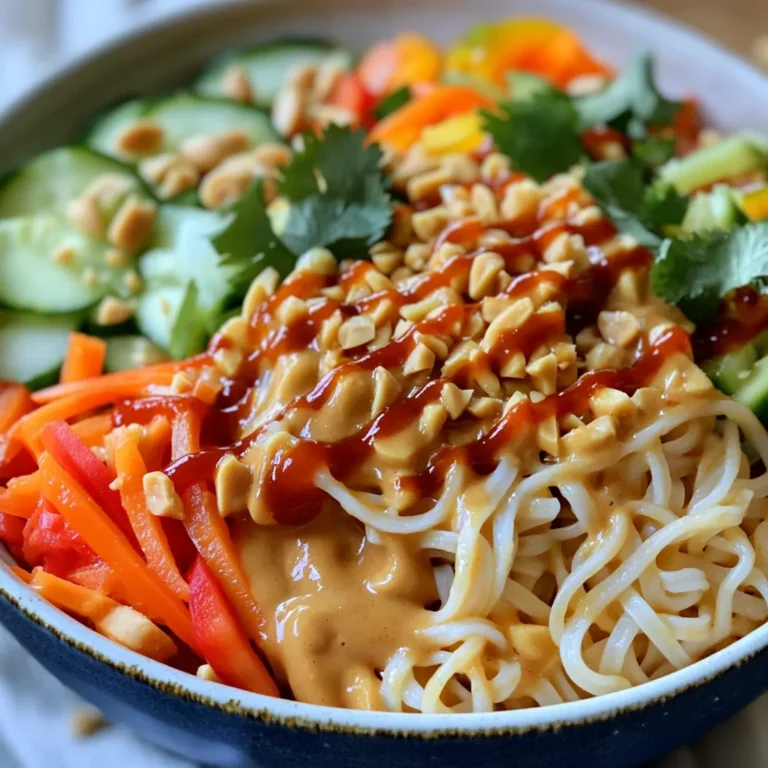 To make Spicy Peanut Noodle Bowls, gather these simple ingredients: - 8 oz rice noodles - 1/4 cup creamy peanut butter - 2 tablespoons soy sauce - 1 tablespoon sesame oil - 1 tablespoon sriracha (adjust for heat preference) - 2 cloves garlic, minced - 1 tablespoon lime juice - 1 cup shredded carrots - 1 cup cucumber, julienned - 1 cup bell pepper, thinly sliced (any color) - 1/4 cup green onions, sliced - Crushed peanuts and cilantro for garnish You can swap some ingredients if needed: - Use whole wheat noodles instead of rice noodles. - Almond butter works well if you lack peanut butter. - Coconut aminos can replace soy sauce for a gluten-free option. - You can use olive oil instead of sesame oil. - For extra spice, add more sriracha or some red pepper flakes. This recipe serves four. If you need to adjust, here are some quick tips: - For two servings, use half of each ingredient. - For six servings, multiply each ingredient by 1.5. - Adjust the sauce to taste, especially if you change the noodle amount. These tips help you make the most flavorful Spicy Peanut Noodle Bowls, whatever the size! Start by cooking the rice noodles. Boil water in a pot. Add the noodles and cook for 3-5 minutes. Stir them gently to prevent sticking. When the noodles are soft, drain them. Rinse under cold water to stop cooking. Set them aside while you prepare the sauce. In a large bowl, mix the creamy peanut butter with soy sauce. Add sesame oil, sriracha, minced garlic, and lime juice. Whisk until smooth. If it feels too thick, add a tablespoon of warm water. This will help thin it out. You want a creamy consistency that coats the noodles well. Now, add the drained rice noodles to the bowl with the peanut sauce. Toss them together until the noodles are fully coated. Next, fold in shredded carrots, julienned cucumber, and sliced bell pepper. This adds crunch and color. Mix everything well to combine. Serve in bowls and top with green onions, crushed peanuts, and fresh cilantro. Enjoy your meal! To make the best sauce, use creamy peanut butter. Mix it with soy sauce, sesame oil, and sriracha. I love adding minced garlic and lime juice for a fresh kick. If the sauce is thick, add warm water, one tablespoon at a time, until smooth. Taste and adjust the sriracha for heat. This sauce can be the star of your dish. Cook rice noodles according to package instructions. It usually takes about 3-5 minutes. Once they are soft, drain and rinse them with cold water. This stops the cooking and keeps them from sticking. If you want, you can toss them with a little sesame oil to add flavor and prevent clumping. For a great presentation, use a large bowl or individual dishes. Arrange the noodles in a nest. Top with shredded carrots, cucumber, and bell pepper. Sprinkle sliced green onions, crushed peanuts, and fresh cilantro on top. This adds color and crunch. Serve immediately for the best taste! {{image_2}} You can boost your Spicy Peanut Noodle Bowls with protein. Try adding grilled chicken, shrimp, or tofu. Each choice adds flavor and fills you up. For chicken, use cooked, shredded pieces. For shrimp, sauté them until they turn pink. If you choose tofu, press it to remove moisture, then cube and fry until golden. This way, you make the dish more satisfying. Feel free to change the veggies based on what you have. Broccoli, snap peas, or zucchini work well. You can also add edamame for a protein-packed crunch. Use what you enjoy or what’s in your fridge. Mixing colors makes your bowl more vibrant and fun. This way, you create a dish that’s unique every time. You control the heat in this recipe! If you love spice, add more sriracha or chili flakes. For less heat, reduce the sriracha or leave it out. You can also add a dash of honey to balance the spice if it gets too hot. Experiment to find the perfect level for your taste buds. Enjoy the process of making it just right for you! Store any leftover spicy peanut noodle bowls in an airtight container. Make sure the noodles and veggies are cool before sealing them. This keeps them fresh for up to three days. When you're ready to eat, you can reheat the noodles in a microwave or on the stove. For the microwave, place the noodles in a bowl and cover it. Heat in 30-second intervals, stirring in between until warm. If using the stove, add a splash of water to a pan. Heat over medium heat and stir until warm. You can freeze the noodles, but the veggies will lose some crunch. To freeze, place the noodles in a freezer-safe container. They can last up to three months. When you're ready to use them, let them thaw overnight in the fridge. Reheat as described above. Yes, you can use other noodles. If you don’t have rice noodles, try spaghetti or udon noodles. Just cook them according to the package instructions. The taste will change slightly, but they will still be delicious. Whole wheat or gluten-free pasta works as well. Feel free to experiment with what you have! The spice level depends on the sriracha you add. One tablespoon gives a nice kick. If you want more heat, add more sriracha. If you like it mild, you can skip it altogether. Remember, you control the heat in this dish. Adjust it to fit your taste! These bowls pair well with many sides. Try a simple cucumber salad for freshness. You can also serve grilled chicken or shrimp for protein. Roasted broccoli or snap peas add great crunch too. For a full meal, serve with some spring rolls or dumplings. Enjoy the mix of flavors! This blog post covered all you need for Spicy Peanut Noodle Bowls. We went through key ingredients, how to cook them, and the best tips for perfect results. Remember, you can swap ingredients and adjust the heat. Don’t forget to store leftovers properly for later enjoyment. Whether you add protein or veggies, these noodles are versatile. Try out different variations to find your favorite. Enjoy your cooking, and happy eating!
