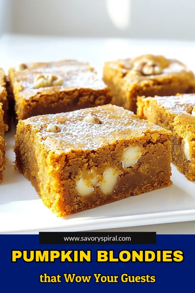 Indulge in the deliciousness of Pumpkin Blondies with White Chocolate! This easy recipe combines pumpkin puree, warm spices, and creamy white chocolate for a sweet treat that's perfect for fall. Follow our simple steps to create these moist, chewy blondies that will delight your taste buds. Ready to bake? Click to explore the full recipe and impress your friends and family! #PumpkinBlondies #FallBaking #DessertRecipes #SweetTreats
