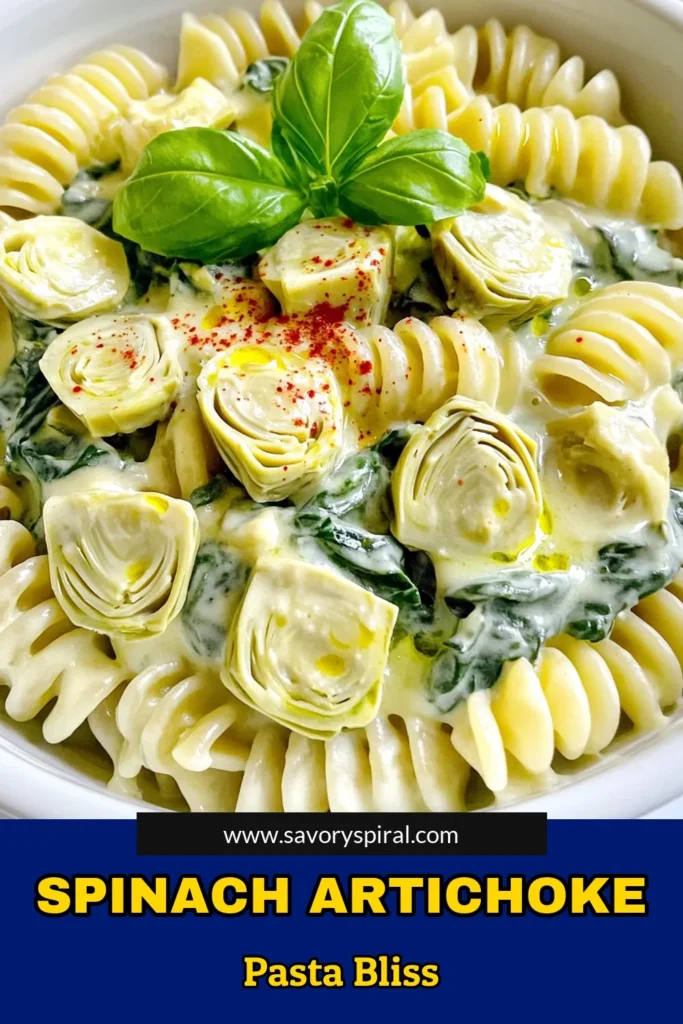 Indulge in the creamy goodness of Spinach Artichoke Pasta Delight! This delicious one-pot recipe melds tender pasta with artichoke hearts and fresh spinach, making for a quick and flavorful meal. Ready in just 25 minutes, it's perfect for busy nights or cozy gatherings. Discover the simple steps to whip up this family favorite and add a sprinkle of red pepper flakes for an extra kick! Click to explore the full recipe now! #SpinachArtichokePasta #EasyRecipes #OnePotMeals #PastaLovers