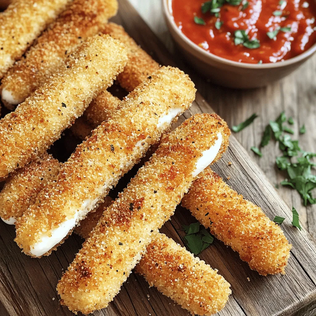 To make crispy air fryer mozzarella sticks, you’ll need: - 12 sticks of mozzarella cheese - 1 cup all-purpose flour - 2 large eggs, beaten - 1 cup breadcrumbs (preferably panko for extra crunch) - 1 teaspoon garlic powder - 1 teaspoon onion powder - 1 teaspoon dried Italian herbs (oregano, basil) - Salt and pepper to taste - Cooking spray You can serve these sticks with a variety of sauces for extra flavor. Some great options include: - Marinara sauce - Ranch dressing - Spicy ketchup - Garlic aioli Adding fresh herbs like parsley or basil on top can also elevate the dish. If you can’t find specific ingredients, here are some easy swaps: - Use gluten-free flour if you need a gluten-free option. - Any cheese that melts well works, like cheddar or pepper jack. - Try homemade breadcrumbs if you want a fresher taste. For brands, I recommend using high-quality mozzarella, like BelGioioso, for the best flavor. Start by cutting the mozzarella sticks in half. This makes them easier to eat. Place the cheese sticks in the freezer for about 30 minutes. Freezing helps them hold their shape when you coat them. You need three shallow bowls for this step. In the first bowl, add 1 cup of all-purpose flour. In the second bowl, beat 2 large eggs. In the third bowl, mix 1 cup of breadcrumbs, 1 teaspoon of garlic powder, 1 teaspoon of onion powder, 1 teaspoon of dried Italian herbs, salt, and pepper. This setup makes coating simple. Take a frozen mozzarella stick and coat it in the flour first. Shake off any extra flour. Next, dip it in the beaten eggs, letting any excess drip off. Finally, roll it in the breadcrumb mixture. Press down gently to ensure the cheese is well-coated. Once all the sticks are coated, place them on a baking sheet. Return the sticks to the freezer for another 15-20 minutes. This extra freeze helps the coating stick when you cook them. Meanwhile, preheat your air fryer to 390°F (200°C) for about 5 minutes. Spray the air fryer basket lightly with cooking spray. Arrange the mozzarella sticks in a single layer, ensuring they do not touch. If you have many sticks, you might need to cook them in batches. Lightly spray the tops of the sticks with more cooking spray. Once cooked, carefully take the mozzarella sticks out of the air fryer. Serve them hot with marinara sauce or your favorite dip. Enjoy the crispy, gooey goodness! To get that perfect crispy texture, use panko breadcrumbs. They create a crunchier coating than regular breadcrumbs. Make sure to freeze the cheese sticks before coating. This helps the cheese stay firm while cooking. After coating, freeze them again for at least 15 minutes. This extra chill makes a big difference in crispness. One common mistake is overcrowding the air fryer basket. If you place too many sticks at once, they won’t cook evenly. Always leave space between the sticks. Another mistake is not using enough cooking spray. A light spray on both sides helps achieve that golden finish. Lastly, don’t skip the freezing step. It’s key for keeping the cheese from melting too quickly. Cleanup can be easy if you follow a few simple steps. First, let the air fryer cool down before cleaning. Use a damp cloth to wipe the basket and tray. For stubborn bits, soak them in warm, soapy water. Avoid using harsh scrubbers that can scratch the surface. Keeping things tidy as you cook makes the whole process smoother. {{image_2}} You can easily change the flavor of your mozzarella sticks. For a spicy kick, add cayenne pepper or crushed red pepper flakes to the breadcrumb mix. You can also mix in some smoked paprika for a warm, smoky taste. If you prefer herbs, try adding fresh chopped parsley or dill. These flavors can brighten your snack and make it special. While mozzarella is classic, other cheeses work well too. Cheddar gives a sharp taste that many enjoy. Pepper jack adds spice with jalapeños mixed in. Gouda offers a creamy and buttery flavor, while string cheese can give you a fun twist. Experiment with different cheeses to find your favorite! The right dipping sauce can take your mozzarella sticks to the next level. Marinara is a favorite, but try ranch or buffalo sauce for a new taste. A sweet chili sauce can also add a nice touch. For something different, mix sour cream with herbs for a creamy dip. You can even make a simple garlic aioli for a gourmet feel. To store leftover mozzarella sticks, let them cool down first. Place them in an airtight container. This keeps them fresh for up to three days in the fridge. You can also separate layers with parchment paper. This prevents them from sticking together. When you want to eat your leftover mozzarella sticks, reheating is key. The best method is to use your air fryer. Preheat the air fryer to 350°F (175°C). Cook the sticks for about 3-5 minutes. This helps restore their crispiness. You can also use an oven. Preheat to 375°F (190°C) and bake for 8-10 minutes. If you want to freeze mozzarella sticks, do it before cooking. After coating, place them on a baking sheet in a single layer. Freeze them for about an hour until firm. Then, transfer them to a freezer bag. They can last for up to three months. When you're ready to cook, no need to thaw. Just air fry them straight from the freezer for a tasty snack! Yes, you can use fresh cheese. However, fresh mozzarella has more moisture. This can lead to a mess when frying. It's best to use firmer mozzarella sticks. They hold their shape better and give a nice, gooey inside. Air fry mozzarella sticks for 6-8 minutes. Start at 390°F. Check for a golden color. If they aren’t golden yet, add a minute or two. Keep an eye on them. You want them crispy, not burnt. If your mozzarella sticks aren’t crispy, check a few things. First, ensure you freeze them before cooking. This helps the coating stay on during frying. Also, make sure to use panko breadcrumbs for extra crunch. Lastly, don't overcrowd the air fryer. Give them space to cook evenly. Yes, you can use whole wheat breadcrumbs. They will give a different flavor and texture. If you like a nutty taste, go for it! Just remember, they may not be as crunchy as panko. Adjust your cooking time if needed to get them crispy. In this blog post, we explored how to make air fryer mozzarella sticks from start to finish. We covered ingredients, prep steps, and tips for achieving a crispy texture. You learned about variations, storage, and answers to common questions. Now, it's time to put this knowledge into action. Enjoy the process and savor your tasty results. Happy cooking!