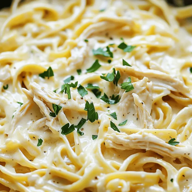 - 1 pound boneless, skinless chicken breasts - 8 ounces fettuccine or penne pasta - 2 cups heavy cream - 1 cup chicken broth - 1 cup grated Parmesan cheese - 1 cup shredded mozzarella cheese - 4 cloves garlic, minced - 1 teaspoon Italian seasoning - Salt and black pepper to taste - Fresh parsley, chopped (for garnish) You need fresh and quality ingredients for this recipe. The chicken breasts are the star. They become tender and fall apart easily. The pasta soaks up the creamy sauce. I prefer fettuccine, but penne works too. The heavy cream and chicken broth create a rich base. They mix well with the garlic and Italian seasoning. These flavors will make your dish shine. Parmesan adds a nutty taste, while mozzarella gives it a nice stretch. Don’t forget salt and pepper to bring everything together. Fresh parsley adds a pop of color and freshness. - Additional seasonings (e.g., red pepper flakes) - Vegetables (e.g., spinach, mushrooms) - Different types of cheese (e.g., fontina or cheddar) You can make this recipe your own. For a kick, add red pepper flakes. If you want more nutrition, toss in some spinach or mushrooms. Different cheeses like fontina or cheddar can also enhance the flavor. Feel free to explore! - Start by placing the chicken breasts at the bottom of the slow cooker. This creates a nice base for your dish. - In a separate bowl, whisk together the heavy cream, chicken broth, minced garlic, Italian seasoning, salt, and black pepper. This cream mixture is key for flavor. - Cook the chicken on low for 4 hours. This makes the chicken tender and easy to shred. - After 4 hours, remove the chicken from the slow cooker. Use two forks to shred the chicken into bite-sized pieces. - Break the uncooked pasta in half and stir it into the slow cooker with the chicken and sauce. This helps the pasta absorb all the tasty flavors. - Cover and cook on low for an additional 30 minutes. This allows the pasta to cook until al dente. - Stir in the grated Parmesan cheese and shredded mozzarella cheese. Mix until the cheeses melt into the sauce. This makes the dish creamy and rich. Make sure to taste and adjust seasoning as needed. Enjoy your delicious Slow Cooker Chicken Alfredo Pasta! - Choosing the right pasta: Use fettuccine or penne for this dish. They hold the sauce well. Fettuccine gives a classic feel, while penne adds fun shapes. Both are great options. - Tips for shredding chicken: After cooking, let the chicken rest for a few minutes. Use two forks to shred it. This method makes it easy to pull apart. If the chicken is hot, use a fork and a spatula to avoid burns. - Using fresh herbs versus dried: Fresh parsley adds a bright taste to your dish. Dried herbs work too but may not have the same punch. If using dried, use about one-third of the amount. - Best practices for seasoning: Taste your sauce before serving. Adjust salt and pepper as needed. You can also add a pinch of red pepper flakes for a kick. - Adjusting cook time based on slow cooker model: Each slow cooker is different. Some cook faster than others. If you have a newer model, check the chicken after three hours. - Ensuring the sauce is creamy: Stir in the cheeses slowly to avoid clumps. If the sauce seems thick, add a little more chicken broth. This keeps it smooth and creamy. {{image_2}} You can make this dish even better by swapping some ingredients. - Whole wheat or gluten-free pasta: This option boosts fiber. It also makes the dish lighter. - Substituting heavy cream: Try using half-and-half or Greek yogurt. These choices cut fat but keep it creamy. Boost the taste with simple add-ins. - Adding vegetables: Toss in spinach, broccoli, or mushrooms. They add nice texture and nutrition. - Infusing different cheeses: Mix in gouda or fontina for a unique twist. This adds a rich flavor that you will love. You can change this recipe to fit your needs. - Transforming into a bake: After cooking, transfer the mix to a baking dish. Top with more cheese and bake until bubbly. - Converting recipe for a stovetop method: Cook the chicken in a pan. Add the cream and pasta. Simmer until the pasta is done. This speeds up the process and still tastes great. To store leftovers, let the Chicken Alfredo Pasta cool first. Then, place it in an airtight container. This keeps the flavors fresh. Glass or plastic containers work well. Make sure the lid seals tightly to avoid leaks and odors. For freezing, portion the pasta into freezer-safe bags. Remove as much air as possible before sealing. This helps avoid freezer burn. To thaw, move the bags to the fridge overnight. For reheating, warm it in a pot over low heat. Stir often to keep it creamy. In the fridge, Chicken Alfredo Pasta lasts about three days. In the freezer, it stays good for up to three months. Always check for off smells or changes in texture before eating. Enjoy your delicious meal again later! Can I make this dish ahead of time? Yes, you can make Chicken Alfredo Pasta ahead of time. Cook it as normal, then store it in the fridge. It stays fresh for up to three days. Reheat it on the stove or in the microwave. Is it okay to use frozen chicken? Yes, frozen chicken works well in this recipe. Just make sure to cook it longer. The chicken must reach 165°F for safe eating. How do I prevent the pasta from becoming mushy? To avoid mushy pasta, cook it for only 30 minutes in the slow cooker. Stir it in once the chicken is done. Keep an eye on it as it cooks. What can I substitute for heavy cream? You can use half-and-half or milk for a lighter dish. For a thicker sauce, try using Greek yogurt. Just mix it in after cooking. Best side dishes to serve with Chicken Alfredo Pasta Pair this dish with a fresh salad or steamed veggies. Garlic bread or breadsticks also make great sides to soak up the creamy sauce. Can I add protein options besides chicken? Absolutely! You can add shrimp, sausage, or even tofu. Just adjust the cooking time based on your chosen protein. In summary, this blog post guides you through a hearty Chicken Alfredo Pasta recipe. You learned about key ingredients, detailed cooking steps, and helpful tips to improve flavor. We also explored variations for healthier options and detailed storage methods for leftovers. With these insights, you can whip up a comforting dish that impresses every time. Experiment and enjoy each bite, making this recipe your own!