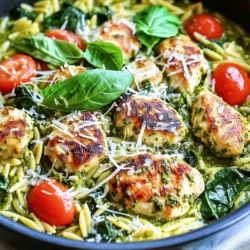 - 1 pound boneless, skinless chicken breasts - 1 cup orzo pasta - 3 cups chicken broth - 1 tablespoon olive oil - 1 cup chopped onion - 2 cloves garlic, minced - 1 teaspoon Italian seasoning - Salt and pepper to taste - Fresh basil leaves and grated Parmesan cheese for serving The main ingredients in this recipe make it a true delight. You will need one pound of boneless, skinless chicken breasts. Dicing the chicken helps it cook evenly. Next, grab a cup of orzo pasta. Orzo is a small pasta that cooks quickly and absorbs flavors well. To add moisture, you'll need three cups of chicken broth. For the additional ingredients, you will need one tablespoon of olive oil to sauté. The oil helps to get a nice sear on the chicken. Chop one cup of onion and mince two cloves of garlic. These two will add great flavor to your dish. For seasoning and garnish, use one teaspoon of Italian seasoning. This blend adds a lovely aroma. Don't forget to season with salt and pepper to taste. Fresh basil leaves and grated Parmesan cheese will be the finishing touches. They bring freshness and creaminess to the dish. Gather these ingredients, and you're on your way to making a delicious one pot creamy pesto chicken orzo! - Heat 1 tablespoon of olive oil in a large pot over medium heat. - Add 1 pound of diced chicken and season it with salt, pepper, and 1 teaspoon of Italian seasoning. - Sear the chicken for 5-7 minutes until it turns golden and is cooked through. - Remove the chicken from the pot and set it aside. - In the same pot, add 1 cup of chopped onion. Sauté it for about 3-4 minutes until it becomes clear. - Next, stir in 2 cloves of minced garlic and cook for 1 more minute until it smells nice. - Add 1 cup of orzo pasta to the pot and toast it for 1-2 minutes. Keep stirring to stop it from sticking. - Pour in 3 cups of chicken broth and bring the mix to a boil. - Reduce the heat to a simmer and cover the pot. Cook for 10-12 minutes until the orzo is tender. - Stir in 1 cup of heavy cream and 1 cup of prepared basil pesto until it mixes well. - Add the chicken back into the pot with 1 cup of halved cherry tomatoes and 1 cup of baby spinach. - Cook for another 2-3 minutes until the spinach wilts. - Adjust the taste with salt and pepper. Remove from heat and let it sit for a minute to thicken slightly. - Serve warm, topping each dish with fresh basil leaves and a sprinkle of grated Parmesan cheese. To get the ideal orzo consistency, cook it until it's al dente. This means it should be firm to the bite. Stir the orzo often while it cooks. This helps it cook evenly and prevents sticking. To create a creamy sauce without curdling, add the heavy cream slowly. Stir it gently into the pot after removing it from heat. This keeps the cream smooth. For added flavor, consider using a pinch of red pepper flakes. This gives a nice kick. You can also add lemon zest for brightness. To deepen the pesto flavor, try adding a bit of grated Parmesan cheese. This adds a rich umami taste that complements the basil. Cooking times may vary based on your stove. If you use a gas stove, it may cook faster than electric. Always check the orzo for doneness a few minutes early. To ensure the chicken is fully cooked, use a meat thermometer. The internal temperature should reach 165°F. This keeps your meal safe and delicious. {{image_2}} You can switch up the protein in this dish. Shrimp works great instead of chicken. Just cook it for a few minutes until it turns pink. Tofu is a tasty vegan swap. Cube it and sauté until golden. If you want to change the orzo, try quinoa or rice. Quinoa adds a nutty flavor and is high in protein. Rice is a classic choice and cooks well in this recipe. For a gluten-free option, use gluten-free pasta. There are many brands that offer orzo-shaped gluten-free pasta. Always check the package to ensure it cooks well. To make this dish vegan, replace the chicken with mushrooms or chickpeas. Use coconut cream instead of heavy cream and choose a vegan pesto. This keeps the dish rich and tasty without animal products. This creamy pesto chicken orzo pairs well with a fresh salad. A simple side of steamed broccoli or green beans adds color and crunch. For a fun twist, top your dish with crispy bacon bits or toasted pine nuts. Fresh herbs like parsley or extra basil leaves provide a nice touch. You can also sprinkle some red pepper flakes for a bit of heat. Enjoy your meal! To keep your One Pot Creamy Pesto Chicken Orzo fresh, place leftovers in an airtight container. This helps lock in flavors and moisture. You can store it in the fridge for up to four days. For longer storage, you can freeze the dish. Just make sure to let it cool completely before freezing. Use freezer-safe bags or containers to avoid freezer burn. When reheating, use the stove or microwave. If you use the stove, add a splash of chicken broth or cream. This keeps the dish creamy and prevents it from drying out. Heat slowly over low to medium heat. If you use the microwave, cover the dish with a damp paper towel. This helps retain moisture and keeps it from overcooking. Your creamy pesto chicken orzo lasts in the fridge for about four days. Look for signs of spoilage, like a sour smell or changes in color. If the orzo becomes mushy or develops an off taste, it’s best to toss it. Always trust your senses to decide if food is safe to eat. Orzo is a small, rice-shaped pasta. It cooks quickly and has a soft texture. You can use orzo in soups, salads, or as a side dish. It pairs well with many flavors. In this recipe, orzo absorbs the creamy pesto sauce, making each bite tasty. Yes, you can use homemade pesto! Just blend fresh basil, garlic, nuts, cheese, and oil. Homemade pesto has a fresh taste. Store-bought pesto is also great for speed and convenience. You can mix either into the dish after adding the cream for a rich flavor. To add heat, try several options. You can add red pepper flakes while cooking the chicken. For a bolder kick, mix in diced jalapeños with the onions. Sriracha or hot sauce can also spice up each bowl. Adjust to your taste for the perfect heat level! This blog post covered how to make a delicious chicken orzo dish. We explored the main ingredients like chicken, orzo pasta, and savory spices. We gave step-by-step cooking instructions and helpful storage tips. In closing, this recipe is versatile and simple to make. You can adapt it to suit your taste and dietary needs. Enjoy experimenting with flavors and making it your own. Happy cooking!