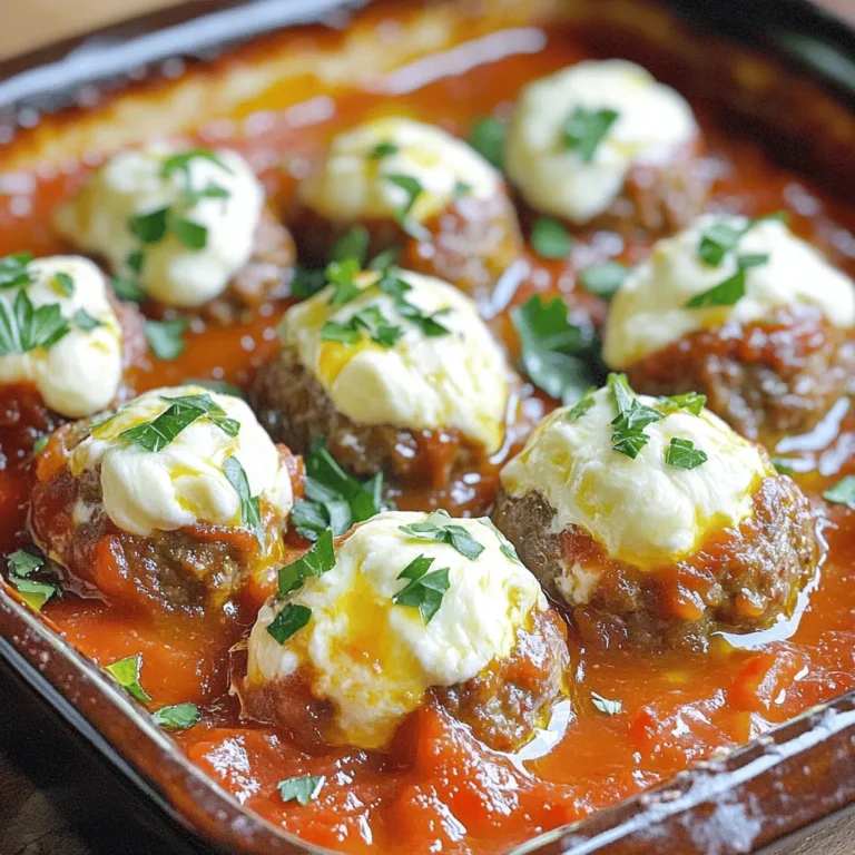 To make mozzarella stuffed meatballs, you need these main ingredients: - 1 lb ground beef - 1/2 lb ground pork - 1 cup breadcrumbs - 1/4 cup grated Parmesan cheese - 1/4 cup fresh parsley, chopped - 2 cloves garlic, minced - 1 large egg - Salt and pepper to taste - 1 cup small mozzarella balls (bocconcini) - 2 cups marinara sauce - Olive oil for frying These ingredients create a rich flavor and a nice texture for your meatballs. You can enhance your meatballs with these optional ingredients: - 1 teaspoon dried oregano - 1 teaspoon onion powder - 1/2 teaspoon red pepper flakes - 1/2 cup chopped bell peppers Adding these will make your dish even tastier and more unique. While mozzarella is classic, you can try these cheese options: - Provolone - Fontina - Cheddar Using different cheeses can change the taste and melt quality of your meatballs. Experiment to find your favorite! Start with a large bowl. Add 1 pound of ground beef and ½ pound of ground pork. Next, mix in 1 cup of breadcrumbs and ¼ cup of grated Parmesan cheese. Then, add ¼ cup of fresh parsley, chopped, and 2 cloves of minced garlic. Crack in 1 large egg and sprinkle salt and pepper to taste. Use your hands to mix everything well. You want a uniform blend that will hold together. Take a small handful of the meat mixture. Flatten it in your palm like a small patty. Place a small mozzarella ball, or bocconcini, in the center. Wrap the meat around the cheese. Make sure the cheese is fully enclosed. It is key to avoid leaks during cooking. Repeat this step until you use up all the meat mixture. You should get about 12 to 16 meatballs. Heat a splash of olive oil in a large skillet over medium heat. Once hot, carefully add the meatballs. Do not overcrowd the pan. Cook them for about 8 to 10 minutes, turning to brown all sides. Keep an eye on the heat to avoid burning. After they are golden brown, transfer the meatballs to a baking dish. Pour 2 cups of marinara sauce over them, covering each meatball. Preheat your oven to 375°F (190°C) and bake for 20 to 25 minutes. This will melt the cheese and cook the meat through. Enjoy the smell as they cook! To make the best mozzarella stuffed meatballs, you need to seal the cheese well. Start with a small ball of meat. Flatten it in your palm. Place a mozzarella ball in the center. Gently fold the meat around the cheese. Make sure no cheese shows. This keeps the cheese from leaking while cooking. If it leaks, you lose that gooey center. One common mistake is using too much meat. If your meatball is too large, the cheese may not melt inside. Another mistake is not sealing the meat well. If you don’t seal it, the cheese will escape. Also, avoid overcrowding the skillet. If you cook too many at once, they won’t brown nicely. Cook in batches for the best result. To serve your mozzarella stuffed meatballs for maximum flavor, pour marinara sauce over them. This adds moisture and taste. You can garnish with fresh parsley for color and freshness. Serve with crusty bread to soak up the sauce. Pair it with a simple salad for a complete meal. Everyone will love this dish! {{image_2}} If you want a meat-free meal, try using lentils or chickpeas. You can mash cooked lentils and mix them with breadcrumbs, cheese, and spices. This gives you a hearty base. You can also use plant-based ground meat. It mimics the texture of beef and pork well. Mix in mozzarella balls for that cheesy surprise. For a kick, add crushed red pepper or chili flakes to the meat mix. This small change can make a big difference. You can also use spicy sausage instead of ground pork. This adds heat and flavor. If you want more spice, serve with a spicy marinara sauce. It pairs well with the meatballs. While marinara is great, try other sauces too. BBQ sauce adds a sweet and smoky taste. You can also serve meatballs with pesto for a fresh flavor. Alfredo sauce gives a creamy twist that many enjoy. Experimenting with different sauces can change the whole meal. Each sauce brings its own personality to the dish. To keep your leftover meatballs fresh, place them in an airtight container. Make sure the meatballs cool down first. This helps keep the moisture in and prevents them from getting soggy. Store the container in the fridge. Leftover meatballs can stay fresh for up to three days. Freezing meatballs is a great way to save time. After cooking, let the meatballs cool completely. Then, place them in a single layer on a baking sheet. Freeze them for two hours. Once frozen, transfer the meatballs to a freezer-safe bag. They can last in the freezer for up to three months. To reheat meatballs, you have a few options. The oven works best for even heating. Preheat your oven to 350°F (175°C). Place the meatballs in a baking dish and cover them with marinara sauce. Bake for about 20 minutes or until heated through. You can also use a microwave, but the meatballs may get a bit soggy. If you choose the microwave, heat in short bursts. Check them frequently. Enjoy your flavorful meatballs with ease! You can use crushed crackers or oats instead of breadcrumbs. Both options work well. If you prefer a gluten-free option, use ground almonds or cornmeal. These substitutes help bind the meatballs without changing the flavor much. Yes, you can use ground turkey or chicken. These meats are leaner, so the meatballs may be less juicy. You can also mix in some sausage for extra flavor. Just remember, cooking times may vary with different meats, so keep an eye on them. Use a meat thermometer to check the center. The meatballs should reach 160°F (70°C). You can also cut one in half. The inside should be no longer pink, and the cheese should be melted. If they look and feel firm, they are likely done. This article shared the key steps to make mozzarella stuffed meatballs. We covered essential ingredients, cooking methods, and helpful tips. You have options for vegetarian or spicy variations, too. Plus, storing and reheating leftovers keeps your meals easy and tasty. Incorporate these ideas, and enjoy flavorful meatballs in no time. Cooking can be fun and simple. Happy cooking!