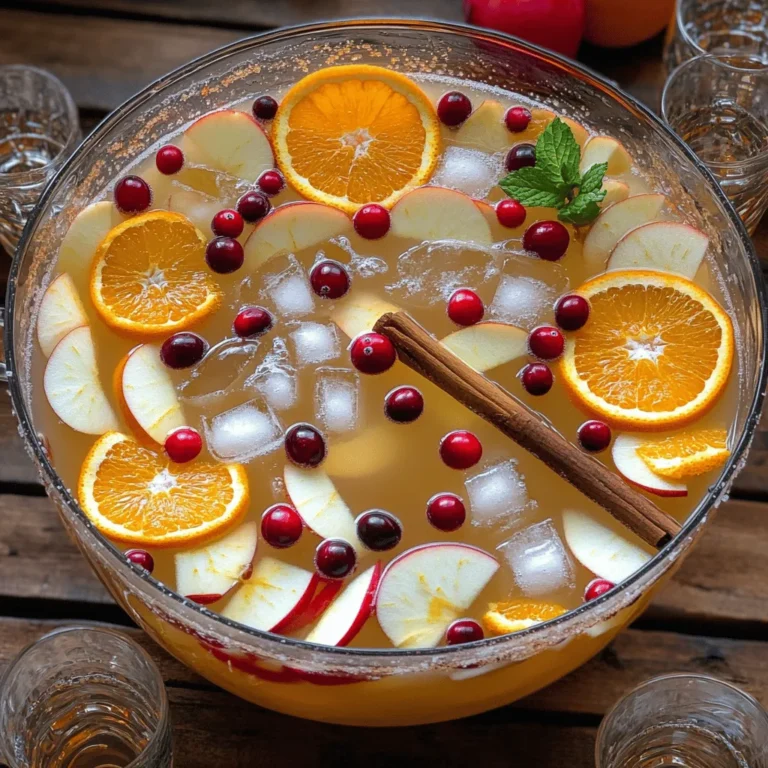 To make a great Apple Cider Sangria Punch, you need these main ingredients: - 4 cups apple cider - 2 cups sparkling water - 1 cup orange juice - 1 apple, cored and thinly sliced - 1 orange, thinly sliced - 1 cup cranberries (fresh or frozen) - 1 cinnamon stick - Ice cubes for serving These ingredients create a sweet, fruity base with a nice fizz. The apple cider gives a rich flavor, while the sparkling water adds a refreshing touch. The orange juice brightens the drink and pairs well with the spices. You can add these optional ingredients to give your punch a twist: - 1 teaspoon grated ginger Grated ginger adds a warm, spicy note. It enhances the overall flavor profile without overpowering the apple and orange. If you love that zing, definitely include it! Garnishing your punch makes it look more inviting. Here are some great ideas: - Slices of apple and orange - Fresh mint sprigs Using clear glasses shows off the colorful fruit. The mint adds a lovely pop of green. These garnishes not only look good but also add extra flavor to each sip. To make this punch, you need to gather your ingredients first. Here’s what you need: - 4 cups apple cider - 2 cups sparkling water - 1 cup orange juice - 1 apple, cored and thinly sliced - 1 orange, thinly sliced - 1 cup cranberries (fresh or frozen) - 1 cinnamon stick - 1 teaspoon grated ginger (optional) - Ice cubes for serving Now, let’s start. First, pour the apple cider and orange juice into a large punch bowl. If you like a little zing, add the grated ginger now. Stir gently to mix these flavors well. Next, it’s time to add the fun stuff. Toss in the sliced apple, orange, and cranberries. This not only adds flavor but also makes the punch look beautiful. Then, drop in the cinnamon stick. It adds a warm spice that makes each sip cozy. Just before you serve, pour in the sparkling water. This gives the punch its refreshing fizz. Stir gently one last time to combine everything without losing the bubbles. When it's time to serve, fill glasses with ice cubes. Then, ladle the punch into each glass. Make sure to include some of the fruit pieces in every serving. This makes it look colorful and inviting. For a pop of color, use clear glasses. You can even add a sprig of fresh mint on top. It’s a nice touch that adds to the flavor and looks great! Enjoy your Apple Cider Sangria Punch with friends and family. Mixing punch is simple. Start with the liquid first. Combine the apple cider, orange juice, and optional ginger. Stir gently to avoid bubbles. Next, add the sliced fruit and cranberries. This helps the flavors blend well. Finally, add the cinnamon stick for warmth. Always add sparkling water last to keep fizz. You can prepare this punch ahead of time. Mix the apple cider, orange juice, and ginger. Add in the fruit and cinnamon. Cover and chill in the fridge. Wait to add sparkling water until you serve. This keeps the drink fresh and bubbly. It tastes even better after sitting for a while. To adjust sweetness, taste as you go. If it’s too sweet, add more sparkling water. If you prefer more sweetness, stir in a little honey or maple syrup. You can also change flavors by adding spices. Try cloves or nutmeg for a fall twist. Remember, tasting is key to great punch! {{image_2}} You can mix up your Apple Cider Sangria Punch with different fruits. Try using pears for a sweet bite. Fresh figs add a lovely texture. Pomegranate seeds offer a juicy crunch. You can even throw in some berries for vibrant color. Each choice brings a new twist to your drink. If you want a non-alcoholic version, it’s easy! Just skip the wine and add more apple cider. Use sparkling water for fizz. A splash of lemon juice can add brightness. This makes a fun drink for kids or anyone who prefers not to drink alcohol. You can change this punch for any season. In winter, add cranberries and spices like nutmeg. For spring, mix in fresh strawberries and mint. In summer, use peaches and lime for a refreshing taste. Each season offers unique flavors that make the punch special. To store leftover punch, pour it into a clean pitcher or jar. Cover it tightly with a lid or plastic wrap. This keeps the punch fresh and prevents spills. Store it in the fridge. Remember, this punch tastes best when cold. The apple cider and orange juice last about 5 to 7 days in the fridge. The cranberries can last up to two weeks if stored properly. Sliced fruit, like apples and oranges, should be eaten within 2 days for optimal taste. Always check for any signs of spoilage. You can reuse the fruit slices in smoothies or salads. The cinnamon stick can flavor hot drinks. If you have leftover cranberries, add them to baked goods or sauces. This way, you reduce waste and enjoy more recipes! Yes, you can make Apple Cider Sangria Punch ahead of time. Just mix the apple cider, orange juice, and fruit. Keep it in the fridge. Add the sparkling water just before serving. This keeps the fizz fresh and fun. When choosing wine, I recommend a dry white wine. A Sauvignon Blanc or Pinot Grigio works well. These wines add a crisp taste without being too sweet. They balance the flavors of the cider and fruit nicely. Absolutely! Apple Cider Sangria Punch is already gluten-free. The ingredients, like cider and fruits, contain no gluten. Just ensure your wine is also gluten-free. Most wines are safe, but it’s good to check the label. Yes, you can use other juices! Pineapple juice adds a tropical twist. Pomegranate juice also gives a rich flavor and color. Experimenting with juices can create new and exciting flavors for your punch! Making Apple Cider Sangria Punch is easy and fun. We covered key ingredients, simple steps, and clever tips to enhance flavor. You can mix it up with various fruits or make it non-alcoholic. Remember to store any leftovers properly to keep it fresh. Enjoy your sangria punch at any gathering. It's a crowd-pleaser you can make your own. Now, go ahead and create your version!
