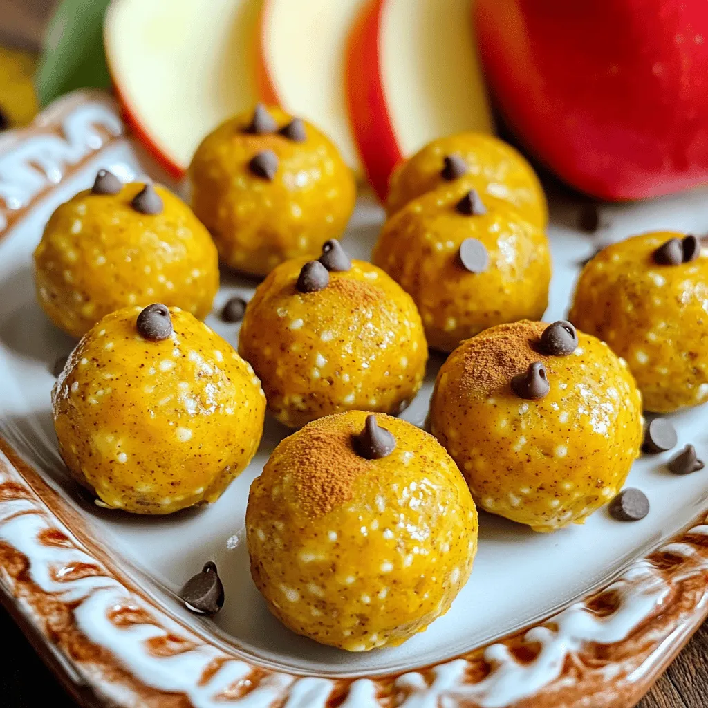 - 1 cup rolled oats - 1/2 cup pumpkin puree - 1/4 cup almond butter - 1/4 cup honey or maple syrup - 1 scoop vanilla protein powder - 1 teaspoon pumpkin pie spice - 1/2 teaspoon vanilla extract - A pinch of salt - 1/4 cup mini chocolate chips or dried cranberries These ingredients come together for an easy, no-bake treat. The rolled oats form the base. They provide fiber and a nice chew. Pumpkin puree adds moisture and a rich flavor. It also brings a lovely orange hue. Almond butter gives a nutty taste. You can swap it for any nut or seed butter you prefer. Honey or maple syrup adds sweetness. Use your favorite to match your taste. The vanilla protein powder gives a boost of protein. It helps keep you full. Pumpkin pie spice brings warmth and a cozy scent. Just a teaspoon adds a lot of flavor. The vanilla extract enhances the taste. A pinch of salt balances all the flavors. Finally, you can add mini chocolate chips for a sweet touch. If you want a healthier option, use dried cranberries instead. Gather these ingredients, and you are ready to create your pumpkin spice protein bites! 1. In a large bowl, combine 1 cup of rolled oats, 1/2 cup of pumpkin puree, and 1/4 cup of almond butter. Use a spoon or spatula to mix until you form a thick paste. 2. Next, add 1/4 cup of honey or maple syrup, 1/2 teaspoon of vanilla extract, and a pinch of salt to the bowl. Stir well until these ingredients blend in completely. 3. Gradually incorporate 1 scoop of vanilla protein powder and 1 teaspoon of pumpkin pie spice into the mixture. Keep mixing until everything is well combined. 4. Now, fold in 1/4 cup of mini chocolate chips or dried cranberries. Make sure they are evenly distributed throughout the mixture. 5. With your hands, scoop small portions of the mixture. Roll them into bite-sized balls, about 1 inch in diameter. 6. Place the protein bites on a parchment-lined baking sheet or plate. Chill them in the refrigerator for at least 30 minutes to set. 7. Once they are set, transfer the bites to an airtight container. Store them in the fridge for up to a week. Enjoy your tasty, no-bake pumpkin spice protein bites! You can easily change the almond butter to any nut or seed butter you like. Try peanut, cashew, or sunflower seed butter. Each will bring its own flavor to the bites. If you want it sweeter, use more honey or maple syrup. You can also cut back if you prefer less sweetness. Get creative with mix-ins! You can add chopped nuts, seeds, or even dried fruit. Walnuts or pecans add a nice crunch. Chia seeds boost nutrition and texture. Using dark chocolate chips adds a rich flavor. Dried cranberries give a tart twist. For serving, arrange the protein bites on a nice platter. Sprinkle a little pumpkin pie spice on top for a festive touch. You can serve them as a snack or a healthy dessert. Add fresh apple slices on the side. They add color and a crisp bite. You can also use small paper cups for each bite. This makes it easy for guests to grab one. {{image_2}} You can easily change the recipe to fit your taste. If you don't have pumpkin puree, try using sweet potato puree. It gives a similar flavor and texture. You can also use applesauce for a fruity twist. When it comes to protein powder, you can switch to chocolate or even peanut butter flavor. This change adds a new taste to your bites. You can also skip the protein powder if you want a lighter snack. If you need these bites to be gluten-free, use certified gluten-free oats. They are safe and still taste great. You can also replace honey with agave syrup to keep it vegan. For a nut-free option, use sunflower seed butter instead of almond butter. This swap keeps the creaminess without nuts. You can also skip the chocolate chips and use pumpkin seeds for crunch. To keep your pumpkin spice protein bites fresh, use an airtight container. This helps lock in moisture and flavor. You can choose a glass container or a good-quality plastic one. If you stack the bites, place parchment paper between layers. This prevents them from sticking together. In the refrigerator, your protein bites last for up to a week. Store them in the fridge right after they set. For longer storage, you can freeze them. When frozen, they can last up to three months. Just place them in a freezer-safe bag or container. Be sure to label it with the date. When you want to eat them, let them thaw in the fridge overnight. Enjoy a tasty, healthy snack anytime! Can I use rolled oats instead of quick oats? Yes, you can use rolled oats! They add great texture. Quick oats may blend better but rolled oats work fine. Just mix them well with the other ingredients. How long do they last in the fridge? These bites can last up to a week in the fridge. Make sure to store them in an airtight container. This keeps them fresh and tasty for your snacks! What can I use instead of protein powder? You can use ground flaxseed or chia seeds instead of protein powder. They add fiber and nutrients. You can also skip it if you prefer a lighter snack. Can I make them nut-free? Absolutely! Just swap almond butter with sunflower seed butter or soy nut butter. This keeps the bites nut-free but still delicious and creamy! This blog covered everything you need for tasty protein bites. You learned about the ingredients, preparation steps, and tips to perfect the recipe. Customizing flavors is easy with swaps and variations. Proper storage keeps them fresh longer. These bites fit various diets and preferences. Try them, enjoy the process, and share with friends! Simple swaps and steps make these bites fun. Stay creative and healthy while you snack!