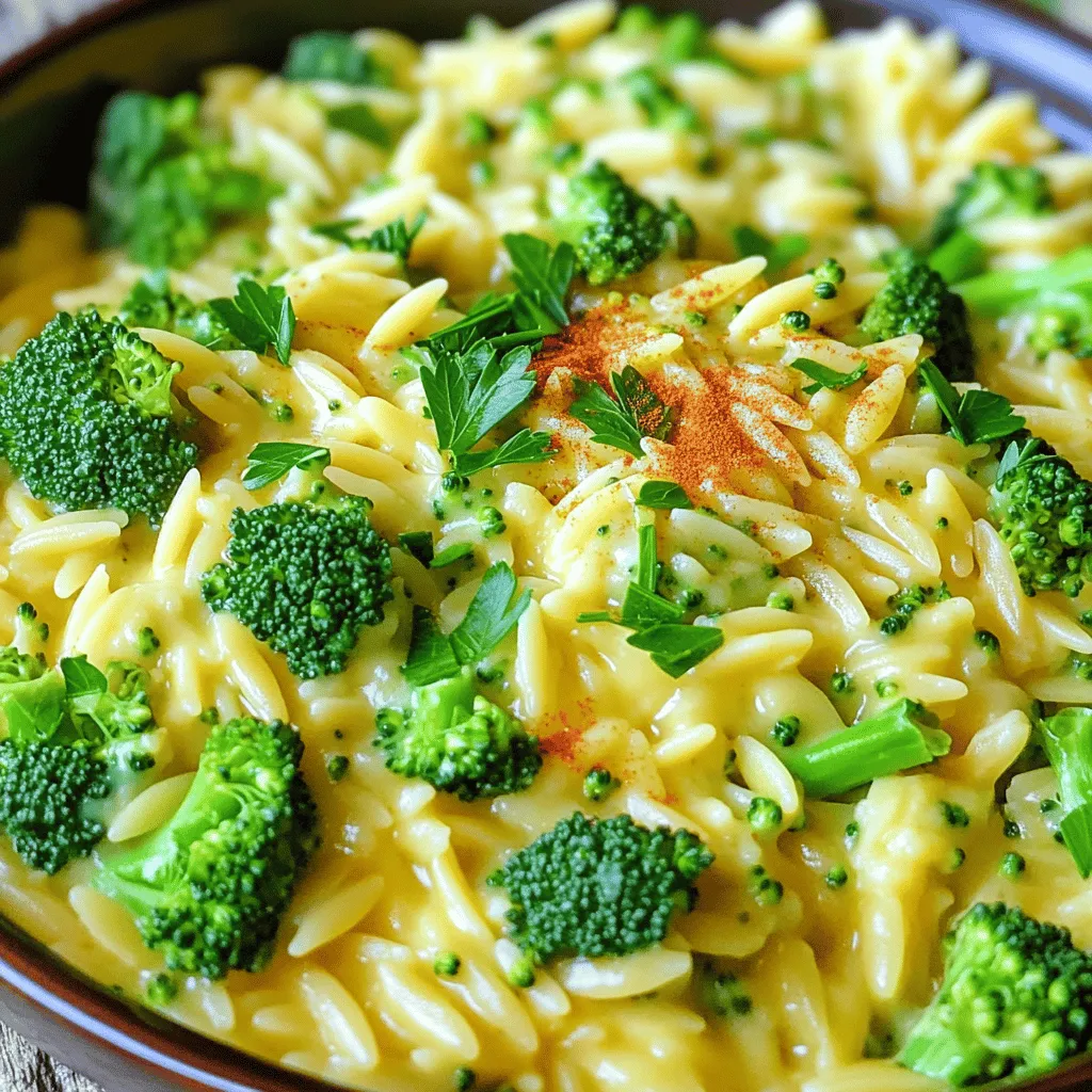 - 1 cup orzo pasta - 2 cups broccoli florets - 1 tablespoon olive oil - 1 small onion, finely chopped - 2 cloves garlic, minced - 4 cups vegetable broth - 1 cup heavy cream - 2 cups sharp cheddar cheese, shredded - 1 teaspoon Dijon mustard - 1/2 teaspoon paprika - Salt and pepper to taste - Optional: Fresh parsley for garnish If you want to switch things up, try these swaps. Use whole wheat orzo for more fiber. For a gluten-free option, you can use rice or quinoa. Instead of heavy cream, try coconut cream for a dairy-free version. You can also use nutritional yeast if you want a cheesy flavor without dairy. If sharp cheddar isn't your favorite, any melty cheese works well. Choosing fresh broccoli can make a big difference. Look for bright green florets. They should be firm and not wilted. Smell the broccoli; it should smell fresh, not bitter. When selecting onions, pick ones that feel heavy and firm. Avoid any with soft spots or wrinkles. Fresh garlic should be dry and firm with no sprouting. These simple tips will help you get the best ingredients for your creamy broccoli cheddar orzo. Start by bringing vegetable broth to a boil. Use a large pot for this. It should heat over medium-high heat. Once boiling, add 1 cup of orzo pasta. Cook the orzo according to the package instructions, which is about 8 to 10 minutes. Stir it gently to prevent sticking. When done, drain the orzo and set it aside. While the orzo cooks, take a separate skillet. Add 1 tablespoon of olive oil and heat it over medium heat. Then, add 1 small finely chopped onion. Sauté the onion until it looks translucent, which takes about 3 to 4 minutes. Next, add 2 minced cloves of garlic. Cook this for about 1 more minute until you smell that lovely garlic aroma. Now, stir in 2 cups of broccoli florets. Sauté the broccoli for about 3 to 4 minutes. It should turn bright green and become a bit tender. When the orzo is ready, mix it into the skillet with the onions and broccoli. Pour in 1 cup of heavy cream and 1 teaspoon of Dijon mustard. Stir everything together. Keep cooking over low heat for 2 to 3 minutes until it’s all heated through. Gradually add 2 cups of shredded cheddar cheese. Stir until the cheese melts and the dish becomes creamy. If the sauce seems too thick, add a splash of vegetable broth. This will help reach your desired consistency. Season the dish by adding 1/2 teaspoon of paprika, plus salt and pepper to taste. Mix well so that the sauce coats everything evenly. Remove from heat and let it sit for a minute. This will help it thicken a bit. Serve your creamy broccoli cheddar orzo warm. If you like, you can garnish with freshly chopped parsley for a pop of color. Enjoy! To make a creamy sauce, use heavy cream. It gives a rich texture. When you add the cream, stir gently. This helps it blend well. Gradually mix in the cheddar cheese. This keeps the sauce smooth. If it gets too thick, add a splash of vegetable broth. This will help you control the sauce's thickness. Store any leftovers in an airtight container. This keeps the dish fresh for up to three days. Before storing, let it cool down to room temperature. To reheat, use a pan over low heat. Add a little broth to keep it creamy. Stir often as it warms up. This helps it not stick to the pan. You can easily adjust this recipe. To make more, double the ingredients. Use a larger pot to cook everything. If you want less, halve the amounts. This dish still tastes great in smaller portions. Just keep the same cooking times for the orzo and veggies. Enjoy your creamy broccoli cheddar orzo in any size you like! {{image_2}} You can make this dish heartier by adding protein. Chicken and shrimp are great choices. For chicken, use cooked, shredded chicken. Stir it in just before adding the cream. For shrimp, sauté them with the garlic for a few minutes. They cook quickly and add a nice touch. Both options give you a boost of protein and flavor. If you want to keep it vegetarian, consider adding other vegetables. Spinach, peas, or bell peppers work well. Just toss them in with the broccoli while sautéing. This adds color and nutrition without changing the creamy vibe. You can mix and match to suit your taste and what you have at home. If you need a gluten-free meal, swap the orzo for a gluten-free pasta. Look for rice or quinoa-based options. They cook similarly and soak up the creamy sauce. You can also use cauliflower rice for a low-carb choice. Just be mindful of the cooking time, as it cooks faster than orzo. To keep your creamy broccoli cheddar orzo fresh, store it in an airtight container. Make sure the container is clean and dry. This helps prevent moisture and keeps the dish tasting great. Place it in the fridge if you plan to eat it within three days. If you need to keep it longer, consider freezing it. When reheating your orzo, I recommend using a skillet. Add a splash of vegetable broth or water to help it heat evenly. Stir often to avoid sticking. If you use the microwave, cover it with a damp paper towel. This method helps keep it moist. Heat in short bursts, stirring in between. If you want to freeze your orzo, let it cool first. Spoon it into freezer-safe bags, removing as much air as possible. This helps prevent freezer burn. You can freeze it for up to three months. When you're ready to eat, thaw it overnight in the fridge. Reheat as mentioned earlier for the best taste. Yes, you can use whole wheat orzo. Whole wheat orzo has more fiber. It also has a nuttier taste. This adds a nice twist to your creamy broccoli cheddar orzo. Just be aware that it may take a bit longer to cook. Check the package for cooking times. Adjust the broth if needed since whole wheat orzo can absorb more liquid. To make this dish dairy-free, swap out the heavy cream and cheese. Use coconut cream instead of heavy cream for creaminess. For cheese, try vegan cheese shreds. Nutritional yeast can also add a cheesy flavor. Mix these in at the same time as the cream and cheese. This way, you still get a rich and tasty dish without dairy. You have several great options for replacing heavy cream. You can use half-and-half for a lighter cream. Another choice is full-fat coconut milk, which gives a rich flavor. For a lighter option, try unsweetened almond milk mixed with a tablespoon of cornstarch. This will help thicken your sauce. Choose what fits your taste and diet best. This blog post showed how to make a creamy orzo dish with tasty tips. We covered essential ingredients, cooking steps, and variations to suit your needs. With fresh produce and smart storage, you can enjoy your meal longer. Remember, you can make it your own by trying new proteins or adjusting for dietary needs. Embrace your cooking adventure, and have fun experimenting with flavors that you love. Enjoy your delicious orzo!