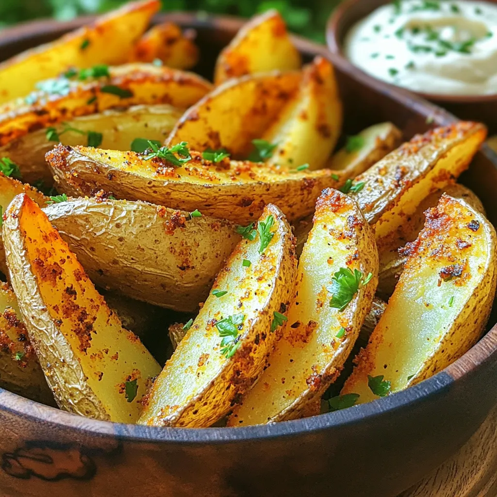 - 4 medium russet potatoes - 2 tablespoons olive oil - 1 teaspoon garlic powder - 1 teaspoon onion powder - 1 teaspoon smoked paprika - 1/2 teaspoon dried oregano - 1/2 teaspoon salt - 1/4 teaspoon black pepper - Fresh parsley, chopped (for garnish) Using fresh ingredients makes a big difference in taste. Fresh potatoes give a firm texture and rich flavor. The spices should also be fresh to bring out their full aroma. Fresh ingredients ensure the best crunch and taste in your crispy potato wedges. When you use high-quality ingredients, you elevate your dish. You can swap ingredients easily. If you don’t have russet potatoes, you can use Yukon gold. They are creamy and tasty. For olive oil, you can use avocado oil or canola oil. If you want a kick, add cayenne pepper instead of black pepper. You can also try fresh herbs if you don’t have dried oregano. Fresh herbs add a lovely burst of flavor. These swaps keep the essence of the dish while allowing for flexibility. Start by setting your air fryer to 400°F (200°C). This helps to create that crispy texture we love. Preheat it for about 5 minutes. A hot air fryer gives even cooking. Next, wash and scrub 4 medium russet potatoes. This removes dirt and makes them clean. Cut the potatoes into wedge shapes. Keep the skin on for a nice crunch. Aim for even sizes to cook well. In a large bowl, combine the potato wedges with 2 tablespoons of olive oil. Add in 1 teaspoon of garlic powder, 1 teaspoon of onion powder, 1 teaspoon of smoked paprika, and 1/2 teaspoon of dried oregano. Sprinkle in 1/2 teaspoon of salt and 1/4 teaspoon of black pepper. Toss everything well. Make sure every wedge is coated evenly. This gives great flavor! Place the seasoned wedges in the air fryer basket. Keep them in a single layer for best results. If your air fryer is small, you may need to cook in batches. Air fry the wedges for 15-20 minutes. Remember to shake the basket halfway through. This helps them cook evenly. They should come out golden brown and crispy. Once done, remove the wedges from the air fryer. Let them cool for a couple of minutes. For a nice touch, garnish with fresh chopped parsley. Serve these crispy potato wedges in a rustic bowl or on a platter. Pair them with your favorite dip like ketchup or garlic aioli. Enjoy your tasty snack! To get those extra crispy potato wedges, start with the right potatoes. I love using russet potatoes. They have a nice starchy texture that crisps up well. Make sure you cut the wedges evenly. This helps them cook at the same rate. After washing, dry the potatoes well. Any moisture will steam them, making them soft. Add enough olive oil to coat each wedge. Too little oil makes them soggy. Garlic powder, onion powder, and smoked paprika add flavor and help with crispiness. Toss the wedges thoroughly to coat them evenly. Air fry them in a single layer. Crowding the basket leads to steaming, not crisping. If you have a lot of wedges, cook in batches. This will give each wedge space to cook evenly. Preheat your air fryer before adding the first batch. This helps the wedges start cooking right away. After the first batch, keep the cooked wedges warm in an oven set to low. This way, all your wedges stay hot and crispy. If you have leftover potato wedges, store them in an airtight container. Let them cool first to avoid steam. Reheat them in the air fryer for about 5 minutes at 400°F (200°C). This brings back their crunch. You can also microwave them, but they may get soft. Enjoy the leftovers with a new dip or add them to a salad! {{image_2}} You can change the taste of your potato wedges based on the seasons. In summer, add fresh herbs like basil or dill. They bring a bright flavor. For fall, try pumpkin spice. Mix cinnamon, nutmeg, and a bit of brown sugar for sweetness. Winter calls for warmth. Use rosemary or thyme for a cozy taste. These fresh seasonal flavors make your wedges fun and unique. Making these potato wedges vegan and gluten-free is easy. The base recipe is already vegan, so you just need to ensure your seasonings are gluten-free. Use gluten-free garlic powder and onion powder. You can also swap olive oil for avocado oil if you prefer. This way, everyone can enjoy crispy potato wedges without worry. Dipping sauces can take your wedges to the next level. Classic ketchup is always a hit, but don’t stop there! Try a zesty garlic aioli made with vegan mayo, garlic, and lemon juice. For a spicy kick, mix yogurt with sriracha or hot sauce. A cool ranch dip, made with yogurt and herbs, also works well. Experiment with your favorites to find the perfect match! To keep your crispy potato wedges fresh, place them in an airtight container. Let them cool completely before sealing. This helps prevent moisture build-up, which can make them soggy. If you want, you can also wrap them tightly in foil or plastic wrap. Just make sure they are not warm when you do this. Reheating potato wedges is easy. Preheat your air fryer to 350°F (175°C). Place the wedges in the basket in a single layer. Heat them for about 5-7 minutes. This helps them regain their crunch. You can also use an oven. Set it to 350°F (175°C) and bake for 10-12 minutes. Cooked potato wedges can last 3-5 days in the fridge. If you want to keep them longer, consider freezing them. They can last up to 2 months in the freezer. When you’re ready to eat, just reheat as directed above. Yes, you can use other potatoes. Yukon Gold or sweet potatoes work well. Yukon Gold gives a buttery taste. Sweet potatoes add a nice sweetness. Just keep in mind the cooking time may change slightly. Always aim for wedges that are about the same size for even cooking. To spice up your wedges, add cayenne pepper or chili powder. Start with 1/4 teaspoon and adjust to taste. You can also use spicy seasoning blends. Adding chopped jalapeños before air frying gives a kick. Mix them well with your other spices for best results. If your wedges are not crispy, check a few things. First, make sure you coat them well with oil. This helps them brown. Also, avoid overcrowding the air fryer basket. If they are too close, they steam instead of crisp. Lastly, ensure your air fryer is preheated. Air frying the potato wedges takes about 15-20 minutes. The exact time can vary by air fryer model. Shake the basket halfway through to ensure even cooking. You want them golden brown and crispy. Check them at 15 minutes to see if they need more time. This blog post covers the key steps to make perfect air-fried potato wedges. We explored the importance of fresh ingredients, discussed preparation, and provided tips for storage and variations. You now have the knowledge to choose the right ingredients, cook crispy wedges, and create tasty dips. Remember, you can adjust flavors and techniques to fit your taste. Enjoy your cooking, and share these tips to help others make great potato wedges too!