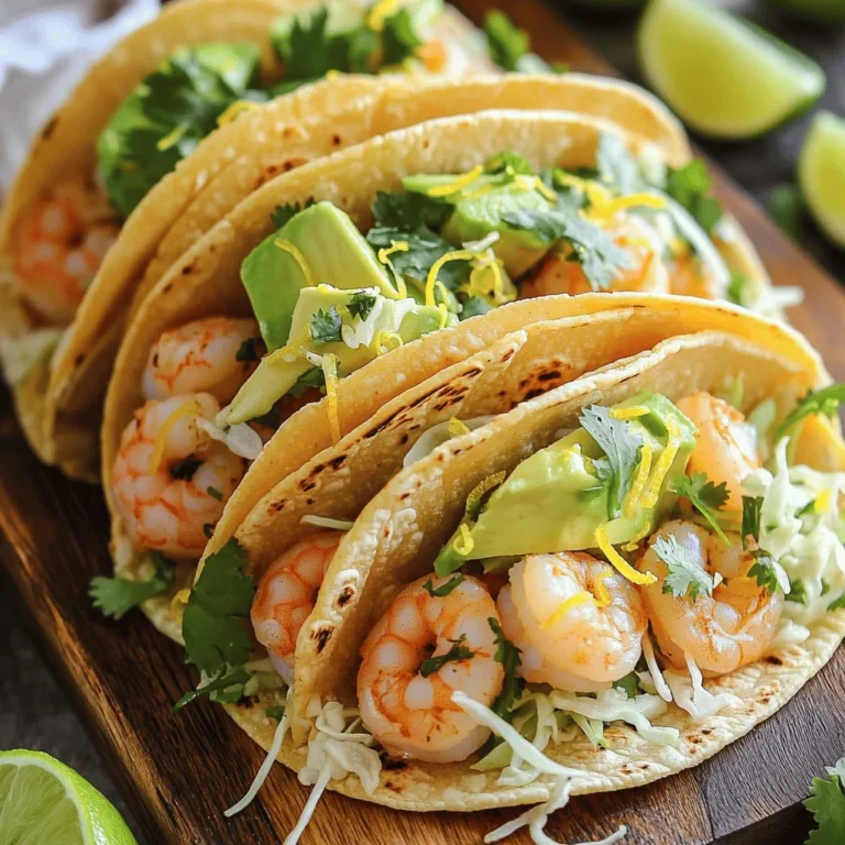 To make these tasty lemon garlic shrimp tacos, gather the following items: - 1 lb large shrimp, peeled and deveined - 3 tablespoons olive oil - 4 cloves garlic, minced - Juice and zest of 2 lemons - 1 teaspoon smoked paprika - 1/2 teaspoon cayenne pepper (optional) - Salt and pepper to taste - 8 small corn or flour tortillas - 1 avocado, sliced - 1 cup shredded cabbage - 1/4 cup fresh cilantro, chopped - Lime wedges for serving If you don’t have some of these ingredients, don’t worry! Here are some easy swaps: - Instead of shrimp, you can use chicken or firm tofu. - Use any cooking oil you like in place of olive oil. - If you lack smoked paprika, regular paprika works too. - Swap fresh cilantro with parsley or omit it if you prefer. Fresh herbs and veggies enhance the flavor. Here are my favorites: - Cilantro adds freshness and a hint of spice. - Avocado gives creaminess and pairs well with shrimp. - Shredded cabbage adds crunch and texture to each bite. - Lime juice brightens the tacos, making them zesty and fresh. Using these ingredients will take your shrimp tacos to the next level! To start, gather your ingredients. You need olive oil, minced garlic, lemon juice, lemon zest, smoked paprika, cayenne pepper, salt, and pepper. In a bowl, mix these items well. The olive oil adds smoothness. Garlic gives a great flavor. The lemon juice and zest bring brightness. Smoked paprika adds a nice touch of warmth. If you like heat, add the cayenne. Season with salt and pepper to your taste. This mix will coat the shrimp and add great taste. Next, take your shrimp. Make sure they are peeled and deveined. Add them to the marinade. Use a spatula or your hands to coat each shrimp evenly. Let the shrimp sit in the marinade for about 15 minutes. This step is key. It lets the shrimp soak up all the yummy flavors. Don't skip this part! After marinating, heat a large skillet over medium-high heat. Add the shrimp to the skillet. Cook for about 2-3 minutes until they turn pink and opaque. Keep an eye on them. Overcooked shrimp can become tough. While shrimp cooks, warm your tortillas in another skillet or the microwave. Once soft, lay a tortilla on a plate. Add a portion of the shrimp. Top with sliced avocado and shredded cabbage. Finish with fresh cilantro for color and taste. Serve with lime wedges on the side to squeeze over the tacos. Enjoy your meal! To avoid overcooking shrimp, pay close attention while cooking. Shrimp cook fast. When they turn pink and opaque, they are done. This usually takes 2-3 minutes on medium-high heat. If they curl up tightly, you have cooked them too long. Always remove them from the heat as soon as they change color. This keeps them tender and juicy. When choosing tortillas, you have options. Small corn tortillas bring a nice flavor and texture. They are gluten-free, too. Flour tortillas are soft and chewy, making them a great choice. You can use whichever you prefer. Just warm them up before filling. This makes them easy to fold and enjoy. To take your tacos up a notch, think about adding fresh toppings. Avocado adds creaminess. Shredded cabbage gives crunch. Fresh cilantro brightens every bite. You can also squeeze lime juice on top for extra zing. Other options include diced tomatoes or pickled onions. Feel free to mix and match to find your favorite flavors! {{image_2}} You can switch out shrimp for other proteins. Chicken works great in this recipe. Use about one pound of diced chicken breast. Cook it the same way as the shrimp. You can also use fish like tilapia or cod. Just make sure to adjust the cooking time. Fish cooks faster than shrimp. For a different taste, try using scallops. They add a nice touch and cook quickly. If you want a vegan or vegetarian option, try using tofu. Firm tofu will hold its shape well. Cut it into cubes and marinate just like the shrimp. You can also use jackfruit. It has a texture similar to meat. Season it with the same marinade for great flavor. Cauliflower is another fun choice. Roast it until tender for a delicious twist. You can add different herbs and spices to change the flavor. Fresh herbs like dill or parsley brighten up the dish. For a spicy kick, try adding some chili powder or cumin. These spices add depth and warmth. You can also throw in some fresh lime juice. It gives a zesty flavor that pairs well with shrimp. Don't forget to experiment! Cooking is all about finding what you love. To keep your leftover tacos fresh, place them in an airtight container. Store them in the fridge for up to two days. Make sure to separate the shrimp from the tortillas. This keeps the tortillas from getting soggy. You can also store toppings like avocado and cabbage in separate containers. This way, they stay crisp and tasty. When you are ready to eat the leftovers, you can reheat the shrimp. Heat a skillet over medium heat. Add the shrimp and cook for about 2-3 minutes. Stir often until they are warm. You can also warm the tortillas. Use a skillet or microwave. If using the microwave, wrap them in a damp paper towel. This helps keep them soft. You can freeze the shrimp for later use. Place the cooked shrimp in a freezer-safe bag. Remove as much air as you can. Label the bag with the date. You can freeze the shrimp for up to three months. When you are ready to use them, thaw the shrimp in the fridge overnight. Reheat them as mentioned above. Just note, the tortillas do not freeze well. It’s best to make fresh tortillas when you’re ready to eat. Yes, you can use frozen shrimp. Just thaw them before cooking. You can place them in cold water for about 15-20 minutes. Once thawed, peel and devein if needed. The taste will still be great! Some tasty toppings include: - Sliced avocado - Shredded cabbage - Fresh cilantro - Lime wedges You can also add diced tomatoes or pickled onions for extra flavor. Each topping adds a nice crunch or zest. To make these tacos gluten-free, use corn tortillas instead of flour ones. Check the label to ensure they are certified gluten-free. This way, you enjoy all the flavor without the gluten! This blog post walked you through making tasty lemon garlic shrimp tacos. We covered ingredients, including swaps and fresh herbs. You learned how to prep, marinate, cook shrimp, and assemble tacos. I shared tips on avoiding overcooked shrimp and choosing the right tortillas. We explored various proteins and flavor twists. Lastly, we looked at storing and reheating leftovers. Making these tacos is easy and fun. Try them out and enjoy every bite!