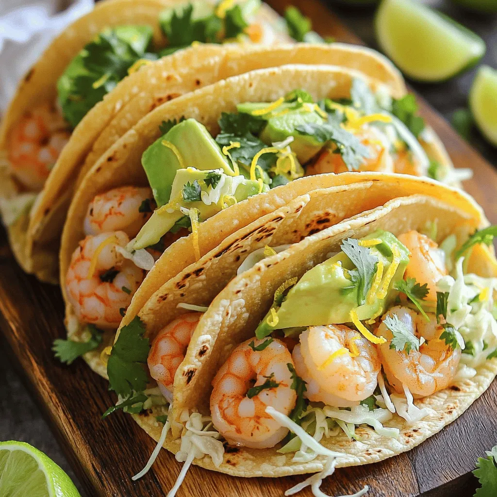 To make these tasty lemon garlic shrimp tacos, gather the following items: - 1 lb large shrimp, peeled and deveined - 3 tablespoons olive oil - 4 cloves garlic, minced - Juice and zest of 2 lemons - 1 teaspoon smoked paprika - 1/2 teaspoon cayenne pepper (optional) - Salt and pepper to taste - 8 small corn or flour tortillas - 1 avocado, sliced - 1 cup shredded cabbage - 1/4 cup fresh cilantro, chopped - Lime wedges for serving If you don’t have some of these ingredients, don’t worry! Here are some easy swaps: - Instead of shrimp, you can use chicken or firm tofu. - Use any cooking oil you like in place of olive oil. - If you lack smoked paprika, regular paprika works too. - Swap fresh cilantro with parsley or omit it if you prefer. Fresh herbs and veggies enhance the flavor. Here are my favorites: - Cilantro adds freshness and a hint of spice. - Avocado gives creaminess and pairs well with shrimp. - Shredded cabbage adds crunch and texture to each bite. - Lime juice brightens the tacos, making them zesty and fresh. Using these ingredients will take your shrimp tacos to the next level! To start, gather your ingredients. You need olive oil, minced garlic, lemon juice, lemon zest, smoked paprika, cayenne pepper, salt, and pepper. In a bowl, mix these items well. The olive oil adds smoothness. Garlic gives a great flavor. The lemon juice and zest bring brightness. Smoked paprika adds a nice touch of warmth. If you like heat, add the cayenne. Season with salt and pepper to your taste. This mix will coat the shrimp and add great taste. Next, take your shrimp. Make sure they are peeled and deveined. Add them to the marinade. Use a spatula or your hands to coat each shrimp evenly. Let the shrimp sit in the marinade for about 15 minutes. This step is key. It lets the shrimp soak up all the yummy flavors. Don't skip this part! After marinating, heat a large skillet over medium-high heat. Add the shrimp to the skillet. Cook for about 2-3 minutes until they turn pink and opaque. Keep an eye on them. Overcooked shrimp can become tough. While shrimp cooks, warm your tortillas in another skillet or the microwave. Once soft, lay a tortilla on a plate. Add a portion of the shrimp. Top with sliced avocado and shredded cabbage. Finish with fresh cilantro for color and taste. Serve with lime wedges on the side to squeeze over the tacos. Enjoy your meal! To avoid overcooking shrimp, pay close attention while cooking. Shrimp cook fast. When they turn pink and opaque, they are done. This usually takes 2-3 minutes on medium-high heat. If they curl up tightly, you have cooked them too long. Always remove them from the heat as soon as they change color. This keeps them tender and juicy. When choosing tortillas, you have options. Small corn tortillas bring a nice flavor and texture. They are gluten-free, too. Flour tortillas are soft and chewy, making them a great choice. You can use whichever you prefer. Just warm them up before filling. This makes them easy to fold and enjoy. To take your tacos up a notch, think about adding fresh toppings. Avocado adds creaminess. Shredded cabbage gives crunch. Fresh cilantro brightens every bite. You can also squeeze lime juice on top for extra zing. Other options include diced tomatoes or pickled onions. Feel free to mix and match to find your favorite flavors! {{image_2}} You can switch out shrimp for other proteins. Chicken works great in this recipe. Use about one pound of diced chicken breast. Cook it the same way as the shrimp. You can also use fish like tilapia or cod. Just make sure to adjust the cooking time. Fish cooks faster than shrimp. For a different taste, try using scallops. They add a nice touch and cook quickly. If you want a vegan or vegetarian option, try using tofu. Firm tofu will hold its shape well. Cut it into cubes and marinate just like the shrimp. You can also use jackfruit. It has a texture similar to meat. Season it with the same marinade for great flavor. Cauliflower is another fun choice. Roast it until tender for a delicious twist. You can add different herbs and spices to change the flavor. Fresh herbs like dill or parsley brighten up the dish. For a spicy kick, try adding some chili powder or cumin. These spices add depth and warmth. You can also throw in some fresh lime juice. It gives a zesty flavor that pairs well with shrimp. Don't forget to experiment! Cooking is all about finding what you love. To keep your leftover tacos fresh, place them in an airtight container. Store them in the fridge for up to two days. Make sure to separate the shrimp from the tortillas. This keeps the tortillas from getting soggy. You can also store toppings like avocado and cabbage in separate containers. This way, they stay crisp and tasty. When you are ready to eat the leftovers, you can reheat the shrimp. Heat a skillet over medium heat. Add the shrimp and cook for about 2-3 minutes. Stir often until they are warm. You can also warm the tortillas. Use a skillet or microwave. If using the microwave, wrap them in a damp paper towel. This helps keep them soft. You can freeze the shrimp for later use. Place the cooked shrimp in a freezer-safe bag. Remove as much air as you can. Label the bag with the date. You can freeze the shrimp for up to three months. When you are ready to use them, thaw the shrimp in the fridge overnight. Reheat them as mentioned above. Just note, the tortillas do not freeze well. It’s best to make fresh tortillas when you’re ready to eat. Yes, you can use frozen shrimp. Just thaw them before cooking. You can place them in cold water for about 15-20 minutes. Once thawed, peel and devein if needed. The taste will still be great! Some tasty toppings include: - Sliced avocado - Shredded cabbage - Fresh cilantro - Lime wedges You can also add diced tomatoes or pickled onions for extra flavor. Each topping adds a nice crunch or zest. To make these tacos gluten-free, use corn tortillas instead of flour ones. Check the label to ensure they are certified gluten-free. This way, you enjoy all the flavor without the gluten! This blog post walked you through making tasty lemon garlic shrimp tacos. We covered ingredients, including swaps and fresh herbs. You learned how to prep, marinate, cook shrimp, and assemble tacos. I shared tips on avoiding overcooked shrimp and choosing the right tortillas. We explored various proteins and flavor twists. Lastly, we looked at storing and reheating leftovers. Making these tacos is easy and fun. Try them out and enjoy every bite!