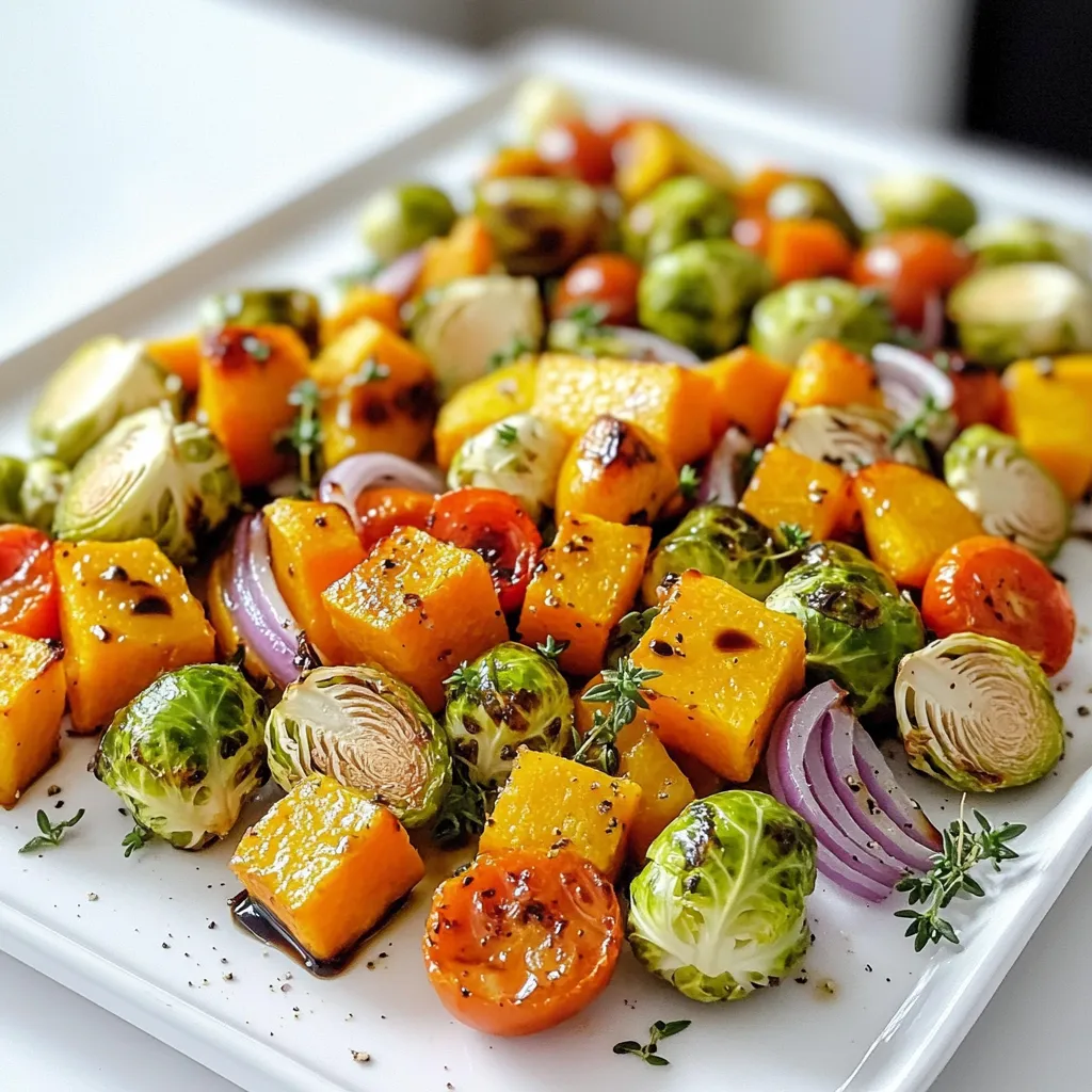 - 1 medium butternut squash, peeled and cubed - 2 cups Brussels sprouts, trimmed and halved - 2 large carrots, sliced into thin rounds - 1 red onion, cut into wedges - 1 cup cherry tomatoes, halved - 1/4 cup balsamic vinegar - 3 tablespoons olive oil - 2 tablespoons maple syrup - 1 teaspoon dried thyme - 1 teaspoon garlic powder - Salt and pepper to taste - Fresh parsley, chopped for garnish To make this dish, gather fresh veggies first. Butternut squash is sweet and creamy. Brussels sprouts add a savory crunch. Carrots bring color and sweetness. Red onion gives a nice bite. Cherry tomatoes burst with flavor. Next, focus on the key seasonings. Balsamic vinegar offers a tangy kick. Olive oil helps everything roast well. Maple syrup adds a touch of sweetness. Dried thyme brings an earthy note. Garlic powder enhances overall taste. Add salt and pepper to your liking. Finally, don’t forget the garnish. Fresh parsley brightens the dish. It adds a pop of color and freshness. This blend of veggies and flavors makes a perfect fall dish. Enjoy the taste of autumn with each bite. - Preheat oven to 425°F (220°C). - Prepare a large baking sheet with parchment paper. This helps with cleanup. - In a large mixing bowl, combine: - 1 medium butternut squash, peeled and cubed - 2 cups Brussels sprouts, trimmed and halved - 2 large carrots, sliced into thin rounds - 1 red onion, cut into wedges - 1 cup cherry tomatoes, halved - In a separate bowl, whisk together: - 1/4 cup balsamic vinegar - 3 tablespoons olive oil - 2 tablespoons maple syrup - 1 teaspoon dried thyme - 1 teaspoon garlic powder - Salt and pepper to taste - This dressing adds flavor to the veggies. - Pour the balsamic mixture over the veggies. Toss until they are evenly coated. - Spread the vegetable mixture in a single layer on the prepared baking sheet. - Roast in the oven for 25-30 minutes. Check for tenderness and slight caramelization. Toss halfway to ensure even cooking. - When done, remove the pan and let it cool slightly before serving. - Garnish with freshly chopped parsley for a pop of color. To get the best texture, roast your veggies for 25-30 minutes. Check them at 15 minutes, and toss them around. This helps them cook evenly. You want them tender and caramelized, not mushy. Add more spices for extra flavor. Try smoked paprika or cayenne for some heat. Fresh veggies always taste better. They give your dish a bright and crisp taste. Use the best quality you can find. Garnish your dish with fresh parsley. It adds color and freshness. You can serve these veggies as a side or over grains. They look great in a bowl or on a plate. Enjoy the vibrant mix of colors! {{image_2}} You can mix and match veggies for this dish. Try using sweet potatoes instead of butternut squash. Turnips or parsnips add a nice twist too. Colorful peppers bring a vibrant touch, while cauliflower adds great texture. Use seasonal veggies to keep it fresh. - Sweet potatoes - Turnips - Parsnips - Colorful bell peppers - Cauliflower If you want to make this dish heartier, add some protein. Chickpeas create a nice crunch and great flavor. You can also use sausage chunks for a meat option. Both choices boost nutrition and keep you full longer. - Chickpeas - Sausage Serve the roasted veggies over rice or quinoa for a complete meal. These grains soak up the balsamic flavor. If you prefer, crusty bread makes a great side. You can dip it in the balsamic sauce. Enjoying it this way makes every bite delicious. - Rice - Quinoa - Crusty bread After roasting your veggies, let them cool down before storing. This step keeps moisture from building up in your container. If you skip this, steam can make your veggies soggy. A good rule is to wait about 30 minutes. Store your cooled veggies in the fridge. Use airtight containers to keep them fresh. Glass containers work great, as they don’t absorb smells. Label with the date, so you know when to eat them. This will help you avoid waste. When it’s time to enjoy your leftovers, reheat them in the oven. Set it to 350°F (175°C) and warm for about 10-15 minutes. This method helps keep your veggies tender. You can also use a microwave, but be careful not to overcook them. Stir halfway through to ensure even heating. Roasting vegetables at 425°F takes about 25 to 30 minutes. You want them tender and slightly caramelized. Toss them halfway through cooking for even results. Keep an eye on them so they don’t burn. Yes, you can use frozen vegetables. However, they may release extra water. This can make your dish a bit soggy. If you use frozen veggies, roast them a little longer to help with moisture. If you need a substitute for balsamic vinegar, consider using red wine vinegar. You can also mix apple cider vinegar with a little honey for a sweeter taste. Each will give a unique flavor twist to your dish. This dish is already vegan! Just ensure your maple syrup is pure. It adds sweetness without any animal products. Enjoy the rich flavors from the veggies and balsamic dressing. Yes, you can prep this dish ahead of time! Chop the veggies and mix the dressing. Store them separately in the fridge. When ready to cook, just toss them together and roast. It saves time and still tastes great! Roasting vegetables is simple and fun. You learned about fresh veggies and key seasonings. I shared easy steps to prep and roast. With tips on texture and flavor, you'll impress your friends. Remember, you can mix and match veggies and proteins for variety. Store leftovers properly for later meals. Enjoy experimenting with new flavors! This dish lets you explore healthful eating every day. You have the tools to make it perfect. Happy cooking!