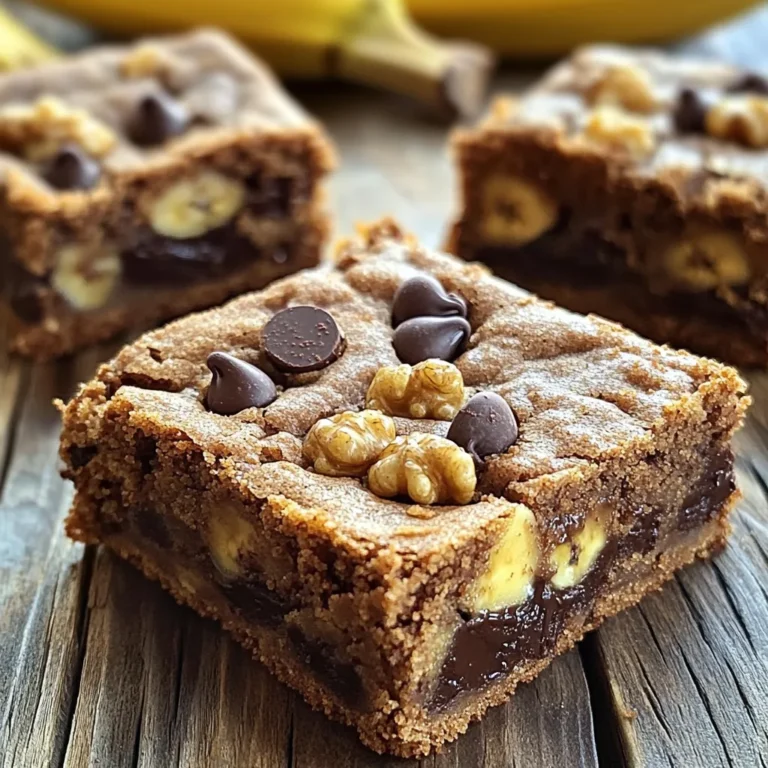 - 2 ripe bananas, mashed - 1/2 cup unsweetened applesauce - 1/2 cup brown sugar - 1/4 cup honey - 1 teaspoon vanilla extract - 1 1/2 cups all-purpose flour - 1 teaspoon baking soda - 1/2 teaspoon salt - 1/2 cup semi-sweet chocolate chips - 1/2 cup chopped walnuts (optional) To make tasty chocolate chip banana bars, you need fresh ingredients. Start with ripe bananas; they add natural sweetness. Use unsweetened applesauce to keep the bars moist. Brown sugar enhances the flavor, while honey adds a hint of floral notes. The vanilla extract gives a warm aroma that brightens each bite. For the dry mix, all-purpose flour serves as the base. Baking soda helps the bars rise, and salt balances the sweetness. Semi-sweet chocolate chips are a must for that rich chocolatey flavor. If you like, add chopped walnuts for crunch. They bring a nice texture contrast to the soft bars. Gathering these ingredients makes the cooking process smooth. Each element plays a role, making the bars both tasty and simple to bake. - Preheat to 350°F (175°C). - Grease a 9x9-inch baking pan with cooking spray or butter. Preheating the oven helps the bars bake evenly. Greasing the pan stops the bars from sticking. - Combine 2 ripe bananas, 1/2 cup unsweetened applesauce, 1/2 cup brown sugar, 1/4 cup honey, and 1 teaspoon vanilla extract in a large bowl. Mash the bananas well. Mix until everything blends into a smooth mixture. This step adds sweetness and moisture to the bars. - In another bowl, whisk together 1 1/2 cups all-purpose flour, 1 teaspoon baking soda, and 1/2 teaspoon salt. Whisking adds air to the dry mix. This helps the bars rise while baking. - Gradually add the dry ingredients to the wet mix. Stir until just combined. - Fold in 1/2 cup semi-sweet chocolate chips and 1/2 cup chopped walnuts, if using. Be careful not to overmix. This keeps the bars soft. The chocolate and walnuts add extra flavor and crunch. - Pour the batter into the prepared pan and smooth the top. - Bake for 25-30 minutes. Check for doneness with a toothpick. - Allow the bars to cool in the pan for about 10 minutes before transferring to a wire rack. Baking time may vary slightly. Letting them cool helps set the bars before cutting. These steps ensure a delicious, chewy treat! To get the best texture, avoid overmixing. When you mix the wet and dry ingredients, stir until just combined. Overmixing makes the bars tough. After baking, proper cooling is key. Let the bars cool in the pan for 10 minutes, then move them to a wire rack. This helps keep them soft and moist. You can easily customize the ingredients. For sweetness, try using maple syrup or coconut sugar. For a healthier twist, use whole wheat flour or almond flour. If you need a vegan version, replace honey with agave syrup. You can also use applesauce to replace eggs. This keeps the bars moist while making them vegan-friendly. To boost flavor, consider adding spices like cinnamon or nutmeg. A pinch of these can elevate the taste. You can also mix in extras like chopped nuts, coconut, or dried fruit. These additions make the bars even more delicious and fun to eat! {{image_2}} You can change the taste of your chocolate chip banana bars in fun ways. One great option is to add peanut butter. The mix of peanut butter and chocolate chips creates a rich, nutty flavor. Just add 1/2 cup of creamy peanut butter to your wet ingredients. Another tasty option is coconut. For coconut chocolate chip bars, mix in 1/2 cup of shredded coconut. This adds a tropical twist to your bars. Kids love this version! You can also play with different add-ins to suit your taste. Dried fruits add extra sweetness. Try raisins or chopped apricots for a chewy texture. Just 1/2 cup will do! If you prefer seeds instead of nuts, use sunflower seeds or pumpkin seeds. They add a nice crunch and boost the nutrition. You can use the same amount as you would for nuts. Serving your chocolate chip banana bars can be fun too! Pair them with a scoop of vanilla ice cream for a creamy treat. The cold ice cream contrasts nicely with the warm bars. You can also drizzle melted chocolate sauce over the top. This makes each bite even more heavenly. Just melt 1/4 cup of semi-sweet chocolate chips and pour it on top before serving. To keep your chocolate chip banana bars fresh, use an airtight container. This keeps them moist and tasty. You can store them at room temperature for up to three days. If you want them to last longer, refrigerate them. In the fridge, they can last up to a week. Just make sure the container seals well to avoid drying out. You can freeze these bars to enjoy later. First, let the bars cool completely. Then, cut them into pieces. Wrap each piece tightly in plastic wrap. Place the wrapped bars in a freezer bag or container. They will stay good for up to three months in the freezer. When you're ready to eat one, take it out of the freezer. Thaw it in the fridge overnight or on the counter for a few hours. You can also warm it up in the microwave for about 10-15 seconds. Enjoy your delicious treat when it's ready! Yes, you can use frozen bananas. Just thaw them first. The texture may be softer, but they will still taste great. Use ripe bananas for the best flavor. Check the center of the bars with a toothpick. If it comes out clean, the bars are done. They should look golden brown on the edges. You can use maple syrup or agave nectar in place of honey. They will add similar sweetness. Adjust the amount if needed, as flavors can differ slightly. These bars last about 3-4 days at room temperature. Store them in an airtight container. For longer storage, consider refrigerating them. Yes, you can make these bars in advance. They freeze well, too. Just wrap them tightly in plastic wrap before freezing. Thaw them in the fridge when you are ready to enjoy! This recipe uses ripe bananas and applesauce for a moist texture. You mix the wet and dry ingredients separately, then combine them. You can add chocolate chips and nuts for extra flavor. Baking takes just 25-30 minutes, and then you let them cool before serving. In the end, you'll have tasty bars perfect for snacks. With variations and storage tips, you can enjoy them anytime. Experiment and find your favorite mix-ins. Happy baking!