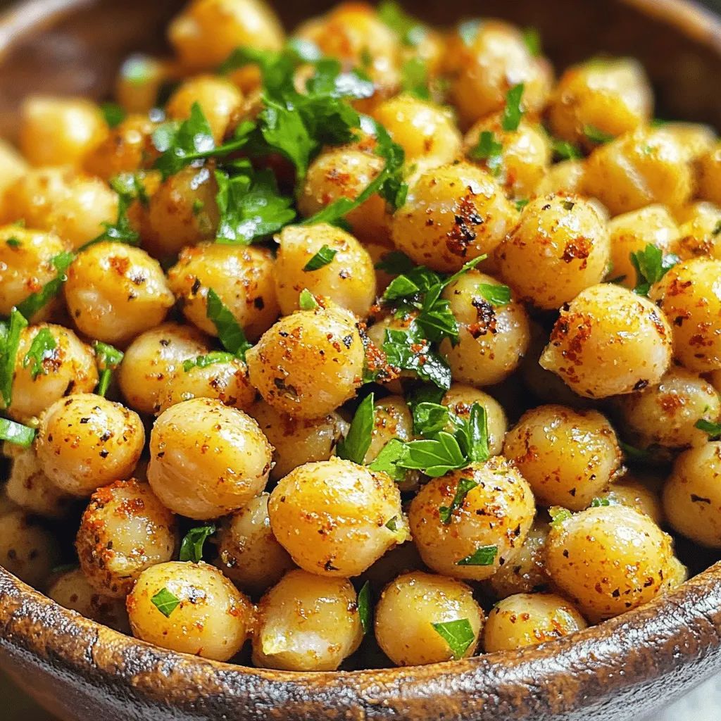 - 2 cans (15 oz each) chickpeas, drained and rinsed - 3 tablespoons olive oil - 4 cloves garlic, minced - Spices and herbs - 1 teaspoon smoked paprika - 1 teaspoon dried oregano - 1 teaspoon dried thyme - ½ teaspoon salt - ¼ teaspoon black pepper - ¼ teaspoon cayenne pepper (optional) - Fresh parsley, chopped Gather your main ingredients first. You need chickpeas, olive oil, and garlic. Chickpeas provide protein and fiber. Olive oil adds healthy fats and flavor. Garlic gives a rich taste. Now, let’s look at the spices and herbs. Smoked paprika tastes amazing and adds depth. Oregano and thyme bring earthy notes. Salt enhances all flavors. Black pepper adds a bit of heat. If you like spice, add cayenne pepper. Finally, don’t forget fresh parsley. It adds color and freshness. This blend of ingredients makes the perfect snack. Each component plays a role in creating delicious crispy garlic herb chickpeas. - Preheat the oven to 400°F (200°C). - Rinse the chickpeas in a colander. Pat them dry with a clean kitchen towel. This step is key. Removing moisture helps the chickpeas get extra crispy. - In a large mixing bowl, add the dried chickpeas. - Pour in 3 tablespoons of olive oil. - Add 4 cloves of minced garlic, 1 teaspoon of smoked paprika, 1 teaspoon of dried oregano, and 1 teaspoon of dried thyme. - Sprinkle in ½ teaspoon of salt, ¼ teaspoon of black pepper, and cayenne pepper if you like spice. - Stir well to coat the chickpeas evenly with all those tasty flavors. - Spread the chickpeas on a lined baking sheet in one layer. - Roast in the preheated oven for about 25-30 minutes. - Stir the chickpeas halfway through. This helps them cook evenly. - Look for a golden brown color and a crispy texture. - Once done, let them cool a bit. They will crisp up even more as they cool. - If you want, sprinkle with fresh parsley for a nice touch before serving. Patting dry is key for crispy chickpeas. When you rinse chickpeas, they hold moisture. If you don't dry them, they won't get that nice crunch. Use a clean towel to soak up all the water. For optimal roasting, spread the chickpeas in one layer. This helps them cook evenly. Stir them halfway through cooking. This way, they brown on all sides. Keep an eye on them in the last few minutes. They can go from golden to burnt quickly. To adjust spice levels, think about your taste. If you want more heat, add more cayenne. For a milder flavor, skip the cayenne or use less. You can also play with the smoked paprika amount. Consider adding other herbs like rosemary or basil. Thyme and oregano work great, but mixing in fresh herbs can add a nice twist. Try adding a squeeze of lemon juice before serving for extra zing. These chickpeas pair well with dips like hummus or tzatziki. You can also serve them with drinks like iced tea or a light beer. For serving, try mixing them into salads or grain bowls. They add a nice crunch and flavor. You can also serve them as a snack on their own. Just place them in a bowl and enjoy! {{image_2}} You can add lemon zest or juice to give your chickpeas a bright flavor. Just a little zest makes them pop! You can also try using different spice blends. For example, add curry powder for an Indian twist or Italian herbs for a Mediterranean touch. These chickpeas are vegan-friendly. They fit perfectly into a plant-based diet. You can also make them gluten-free. Chickpeas are naturally gluten-free, so you have nothing to worry about here. If you want to try something new, consider alternatives to chickpeas. You can use canned white beans or lentils for a different texture. For oil options, you could use avocado oil or coconut oil. This way, you can customize the flavor to match your taste! To store leftover chickpeas, let them cool completely. Place them in an airtight container. This will keep them fresh and tasty. You can use glass or BPA-free plastic containers. Make sure the lid seals tightly. To reheat crispy chickpeas, use an oven or air fryer. Preheat your oven to 350°F (175°C). Spread the chickpeas on a baking sheet. Heat them for about 10 minutes. This method helps keep them crunchy. If using an air fryer, set it to 350°F and cook for 5-7 minutes. Check often to avoid burning. Crispy chickpeas can last in the fridge for up to 4 days. Just remember to keep them in an airtight container. For longer storage, you can freeze them. They will stay good for up to 2 months in the freezer. To freeze, spread them on a baking sheet. Once frozen, transfer them to a freezer bag. This helps prevent clumping. To make chickpeas crispy, start by rinsing and patting them dry. Moisture makes them soggy. Use two cans of chickpeas for this recipe. Then, coat them with olive oil and spices. Olive oil helps in crisping. Spread them on a baking sheet in a single layer. Roast in a preheated oven at 400°F for 25-30 minutes. Stir them halfway through to ensure even cooking. Let them cool slightly after roasting. They will get crunchier as they cool down. Yes, you can use dried chickpeas. However, you must soak and cook them first. Soak them in water overnight. After soaking, boil them until tender. This may take 1 to 2 hours. Once cooked, drain and dry them thoroughly. Follow the same steps for seasoning and roasting as with canned chickpeas. Chickpeas are very versatile. You can try different seasonings for variety. For a spicy kick, use chili powder or cumin. For a zesty flavor, add lemon zest or juice. You can also mix in a little curry powder for an exotic taste. Don’t forget to try fresh herbs like rosemary or basil. Each spice gives a unique twist to your snack! You now know how to make crispy, flavorful roasted chickpeas. We covered the main ingredients, like chickpeas, olive oil, and spices. I shared easy step-by-step instructions and helpful tips for crispiness. We also explored tasty variations and storage methods to keep your chickpeas fresh. Try these chickpeas as a snack or a side dish. They are simple and fun to make. Enjoy experimenting with different flavors and find your favorite combination!