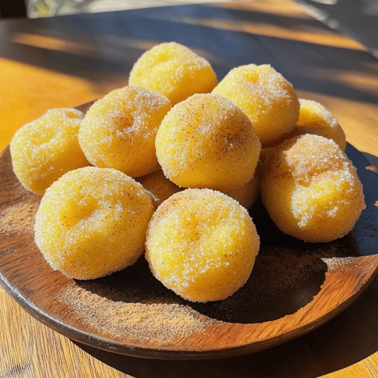 Here are the key ingredients you will need for the perfect cinnamon sugar donut holes: - 1 cup all-purpose flour - 1/4 cup granulated sugar - 1/4 cup unsweetened applesauce - 1/2 teaspoon baking powder - 1/4 teaspoon baking soda - 1/4 teaspoon salt - 1/2 teaspoon ground cinnamon - 1 tablespoon vegetable oil - 1/2 teaspoon vanilla extract - 1/4 cup granulated sugar (for rolling) - 1 tablespoon ground cinnamon (for rolling) Each ingredient plays a role in making these donut holes soft and tasty. The flour gives structure, while applesauce adds moisture. Baking powder and baking soda help them rise. Ground cinnamon gives that warm, cozy flavor we all love. When you mix the sugar for rolling, the extra sweetness pairs nicely with the cinnamon. It creates a delightful crunch. Make sure to use fresh ingredients for the best taste. These donut holes are easy to make and perfect for any occasion! - Mixing dry ingredients Start by grabbing a large bowl. Combine 1 cup of all-purpose flour, 1/4 cup of granulated sugar, 1/2 teaspoon of baking powder, 1/4 teaspoon of baking soda, 1/4 teaspoon of salt, and 1/2 teaspoon of ground cinnamon. Stir well to mix everything together. - Whisking wet ingredients In a separate bowl, whisk together 1/4 cup of unsweetened applesauce, 1 tablespoon of vegetable oil, and 1/2 teaspoon of vanilla extract. Make sure this is well combined and smooth. - Combining wet and dry mixtures Pour the wet mixture into the dry mixture. Stir gently until just combined. The dough will be thick, which is perfect for donut holes. - Forming the dough balls Lightly flour your hands to prevent sticking. Scoop out a tablespoon of dough and roll it into a small ball. Place it on a plate or parchment paper. Keep doing this until you shape all the dough. - Arranging in the air fryer Place the dough balls in a single layer in the air fryer basket. Leave some space between them to allow air to circulate. This step is key for even cooking. - Preheating the air fryer Preheat your air fryer to 350°F (175°C). This helps the donut holes cook evenly right from the start. - Cooking time and temperature Air fry the donut holes for about 8-10 minutes. Look for a slightly golden color and a cooked-through texture. You may need to cook in batches, depending on your air fryer size. - Checking for doneness After 8 minutes, check the donut holes. If they look golden and firm, they are done. If not, give them another 1-2 minutes. To make the best donut holes, ensure they cook evenly. Place them in a single layer in the air fryer. This allows hot air to flow all around them. If you crowd them, some may not cook well. Use the right air fryer settings. I recommend 350°F (175°C). This temperature gives a nice golden color. Keep an eye on them as they cook for about 8-10 minutes. Avoid over-mixing the dough. When you stir the wet and dry ingredients, mix just until combined. A few lumps are okay. This keeps the donut holes light and fluffy. If you mix too much, they may become dense. Donut holes pair well with drinks. Try serving them with coffee or hot chocolate. They also go great with milk or tea. For special occasions, gift them in a cute box. You can add a personal note. Friends and family will love this sweet surprise. Not all air fryers are the same. Look for models with even heating. Some popular ones include the Philips Airfryer and the Cosori Air Fryer. They cook evenly and are easy to clean. You’ll also need simple tools for shaping donut holes. Use a cookie scoop or your hands. Lightly flour your hands to make rolling easier. This keeps the dough from sticking. {{image_2}} You can make your cinnamon sugar donut holes even more exciting! Here are two great ideas: - Adding chocolate chips: Mix in about 1/2 cup of mini chocolate chips into the dough. This will give your donut holes a rich, sweet surprise inside. The chocolate melts and adds a creamy texture that pairs well with the warm, spiced dough. - Incorporating fruit puree: Swap out some applesauce for fruit puree, like pureed strawberries or bananas. Use about 1/4 cup to keep the dough moist. This can add a unique flavor twist and a pop of color to your donut holes. If you want to try something different instead of cinnamon sugar, consider these options: - Using a glaze instead of cinnamon sugar: Make a simple glaze by mixing powdered sugar with a bit of milk or water. Dip the hot donut holes into the glaze right after frying. This gives them a sweet, shiny finish. - Experimenting with different spices: Try using nutmeg or pumpkin spice instead of cinnamon. Just mix about 1 tablespoon of your chosen spice with the sugar. This can change the flavor profile and keep things fresh. You can also adjust this recipe for different diets: - Gluten-free options: Replace all-purpose flour with a 1:1 gluten-free flour blend. This works well and keeps the donut holes soft and fluffy. Check that your baking powder is gluten-free too. - Vegan adaptations: To make this recipe vegan, swap the applesauce for a flax egg (1 tablespoon of flaxseed meal mixed with 2.5 tablespoons of water). Use a plant-based oil instead of vegetable oil. To keep your cinnamon sugar donut holes fresh, store them in an airtight container. This helps prevent them from drying out. You can use a plastic or glass container with a tight lid. It’s best to eat them within two days for peak flavor and texture. If you have extra, consider separating layers with parchment paper to avoid sticking. You can freeze your donut holes for longer storage. Place the cooled donut holes in a single layer on a baking sheet. Freeze them for about an hour. After that, transfer them to a freezer-safe bag or container. They will last up to three months in the freezer. To reheat, set your air fryer to 300°F (150°C). Heat the frozen donut holes for about 5-7 minutes. This method keeps them warm and soft. You can also microwave them for about 15-20 seconds, but they may not be as crispy. Enjoy your tasty treats anytime! You will know the donut holes are done when they turn a light golden color. They should feel firm when you touch them. Use a toothpick to check if they are cooked inside. If it comes out clean, they are ready! Yes, you can use different flour. Almond flour or whole wheat flour can work well. However, it may change the texture a bit. Be aware that gluten-free flour may need extra liquid to hold together. You can use mashed bananas or yogurt as a substitute for applesauce. Both will add moisture and sweetness. Just keep in mind that the flavor may change slightly. Leftover donut holes last about two days at room temperature. Store them in an airtight container to keep them fresh. You can also refrigerate them for up to a week. Yes, you can double the recipe easily. Just make sure to mix the ingredients in a large bowl. You may need to cook them in batches in your air fryer. Enjoy sharing with friends and family! Now you know how to make tasty air-fried donut holes from scratch. We covered the key ingredients and step-by-step instructions. You learned tips for even cooking and different flavor options. Don't forget the best storage methods to keep your treats fresh. I hope you feel excited to try these donut holes. With a few simple steps, you can impress friends and family with your baking skills. Enjoy making and sharing these delicious bites!