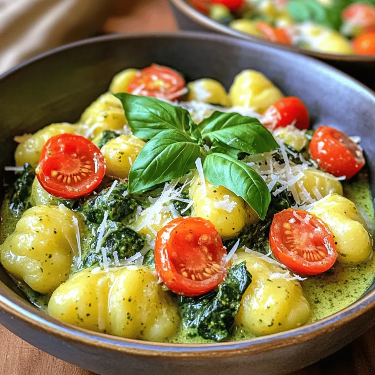 - 1 pound gnocchi (store-bought or homemade) - 1 cup heavy cream - 1/2 cup basil pesto - 1 cup cherry tomatoes, halved - 1 cup fresh spinach - 1 cup Parmesan cheese, grated - 2 tablespoons olive oil - Salt and pepper to taste - 1/4 teaspoon red pepper flakes (optional) - Fresh basil leaves for garnish Gathering these ingredients is key to making creamy pesto gnocchi. Start with gnocchi. You can use store-bought or make your own. Gnocchi adds a fun texture and flavor to the dish. Next, heavy cream creates that rich, creamy sauce that coats the gnocchi perfectly. The basil pesto gives the dish its signature taste. You can use homemade pesto, but store-bought works great too. Cherry tomatoes bring a sweet burst of flavor. Halve them for even cooking. Fresh spinach adds color and nutrients. It wilts down nicely in the warm sauce. Grated Parmesan cheese enhances the creaminess and adds a savory note. The additional ingredients are just as important. Olive oil helps sauté the tomatoes, creating a base for the sauce. Season with salt and pepper to taste. If you like heat, add red pepper flakes for a kick. Lastly, fresh basil leaves will brighten up the dish when you serve it. With all these ingredients ready, you're set for an easy and tasty dinner. - Heating the olive oil Start by pouring 2 tablespoons of olive oil into a large pot. Heat this over medium heat. You want the oil to shimmer, not smoke. - Cooking the cherry tomatoes Next, add 1 cup of halved cherry tomatoes to the pot. Cook them for about 3-4 minutes. They should soften and release their juices. This step adds a sweet flavor to your dish. - Adding heavy cream and pesto Now, stir in 1 cup of heavy cream. Cook for an additional 2 minutes to warm it up. After that, mix in 1/2 cup of basil pesto. Stir until everything blends well. - Incorporating gnocchi Carefully add 1 pound of gnocchi to the pot. Gently stir to coat each piece. Add 1/2 cup of water to help with cooking. This will make the gnocchi soft and fluffy. - Simmering the gnocchi Cover the pot and bring it to a gentle simmer. Cook for about 3-5 minutes. The gnocchi will float when they are ready. This means they are tender and perfect. - Adding spinach and cheese Stir in 1 cup of fresh spinach and 1 cup of grated Parmesan cheese. Mix until the cheese melts. Adjust salt and pepper to taste. If you like heat, add 1/4 teaspoon of red pepper flakes. Let it sit for a couple of minutes to thicken before serving. - Ensuring gnocchi is tender: To keep your gnocchi soft, don’t overcook them. Once they float, they are ready! This usually takes about 3 to 5 minutes. Watch closely to avoid mushiness. - Adjusting sauce thickness: If your sauce is too thick, add a little water or extra cream. Stir well as it heats. For a thicker sauce, let it simmer a bit longer until it coats the gnocchi nicely. - Ideal presentation methods: Serve your creamy pesto gnocchi in deep bowls. Top with fresh basil leaves and a sprinkle of Parmesan. This adds color and makes it look gourmet. - Pairing with side dishes: A light salad or garlic bread pairs nicely. Fresh greens balance the creaminess. Choose a simple side to keep the focus on the gnocchi. - Dairy-free options for cream and cheese: Use coconut milk or cashew cream instead of heavy cream. Nutritional yeast can replace Parmesan cheese for a cheesy flavor without dairy. - Alternative pesto choices: You can use sun-dried tomato pesto or arugula pesto. This gives a new twist to the dish. Experiment with different flavors to find your favorite! {{image_2}} You can easily change the flavor of your creamy pesto gnocchi. Here are some ideas: - Adding protein: Toss in cooked chicken or shrimp for a hearty meal. Both proteins work well with the creamy sauce. - Different herbs: Experiment with fresh thyme or oregano. These herbs add new layers of taste to the dish. You can also adapt this recipe to match the seasons. Here’s how: - Using seasonal vegetables: In spring, add asparagus or peas. In fall, try roasted squash or brussels sprouts. Each vegetable gives a fresh twist. - Recipe adaptation for holidays: For festive meals, consider adding a touch of nutmeg or cinnamon. This gives the dish a warm, cozy flavor for holiday gatherings. This recipe can fit different dietary needs. Here are some options: - Gluten-free gnocchi options: Look for gluten-free gnocchi made from potatoes or rice. These can easily replace regular gnocchi. - Vegan adaptations: Use coconut cream instead of heavy cream and nutritional yeast for cheese. Your dish will still be creamy and rich without animal products. To store leftovers, place them in an airtight container. Make sure to cool the dish completely first. The shelf life in the refrigerator is about 3 to 4 days. Always check for any signs of spoilage before eating. You can freeze creamy pesto gnocchi for up to 2 months. To do this, let it cool completely, then transfer it to a freezer-safe container. For best flavor, avoid freezing if possible. Creamy sauces can change when thawed, but it still tastes good. The best method for reheating gnocchi is on the stove. Add a splash of water or cream to help bring back its creaminess. You can also use the microwave, but be careful not to overcook it. Stir often to ensure even heating. If the sauce is too thick, add more liquid to adjust the consistency. How long do gnocchi take to cook? Gnocchi cook quickly. Once you add them to the pot, they take about 3 to 5 minutes. You can tell they are done when they float to the top. This means they are soft and ready to eat. Can I make creamy pesto gnocchi ahead of time? Yes, you can prepare creamy pesto gnocchi ahead. Just cook it and let it cool. Store it in the fridge for up to two days. When you are ready to eat, reheat it gently on the stove. What to do if the sauce is too thick? If your sauce is too thick, add a splash of water or more cream. Stir it well to mix. This will help thin it out and make it creamy again. Can I substitute homemade pesto for store-bought? Absolutely! Homemade pesto adds great flavor. Use the same amount as the recipe states for store-bought. Your gnocchi will taste fresh and delicious. What other cheeses can I use besides Parmesan? You can use several cheeses if you want. Try Pecorino Romano for a sharper taste. Mozzarella will make it extra gooey and creamy. Cheddar also works well for a twist. Caloric and nutritional breakdown Each serving of creamy pesto gnocchi has about 600 calories. It includes fats, proteins, and carbohydrates. This dish is rich due to the cream and cheese. Health benefits of main ingredients - Gnocchi: Provides carbohydrates for energy. - Basil: Contains antioxidants and vitamins. - Spinach: Offers iron and calcium. - Heavy cream: Adds calcium but should be eaten in moderation. This dish combines flavors and nutrients. Enjoy it as part of a balanced meal! This creamy pesto gnocchi recipe combines rich flavors with simple steps. You learned about the main ingredients, cooking techniques, and ideas for variations. I shared tips for storage and reheating to keep your meal fresh. Whether you follow the original recipe or tweak it, you can make it your own. Enjoying this dish can bring warmth to any meal. Now, gather your ingredients and dive in! You’ll soon see just how comforting this dish can be.