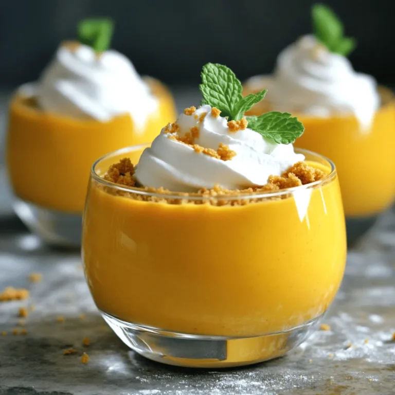 - 1 cup canned pumpkin puree - 1 cup plain Greek yogurt - 1/2 cup cream cheese, softened - 1/4 cup protein powder (vanilla or unflavored) - 1/4 cup maple syrup or honey - 1 teaspoon vanilla extract - 1 teaspoon pumpkin pie spice - Pinch of salt - Optional toppings: whipped cream, graham cracker crumbs To make this pumpkin cheesecake protein mousse, you need simple ingredients. Canned pumpkin puree gives a rich flavor. The Greek yogurt adds creaminess and protein. Cream cheese makes it smooth and rich. Protein powder boosts nutrition without changing the taste. Maple syrup or honey sweetens the mix. Vanilla extract adds warmth. Pumpkin pie spice gives that classic fall flavor. Lastly, a pinch of salt balances everything. You can personalize your mousse with optional toppings. Whipped cream adds a light finish. Graham cracker crumbs give a nice crunch. Use these toppings to make your dessert even more special. 1. Start by mixing the canned pumpkin puree, Greek yogurt, and softened cream cheese in a bowl. Use your electric mixer on medium speed. Blend until smooth and creamy. 2. Next, add the protein powder, maple syrup or honey, vanilla extract, pumpkin pie spice, and a pinch of salt. Mix again until everything is well combined and fluffy. 3. Taste your mousse. If you want it sweeter, add more maple syrup or honey to find the right balance. 1. Once your mousse is ready, transfer it into serving bowls or dessert glasses. Fill them about three-quarters full for the best look. 2. Refrigerate the mousse for at least 30 minutes. This chilling time will enhance the flavors and firm up the texture. 1. When you're ready to serve, top each mousse with a dollop of whipped cream. This adds richness and a nice look. 2. For an added crunch, sprinkle graham cracker crumbs on top. This gives a fun texture contrast and a hint of sweetness. Using fresh pumpkin makes a huge difference. Fresh pumpkin has bright flavor and richer nutrients. Canned pumpkin is still good but lacks that fresh taste. If you choose canned, make sure it’s pure pumpkin, not pie filling. Cream cheese must be at room temperature. This helps it mix well and become smooth. Cold cream cheese can create lumps. Always set it out for about 30 minutes before using. Mixing is key for the right texture. Use an electric mixer to blend your ingredients. Start slow and then increase the speed. This will make your mousse light and fluffy. Refrigeration is also crucial. Chill the mousse for at least 30 minutes. This helps the flavors blend better and firm up the texture. If you skip this step, your mousse may be too soft. You can use different sweeteners to adjust the taste. Maple syrup gives a nice flavor, but honey works too. If you want less sugar, try stevia or erythritol. Balancing flavors is important. Taste the mousse after mixing. If it needs more sweetness, add a bit more sweetener. Always mix well after adding anything. This keeps the mousse perfect! {{image_2}} You can change the taste of your pumpkin cheesecake protein mousse easily. Here are some great ideas: - Adding chocolate or caramel: Drizzle chocolate or caramel sauce on top. You can even mix some melted chocolate into the mousse. This gives a rich flavor twist. - Incorporating spices like ginger or cloves: Try adding a little ginger or clove. These spices add warmth and depth, making your mousse even more exciting. If you want to adjust for health needs, here are some options: - Low-fat cream cheese options: Use low-fat cream cheese if you want a lighter version. It still gives that creamy texture without too many calories. - Dairy-free alternatives: For a dairy-free mousse, swap the cream cheese with a dairy-free cream cheese. You can also use coconut yogurt instead of Greek yogurt. How you serve this mousse can change the fun: - Layered desserts: Create layers in a clear glass. Alternate mousse with whipped cream or graham cracker crumbs. This looks great and tastes amazing. - Parfait-style servings: Serve it in a parfait style. Layer the mousse with fruits like blueberries or bananas. This makes it colorful and adds more flavor. You can store pumpkin cheesecake protein mousse in the fridge for up to three days. For the best taste, keep it in an airtight container. This helps maintain its creamy texture and prevents it from absorbing other flavors in your fridge. Yes, you can freeze mousse! It will last about one month in the freezer. To freeze, place it in a freezer-safe container. Leave some space at the top since the mousse may expand. When you're ready to enjoy it, move the mousse to the fridge to thaw overnight. After refrigeration or freezing, the mousse may lose some of its fluffiness. To revive the texture, mix it gently with a spatula. You can also add a little Greek yogurt or whipped cream to restore its creaminess before serving. This will keep it delicious and smooth. What is pumpkin protein mousse? Pumpkin protein mousse is a creamy dessert packed with flavor and protein. It blends canned pumpkin, Greek yogurt, and cream cheese into a light, fluffy mousse. The addition of protein powder boosts the protein content, making it a tasty and filling treat. Can I make this ahead of time? Yes, you can make pumpkin protein mousse ahead of time. It keeps well in the fridge for up to three days. Just store it in airtight containers. This lets the flavors meld together, making it even tastier when you serve it. Is it healthy? Yes, pumpkin protein mousse is a healthy dessert option. It includes nutrient-rich ingredients like pumpkin and Greek yogurt. Pumpkin is low in calories and high in fiber, vitamins, and minerals. This mousse also has a good balance of protein and healthy fats. Protein content in each serving Each serving of pumpkin protein mousse contains about 10-12 grams of protein. This comes mainly from Greek yogurt and protein powder. The protein helps keep you full and supports muscle health. Can I use a different protein powder? Yes, you can use different protein powders. Vanilla or unflavored protein powders work best. If you prefer plant-based options, look for vegan protein powders made from peas, rice, or hemp. This keeps the taste and texture similar. How to make it vegan? To make pumpkin protein mousse vegan, swap Greek yogurt and cream cheese for plant-based alternatives. Use vegan cream cheese and dairy-free yogurt. Replace honey with maple syrup or agave nectar. This way, you keep it creamy and delicious without any animal products. This blog post shows how to make a delicious pumpkin protein mousse. You learned about the needed ingredients and how to mix them for a tasty dessert. I shared tips for achieving great texture and adjusting sweetness. You also found variations and storage tips to keep your mousse fresh. As you try this recipe, remember to be creative and have fun. Enjoy your tasty treat while knowing it can fit many diets!