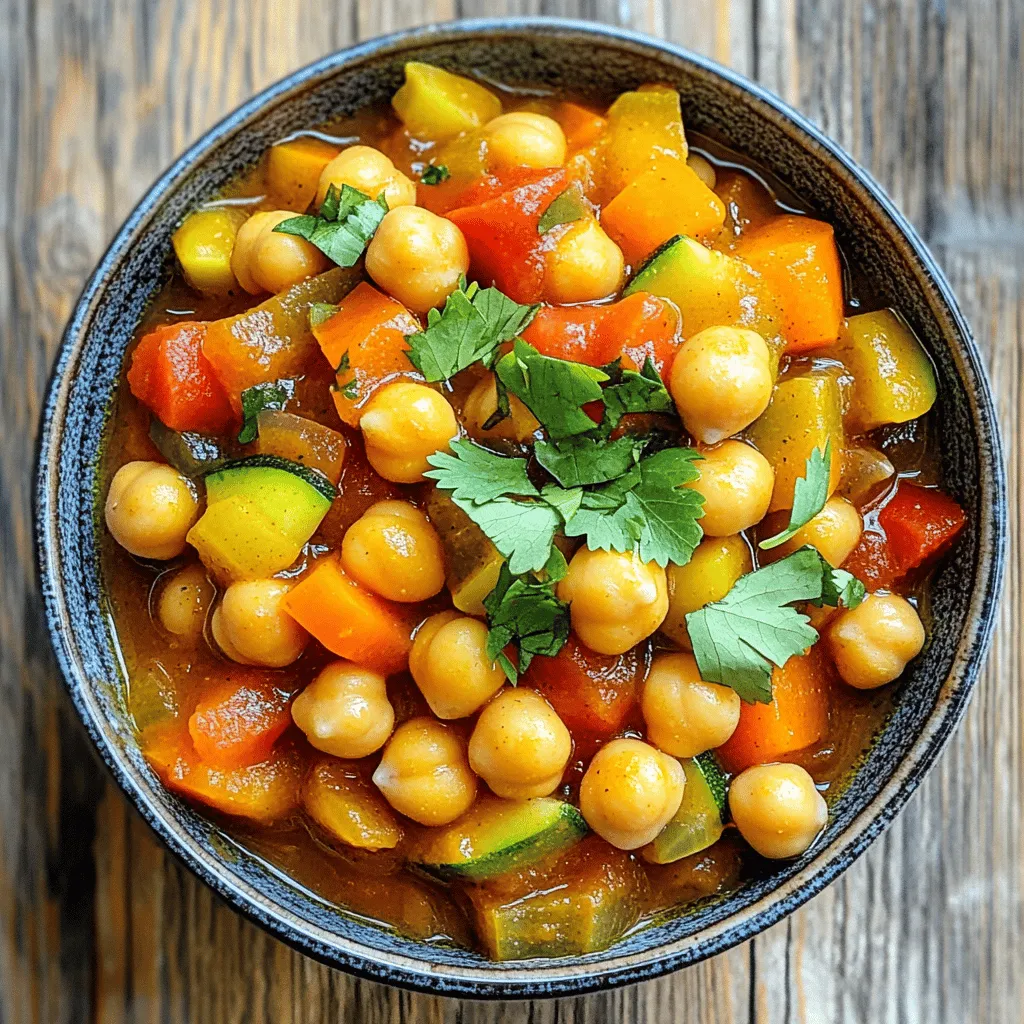 To make a tasty Slow Cooker Moroccan Chickpea Stew, you need some key ingredients. Here’s what you should gather: - 2 cans (15 oz each) chickpeas, drained and rinsed - 1 large onion, diced - 3 cloves garlic, minced - 2 carrots, sliced - 1 bell pepper, diced (red or yellow) - 1 zucchini, diced - 1 can (14 oz) diced tomatoes with juice - 2 cups vegetable broth - 1 tablespoon Moroccan spice blend (cumin, coriander, cinnamon, turmeric) - 1 teaspoon smoked paprika - 1 tablespoon honey or maple syrup - 1 cup dried apricots, chopped - Salt and pepper to taste - Fresh cilantro or parsley for garnish - 1 tablespoon olive oil Each of these ingredients adds to the stew’s rich taste and texture. Garnishes can make your stew look and taste even better. Here are some ideas: - Fresh cilantro or parsley for a pop of green - A squeeze of lemon juice for brightness - Toasted almonds for crunch - A dollop of yogurt for creaminess Mix and match to find your favorite combinations that suit your taste. The right spices create the heart of this dish. I recommend using a Moroccan spice blend that includes: - Cumin - Coriander - Cinnamon - Turmeric These spices give the stew a warm, earthy flavor. You can adjust the amounts to suit your taste. If you want more heat, add a pinch of cayenne pepper. Enjoy the rich and vibrant flavors they bring! First, heat 1 tablespoon of olive oil in a skillet over medium heat. Add 1 large diced onion. Sauté for about 5 minutes until it turns soft and clear. Next, stir in 3 minced garlic cloves. Cook for 1 more minute until the garlic smells great. This mix of onion and garlic adds a tasty base to your stew. Now, transfer the onion and garlic to your slow cooker. Add 2 cans of drained and rinsed chickpeas. Toss in 2 sliced carrots, 1 diced bell pepper (you can use red or yellow), and 1 diced zucchini. Then, pour in 1 can of diced tomatoes with their juice. Don’t forget to add 2 cups of vegetable broth for moisture. Next, sprinkle in 1 tablespoon of the Moroccan spice blend, plus 1 teaspoon of smoked paprika. Add 1 tablespoon of honey or maple syrup for a sweet touch. Season with salt and pepper, and stir all the ingredients well. Cover the slow cooker and set it to low for 6-8 hours or high for 3-4 hours. This time allows the veggies to soften and flavors to mix nicely. When done, taste the stew and adjust the seasonings if needed. Add 1 cup of chopped dried apricots about 15 minutes before serving to warm them through. Enjoy your warm, hearty dish! To make your stew even better, focus on the spices. Use fresh spices whenever possible. They bring out more taste. Add a squeeze of lemon juice just before serving. It brightens the flavors and adds a nice zing. For a bit of heat, mix in some crushed red pepper flakes. This will add warmth without overpowering the dish. Lastly, top it with fresh herbs like cilantro or parsley. Their green notes add freshness. One common mistake is skipping the sauté step. Sautéing the onion and garlic builds a rich base for your stew. Also, be careful not to add too much salt early on. You can always adjust later. Using low-quality canned tomatoes can dull the taste. Choose good-quality diced tomatoes for better flavor. Lastly, don’t forget the dried apricots. They add sweetness and balance the spices. Add them too early, and they might melt away. Pairing sides can enhance your meal. Serve the stew with fluffy couscous or warm pita bread. Both soak up the stew's rich flavors well. A simple green salad with a light vinaigrette is also great. It adds crunch and freshness. For a heartier option, consider serving with quinoa. It complements the chickpeas and adds protein. Enjoy your stew with these lovely sides for a complete meal! {{image_2}} You can easily make this stew vegan. Just skip honey and use maple syrup instead. This keeps the dish sweet and plant-based. The chickpeas provide protein, so it stays filling. You can also add more veggies like spinach or kale for extra nutrients. Feel free to swap ingredients based on what you like. If you don’t enjoy zucchini, try squash or eggplant. You can use any beans, too, like black beans or kidney beans, if you want a change. For a spicier kick, add jalapeños or chili flakes. If you want a faster option, use an Instant Pot. Cook on high pressure for about 15 minutes. For stovetop, just simmer everything in a pot for 30-40 minutes. Stir often to keep it from sticking. Both methods give you a tasty stew, just like the slow cooker. Store your leftover Moroccan chickpea stew in an airtight container. Let the stew cool before sealing it. You can keep it in the fridge for up to four days. The flavors will deepen as it sits, making it even tastier! To freeze the stew, use a freezer-safe container. Leave some space at the top for expansion. The stew can be frozen for up to three months. When you're ready to eat, let it thaw in the fridge overnight. Reheat the stew on the stove for best results. Use low heat and stir often to avoid sticking. You can add a splash of vegetable broth if it seems thick. The microwave works too; just cover it and heat in short bursts, stirring in between. Enjoy the warm, rich flavors! Yes, you can use dried chickpeas. First, soak them overnight in water. This softens them. Then, cook them until tender before adding to the stew. This process takes more time but gives a nice texture. To boost the heat, add cayenne pepper or chili powder. Start with a small amount and taste as you go. You can also add fresh jalapeños for a fresh kick. Stir them in during cooking for the best flavor. If you want a substitute for honey or maple syrup, try agave syrup or brown sugar. Both options will add sweetness and balance the spices. Adjust the amount to fit your taste. In this blog post, we explored making a delicious Slow Cooker Moroccan Chickpea Stew. We covered essential ingredients and spices that create authentic flavors. I shared step-by-step instructions and tips for perfecting your dish. My final thought is simple: enjoy the process. Feel free to adapt the recipe to your taste. Whether you’re vegan or want some spice, you can make this stew yours. Don't forget to store leftovers well to enjoy later!