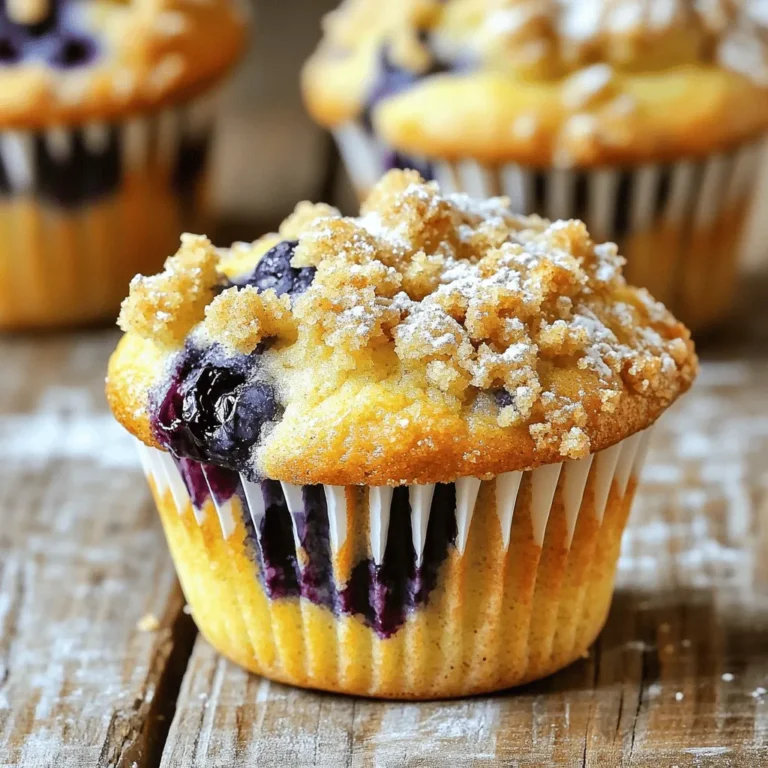 - 2 cups all-purpose flour - 1 cup fresh blueberries - 1/2 cup granulated sugar - 1/2 cup unsalted butter, melted - 2 large eggs - 1/2 cup milk (or buttermilk) - Zest of 1 lemon - 2 tablespoons lemon juice - 1 tablespoon baking powder - 1/2 teaspoon salt - 1/4 teaspoon baking soda - 1/3 cup all-purpose flour - 1/4 cup granulated sugar - 1/4 cup brown sugar, packed - 1/4 cup unsalted butter, melted - 1/2 teaspoon cinnamon Gathering the right ingredients is key. Start with fresh blueberries; they give the best flavor. Use all-purpose flour for a soft muffin. The sugar adds sweetness, while butter keeps them rich and moist. Eggs bind everything together, creating a nice texture. For liquid ingredients, milk or buttermilk makes the muffins tender. Lemon zest and juice add brightness. You can use the zest from one lemon for a burst of citrus. When it comes to dry ingredients, baking powder helps the muffins rise. Salt adds balance, while baking soda works with the acidic lemon juice. Finally, for the crumb topping, mix flour with both sugars and cinnamon. This creates a sweet, crunchy layer on top. Melted butter binds it all, making it easy to sprinkle on the muffins. All these ingredients come together to create a delightful treat. They are perfect for breakfast or a snack. Enjoy the burst of flavor in every bite! - Preheat the oven to 375°F (190°C). - Prepare the muffin tin with liners or grease. - Combine 1/3 cup flour, granulated sugar, brown sugar, melted butter, and cinnamon. - Mix until crumbly and set aside. - In a large bowl, whisk together 2 cups flour, baking powder, salt, and baking soda. - In another bowl, whisk together melted butter, sugar, eggs, milk, lemon zest, and lemon juice. - Pour the wet ingredients into the dry ingredients. - Stir gently until just combined. Avoid overmixing for fluffiness. - Gently fold in the fresh blueberries. - Fill muffin cups about 2/3 full with batter. - Sprinkle crumb topping generously over each muffin. - Bake for 20-25 minutes until golden brown. - Cool the muffins in the tin for 5 minutes. - Then, transfer them to a wire rack to cool completely. - Use fresh blueberries for best results. They burst with juice and flavor. - Consider using buttermilk for extra moisture. It helps keep the muffins soft. - Fold gently to maintain muffin texture. Overmixing makes them tough. - Understand the signs of proper mixing. Stop when the batter is just combined. - Serve warm or at room temperature. Warm muffins taste wonderful. - Pair with beverages for a full experience. Coffee or tea enhances the flavor. {{image_2}} You can easily brighten your muffins with lemon zest. This adds a fresh, zesty taste. Just grate the peel of a lemon and mix it into the batter. You can also try almond extract. This gives your muffins a lovely nutty flavor. Use about half a teaspoon for a nice twist. If you want dairy-free muffins, use plant-based milk like almond or oat milk. You can also swap butter for coconut oil. For a gluten-free option, use gluten-free flour instead of all-purpose flour. Both substitutions keep the muffins tasty and light. You can make mini muffins for a fun snack. Just fill the mini muffin cups about halfway. They bake faster, so check them at 15 minutes. If you want a bakery-style muffin, fill the regular cups all the way. This makes larger muffins that are perfect for breakfast. Store your blueberry lemon crumb muffins in an airtight container at room temperature. They stay fresh for about 2-3 days. After that, they may lose some taste and texture. For longer storage, freeze the muffins. They last up to 3 months in the freezer. Wrap them well to prevent freezer burn. When you're ready to enjoy them, reheat in the oven. This gives them a fresh taste, just like when they were baked. To thaw your muffins, place them at room temperature. You can also use the microwave for quick thawing. To refresh their texture, pop them in the oven for a few minutes. This makes them warm and delightful again. Yes, but do not thaw them before folding into the batter. Frozen blueberries keep their shape better. They also help cool the batter slightly. This can lead to a fluffier muffin. You can reduce the sugar in the batter. Another option is to add a sweeter topping, like a glaze. This gives you control over the final taste. You can substitute buttermilk with a mix of milk and lemon juice or vinegar. Use 1/2 cup of milk and add 1/2 tablespoon of lemon juice. Let it sit for five minutes. This will create a tangy flavor. Check with a toothpick inserted in the center. If it comes out clean, your muffins are done. This is a simple and effective way to avoid underbaking. Yes, you can make the crumb topping ahead of time. Store it in the fridge until you are ready to use it. This saves time when you’re ready to bake. These blueberry muffins are easy to make and delicious. You learned about the ingredients, step-by-step instructions, and helpful tips. I shared ideas for flavor variations and how to store them. Remember, using fresh blueberries and folding gently are key for moist, fluffy muffins. Enjoy your homemade treats warm or with your favorite drink. With these simple steps, you can bake muffins that impress. Get ready to delight your taste buds!