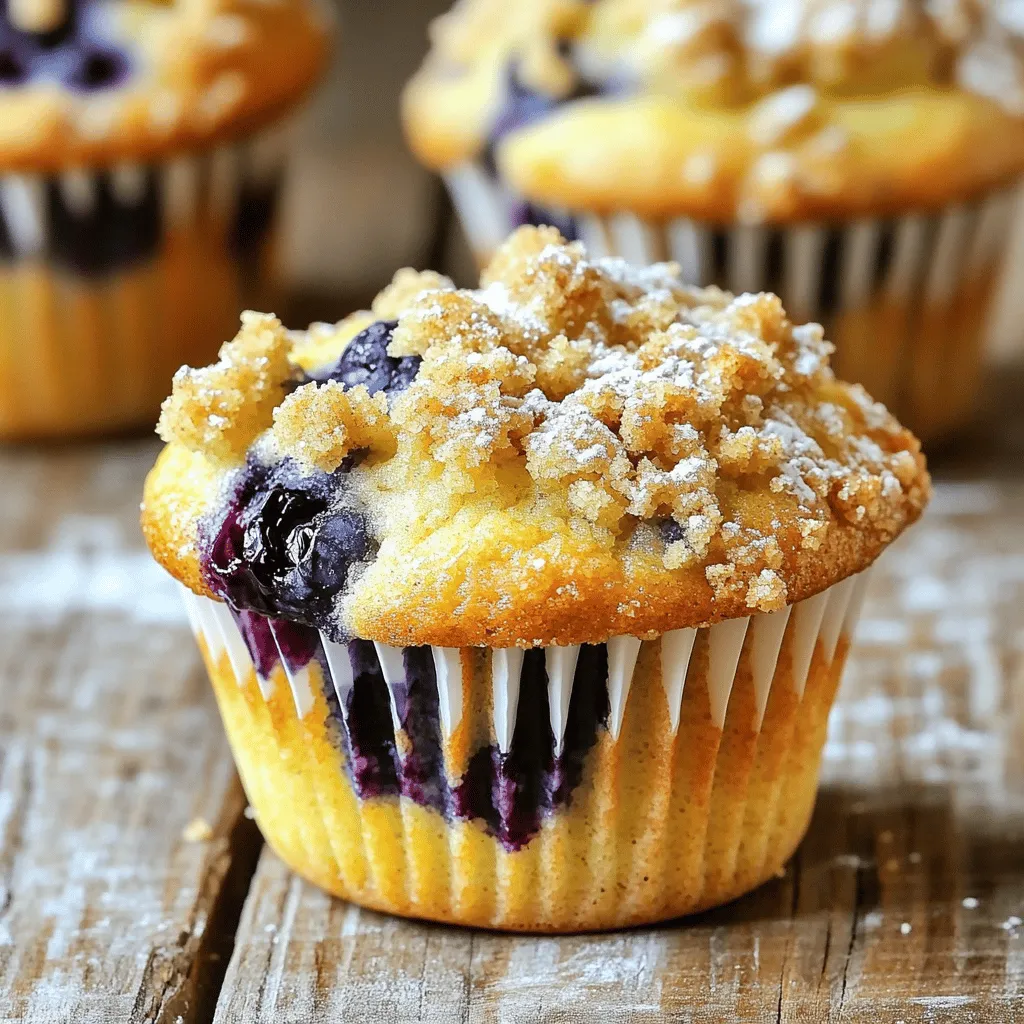 - 2 cups all-purpose flour - 1 cup fresh blueberries - 1/2 cup granulated sugar - 1/2 cup unsalted butter, melted - 2 large eggs - 1/2 cup milk (or buttermilk) - Zest of 1 lemon - 2 tablespoons lemon juice - 1 tablespoon baking powder - 1/2 teaspoon salt - 1/4 teaspoon baking soda - 1/3 cup all-purpose flour - 1/4 cup granulated sugar - 1/4 cup brown sugar, packed - 1/4 cup unsalted butter, melted - 1/2 teaspoon cinnamon Gathering the right ingredients is key. Start with fresh blueberries; they give the best flavor. Use all-purpose flour for a soft muffin. The sugar adds sweetness, while butter keeps them rich and moist. Eggs bind everything together, creating a nice texture. For liquid ingredients, milk or buttermilk makes the muffins tender. Lemon zest and juice add brightness. You can use the zest from one lemon for a burst of citrus. When it comes to dry ingredients, baking powder helps the muffins rise. Salt adds balance, while baking soda works with the acidic lemon juice. Finally, for the crumb topping, mix flour with both sugars and cinnamon. This creates a sweet, crunchy layer on top. Melted butter binds it all, making it easy to sprinkle on the muffins. All these ingredients come together to create a delightful treat. They are perfect for breakfast or a snack. Enjoy the burst of flavor in every bite! - Preheat the oven to 375°F (190°C). - Prepare the muffin tin with liners or grease. - Combine 1/3 cup flour, granulated sugar, brown sugar, melted butter, and cinnamon. - Mix until crumbly and set aside. - In a large bowl, whisk together 2 cups flour, baking powder, salt, and baking soda. - In another bowl, whisk together melted butter, sugar, eggs, milk, lemon zest, and lemon juice. - Pour the wet ingredients into the dry ingredients. - Stir gently until just combined. Avoid overmixing for fluffiness. - Gently fold in the fresh blueberries. - Fill muffin cups about 2/3 full with batter. - Sprinkle crumb topping generously over each muffin. - Bake for 20-25 minutes until golden brown. - Cool the muffins in the tin for 5 minutes. - Then, transfer them to a wire rack to cool completely. - Use fresh blueberries for best results. They burst with juice and flavor. - Consider using buttermilk for extra moisture. It helps keep the muffins soft. - Fold gently to maintain muffin texture. Overmixing makes them tough. - Understand the signs of proper mixing. Stop when the batter is just combined. - Serve warm or at room temperature. Warm muffins taste wonderful. - Pair with beverages for a full experience. Coffee or tea enhances the flavor. {{image_2}} You can easily brighten your muffins with lemon zest. This adds a fresh, zesty taste. Just grate the peel of a lemon and mix it into the batter. You can also try almond extract. This gives your muffins a lovely nutty flavor. Use about half a teaspoon for a nice twist. If you want dairy-free muffins, use plant-based milk like almond or oat milk. You can also swap butter for coconut oil. For a gluten-free option, use gluten-free flour instead of all-purpose flour. Both substitutions keep the muffins tasty and light. You can make mini muffins for a fun snack. Just fill the mini muffin cups about halfway. They bake faster, so check them at 15 minutes. If you want a bakery-style muffin, fill the regular cups all the way. This makes larger muffins that are perfect for breakfast. Store your blueberry lemon crumb muffins in an airtight container at room temperature. They stay fresh for about 2-3 days. After that, they may lose some taste and texture. For longer storage, freeze the muffins. They last up to 3 months in the freezer. Wrap them well to prevent freezer burn. When you're ready to enjoy them, reheat in the oven. This gives them a fresh taste, just like when they were baked. To thaw your muffins, place them at room temperature. You can also use the microwave for quick thawing. To refresh their texture, pop them in the oven for a few minutes. This makes them warm and delightful again. Yes, but do not thaw them before folding into the batter. Frozen blueberries keep their shape better. They also help cool the batter slightly. This can lead to a fluffier muffin. You can reduce the sugar in the batter. Another option is to add a sweeter topping, like a glaze. This gives you control over the final taste. You can substitute buttermilk with a mix of milk and lemon juice or vinegar. Use 1/2 cup of milk and add 1/2 tablespoon of lemon juice. Let it sit for five minutes. This will create a tangy flavor. Check with a toothpick inserted in the center. If it comes out clean, your muffins are done. This is a simple and effective way to avoid underbaking. Yes, you can make the crumb topping ahead of time. Store it in the fridge until you are ready to use it. This saves time when you’re ready to bake. These blueberry muffins are easy to make and delicious. You learned about the ingredients, step-by-step instructions, and helpful tips. I shared ideas for flavor variations and how to store them. Remember, using fresh blueberries and folding gently are key for moist, fluffy muffins. Enjoy your homemade treats warm or with your favorite drink. With these simple steps, you can bake muffins that impress. Get ready to delight your taste buds!