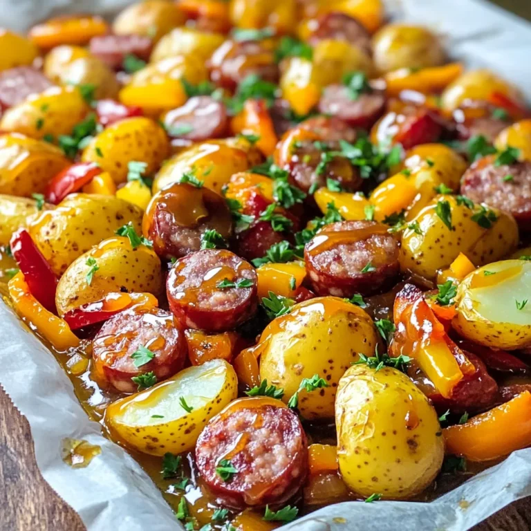 - 1 lb (450g) smoked sausage, sliced - 2 cups baby potatoes, halved - 1 red bell pepper, sliced - 1 yellow bell pepper, sliced - 1 red onion, cut into wedges - 3 tablespoons olive oil - 3 tablespoons honey - 2 tablespoons Dijon mustard - 1 teaspoon garlic powder - 1 teaspoon smoked paprika - Salt and pepper to taste - Fresh parsley, chopped (for garnish) - Large baking sheet - Parchment paper - Mixing bowls - Whisk In this recipe, we use simple yet tasty ingredients. The smoked sausage adds a rich flavor. Baby potatoes give a nice texture and heartiness. Bell peppers add color and sweetness. The red onion brings a savory touch. For the sauce, honey balances the mustard's tang. Olive oil helps everything roast nicely. Garlic powder and smoked paprika give depth to each bite. Don’t forget salt and pepper; they tie the dish together perfectly. You’ll need a big baking sheet for this recipe. Parchment paper makes for easy cleanup. Mixing bowls are essential for combining the ingredients. A whisk helps blend the sauce smoothly. With these ingredients and tools, you’re ready to make a delicious meal that everyone will love. - Preheating the oven Start by preheating your oven to 425°F (220°C). This hot oven helps brown the sausage and cook the veggies well. - Preparing the baking sheet Line a large baking sheet with parchment paper. This step makes cleaning up quick and easy. - Whisking the sauce In a small bowl, whisk together 3 tablespoons of honey, 2 tablespoons of Dijon mustard, 1 teaspoon of garlic powder, and 1 teaspoon of smoked paprika. Add salt and pepper to taste. Mix until smooth. This sauce gives your dish a sweet and tangy kick. - Combining sausage and vegetables In a large mixing bowl, add 1 pound of sliced smoked sausage, 2 cups of halved baby potatoes, 1 sliced red bell pepper, 1 sliced yellow bell pepper, and 1 red onion cut into wedges. Drizzle 3 tablespoons of olive oil over the mixture. Pour the honey mustard sauce on top. Toss everything together until the sausage and veggies are well coated. - Spacing the mixture on the sheet pan Spread the sausage and vegetable mix evenly on the prepared baking sheet. Make sure there is space between each piece. This will help everything roast properly. - Timing and stirring during baking Place the baking sheet in the preheated oven. Bake for 25 to 30 minutes. Stir the mixture halfway through to ensure even cooking. Look for tender potatoes and a nice golden color when done. For great taste, stick to the right ingredient ratios. Use equal parts honey and mustard for balance. This mix gives a sweet and tangy kick. You can also customize the honey mustard sauce. Try adding a splash of apple cider vinegar for zing. Adjust the sweetness by using more or less honey. Prep your ingredients ahead of time. Chop the veggies and slice the sausage the night before. This saves time on busy days. Use one bowl for mixing. Combine the sausage and veggies with the sauce in one bowl. This makes clean-up quick and easy. Know when your dish is done by checking the potatoes. They should be tender and golden. Stir halfway through baking for even cooking. Spread the mixture well on the pan for best results. Give the sausage and veggies space to roast nicely. {{image_2}} You can switch the sausage for chicken sausage. Chicken sausage brings a lighter flavor. It still pairs well with honey and mustard. For a healthy option, try a vegetables-only bake. Use hearty veggies like zucchini, carrots, and broccoli. They soak up the sauce's flavor and taste great. Feel free to swap honey for maple syrup. Maple syrup adds a different sweetness. It gives your dish a nice twist. You can also try different mustard varieties. Spicy brown mustard adds heat, while yellow mustard offers a milder taste. Adjust your veggies based on the season. In fall, add squash or Brussels sprouts. In summer, use fresh corn or cherry tomatoes. These seasonal veggies add color and flavor. You might also want to change spices for seasonal vibes. In winter, add warmer spices like cinnamon or nutmeg. In spring, use fresh herbs like basil or dill for brightness. After cooking, let the dish cool down for about 10 minutes. This step helps keep the flavors fresh. Place any leftovers in an airtight container. You can store it in the fridge for up to 3 days. When reheating, use the oven for best results. Set it to 350°F (175°C) and warm for 10-15 minutes. This method keeps the food crispy. To freeze the leftovers, let them cool completely first. Then, scoop portions into freezer-safe bags. Remove as much air as possible before sealing. Label the bags with the date for easy tracking. You can freeze it for up to 3 months. When ready to eat, thaw it overnight in the fridge. After thawing, reheat in the oven until hot. In the fridge, leftovers stay good for about 3 days. In the freezer, they can last for up to 3 months. Always check for any signs of spoilage before eating. Enjoy your meal anytime by following these simple storage tips! It takes about 40 minutes to make this dish. You spend 10 minutes prepping the ingredients. The cooking takes 25 to 30 minutes in the oven. It’s quick and easy, perfect for busy nights. Yes, you can use different types of sausage. Chicken sausage is a great option if you want a lighter choice. Turkey sausage works well, too. If you like spice, try chorizo. Each type adds its own flavor, so feel free to experiment. This dish pairs nicely with simple sides. A fresh salad with mixed greens is tasty. You can add a lemon vinaigrette for extra zing. Roasted vegetables also make a great side. Try green beans or carrots for color and crunch. This blog post covers everything you need for a tasty Sheet-Pan Honey Mustard Sausage Bake. We discussed the key ingredients, essential cooking tools, and easy step-by-step instructions. I shared tips for enhancing flavor and efficiency in the kitchen, along with variations to suit your taste. Lastly, we looked at proper storage methods for leftovers. Remember, cooking is fun! Experiment with your own ideas and share your results. Enjoy your meal!