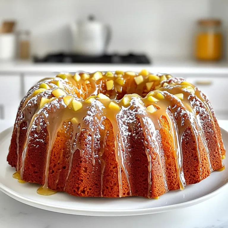 - 2 cups all-purpose flour - 1 cup granulated sugar - 1/2 cup brown sugar - 1/2 cup unsalted butter - 2 large eggs - 1 teaspoon baking powder - 1 teaspoon baking soda - 1 teaspoon ground cinnamon - 1/2 teaspoon ground nutmeg - 1/2 teaspoon salt - 1 teaspoon vanilla extract - 1 cup apple cider - 1/2 cup finely chopped apples - 1/2 cup powdered sugar (for glaze) - 1 tablespoon apple cider (for glaze) When making this cake, using the right ingredients is key. The main ingredients create a soft and moist cake. The flour gives structure, while the sugars add sweetness. Butter brings richness, and eggs bind it all together. Flavor enhancers like baking powder and baking soda help the cake rise. Cinnamon and nutmeg give a warm taste. Salt balances the sweetness, and vanilla adds depth to the flavor. For unique additions, apple cider is a must. It infuses the cake with a rich apple flavor. Chopped apples add texture and bursts of fruitiness. The glaze, made with powdered sugar and cider, gives a sweet finish that ties everything together. Using these ingredients, you will create a cake that captures the essence of fall. Each bite will remind you of apple picking on a crisp autumn day. First, preheat your oven to 350°F (175°C). This step warms the oven and helps the cake rise. Next, grease a bundt cake pan well. You can use non-stick spray or butter. This makes it easy to remove the cake later. In a medium bowl, combine the dry ingredients. This includes 2 cups of all-purpose flour, 1 teaspoon of baking powder, 1 teaspoon of baking soda, 1 teaspoon of ground cinnamon, 1/2 teaspoon of ground nutmeg, and 1/2 teaspoon of salt. In a large mixing bowl, cream together 1/2 cup of softened unsalted butter, 1 cup of granulated sugar, and 1/2 cup of packed brown sugar. Mix this until it is light and fluffy. This takes about 3 to 4 minutes. Add 2 large eggs one at a time. Mix well after each egg. Then, stir in 1 teaspoon of vanilla extract and 1 cup of apple cider until well combined. Gradually add the dry ingredients to the wet mixture. Mix until just combined. Be careful not to overmix. Finally, gently fold in 1/2 cup of finely chopped apples. Pour the batter into the prepared bundt cake pan. Smooth the top with a spatula. Bake in the preheated oven for 50 to 60 minutes. To check if it's done, insert a toothpick into the center. If it comes out clean, the cake is ready. Once baked, remove the cake from the oven. Let it cool in the pan for about 15 minutes. Then, invert it onto a wire rack to cool completely. For the glaze, whisk together 1/2 cup of powdered sugar and 1 tablespoon of apple cider in a small bowl. Mix until smooth. Adjust the consistency by adding more sugar or cider as needed. Once the cake has cooled, drizzle the glaze over the top. Let it cascade down the sides for a beautiful look. For presentation, serve the cake on a decorative platter. You can garnish with thinly sliced apples and a dusting of extra powdered sugar for a lovely autumn touch. To get the perfect bundt texture, here are some key tips: - Grease the pan well: Use non-stick spray or butter. This helps the cake slide out easily. - Don’t overmix: Mix until just combined. Overmixing can make the cake dense. - Check the oven temperature: Use an oven thermometer to ensure it’s accurate. Common baking mistakes often ruin a good cake. Here’s how to avoid them: - Not measuring ingredients properly: Use a kitchen scale or measuring cups. - Skipping the cooling time: Let the cake cool before trying to remove it from the pan. Want to boost the flavor? Here are some spice suggestions: - Add allspice: This gives a warm taste that pairs well with apple. - Try ginger: A little ground ginger can add a nice kick. Choosing the best apples is key for flavor. I recommend: - Granny Smith: They are tart and hold up well during baking. - Honeycrisp: These apples add a sweet, juicy burst to every bite. Garnishing can make your bundt cake look stunning. Here’s how: - Dust with powdered sugar: This gives a snowy effect. - Add thin apple slices: Arrange them on top for a fresh look. Using seasonal decorations can enhance the fall theme. Consider: - Mini pumpkins: Place them around the cake for charm. - Fall leaves: Use clean, edible leaves for a rustic touch. {{image_2}} You can change the flavor of your Apple Cider Donut Bundt Cake by using different apples. Granny Smith apples give a nice tartness. Honeycrisp apples add sweetness. Try a mix for a fun taste. Adding nuts or dried fruits can enhance the cake too. Chopped walnuts or pecans bring crunch. Dried cranberries or raisins add sweetness and chewiness. Mix them in gently to keep the texture light. If you want to switch up the glaze, try flavored options. A maple glaze pairs well with the apple cider. Just mix maple syrup with powdered sugar. You can also use a lemon glaze for a bright twist. Caramel or chocolate can be great alternatives too. Drizzle warm caramel over the cake for a rich treat. Melted chocolate adds a decadent touch. Use these glazes to match your mood or meal. If you need gluten-free options, use a gluten-free flour blend. Many blends work well in cakes. Just make sure to follow the package instructions for best results. For vegan substitutions, replace the eggs with flaxseed meal mixed with water. Use a plant-based butter instead of regular butter. Also, choose a non-dairy milk to replace the apple cider. These swaps keep the flavor while meeting your needs. To keep your Apple Cider Donut Bundt Cake fresh, wrap it well. Use plastic wrap or aluminum foil. Store it at room temperature for up to three days. If you want to keep it longer, place it in the fridge. This can help it last about a week. Make sure to cover it tightly to avoid drying out. You can freeze this cake to enjoy later. Slice the cake into individual pieces. Wrap each slice in plastic wrap, then place them in a freezer bag. Squeeze out as much air as possible. You can also freeze the whole cake. Wrap it well and place it in the freezer. It will stay good for up to three months. To enjoy your cake warm, reheating is key. For individual slices, use the microwave. Heat for about 10 to 15 seconds. Check if it’s warm enough, then enjoy! If reheating a whole cake, place it in a preheated oven at 350°F. Heat for about 10 to 15 minutes. This helps the cake stay moist and tasty. Yes, you can use different flours. For a gluten-free option, try a gluten-free blend. Just ensure it includes xanthan gum for structure. Whole wheat flour can also work. It adds a nutty flavor. You may need to adjust the liquid slightly since whole wheat absorbs more moisture. Start with a 1:1 swap, then tweak as needed. To thicken the glaze, add more powdered sugar. For a thicker glaze, mix in small amounts until you reach your desired consistency. If you want it thinner, add more apple cider. Mix well after each addition. Remember, it should drizzle nicely over the cake without running off too fast. Aim for a smooth, pourable texture. Check the cake with a toothpick. Insert it into the center. If it comes out clean, the cake is done. You can also gently press the top. It should spring back. If it leaves an imprint, it needs more time. Keep an eye on the cake in the last few minutes of baking to avoid overcooking. Yes, you can make this cake ahead of time. Bake and cool it completely first. Wrap it tightly in plastic wrap. Store it at room temperature for up to two days. For longer storage, place it in the fridge. Before serving, let it come to room temperature and add the glaze. This keeps the cake fresh and tasty. To wrap up, we explored how to make an apple cider donut bundt cake. We went through the main ingredients, mixing, and baking steps. Plus, we shared tips for great flavor and appearance. You can also customize this cake with various flavors and glazes. Don't forget how to store leftovers to keep them fresh. Enjoy making this tasty dessert! You’ll impress everyone with your baking skills.