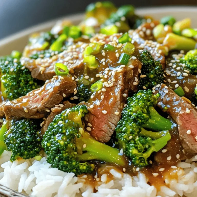 - 1 lb flank steak, thinly sliced against the grain - 3 cups broccoli florets - 3 cloves garlic, minced - 1 tablespoon ginger, grated - 1/4 cup soy sauce (low-sodium preferred) - 2 tablespoons oyster sauce - 2 tablespoons brown sugar - 1 tablespoon cornstarch - 1 cup beef broth - 1 teaspoon sesame oil - Sesame seeds, for garnish - Green onions, finely sliced, for garnish I love using flank steak for this dish. It stays tender and flavorful. The broccoli florets add great color and crunch. Garlic and ginger create a lovely aroma. For the sauce, I choose low-sodium soy sauce. This keeps the dish from being too salty. The oyster sauce gives depth and richness. Brown sugar balances the flavors. Cornstarch thickens the sauce perfectly, while the beef broth adds more taste. To finish, I use sesame oil for a nutty touch. Sesame seeds and green onions make this dish pop. They also add texture and a fresh flavor. You’ll love the way it looks and tastes! - Combine marinade ingredients: In a bowl, mix 1/4 cup soy sauce, 2 tablespoons oyster sauce, 2 tablespoons brown sugar, 1 tablespoon cornstarch, 1 tablespoon grated ginger, and 1 teaspoon sesame oil. Stir until smooth. - Marinate the flank steak: Add 1 lb of thinly sliced flank steak to the bowl. Toss it well so that every piece is coated. Let it sit for at least 15 minutes. - Boiling water: Fill a pot with water and bring it to a rolling boil. - Blanching the broccoli: Carefully add 3 cups of broccoli florets to the boiling water. Cook for 2 minutes, then drain and set aside. - Heating oil: In a large skillet or wok, heat 1 tablespoon of vegetable oil over high heat. - Searing the beef: Once the oil is hot, add the marinated beef in a single layer. Sear for 2-3 minutes until it turns brown. Stir occasionally. Remove the beef and set it aside. - Adding garlic: In the same skillet, add another tablespoon of vegetable oil. Add 3 cloves of minced garlic. - Ensuring proper cooking: Sauté the garlic for about 30 seconds until it smells good. Be careful not to burn it. - Adding beef and broccoli back to the skillet: Return the beef to the skillet. Add the blanched broccoli. - Simmering the sauce: Pour in 1 cup of beef broth. Toss everything together and let it simmer for 3-5 minutes. The sauce will thicken and coat the beef and broccoli. - Serving with rice or noodles: Serve the beef and broccoli hot over cooked white rice or noodles. - Presentation tips: For a nice look, sprinkle sesame seeds on top and add finely sliced green onions. Use a colorful bowl for a striking display. - Use low-sodium soy sauce to cut back on salt. This keeps the flavor high and the sodium low. - For low-carb options, swap out rice for cauliflower rice or serve over zucchini noodles. These choices keep the dish light and healthy. - Add a splash of rice vinegar or a squeeze of lime juice to the marinade. This gives the dish a bright kick. - To make the beef extra tender, slice it against the grain and marinate for longer. This helps break down the fibers, making each bite juicy. - If you like heat, sprinkle in some chili flakes while cooking. This adds a nice warmth to the dish. - For milder flavors, skip the chili flakes and use sweet bell peppers instead. They add color and flavor without the heat. {{image_2}} You can add many vegetables to make this dish even better. Here are some great choices: - Bell peppers - Snow peas - Carrots - Mushrooms These veggies bring color and taste. Try using a mix for a fun look. The more colors, the more fun! Not a fan of beef? You can use chicken or tofu instead. - Chicken: Thinly slice chicken breast. Cook it for about 5-7 minutes until it's no longer pink. - Tofu: Use firm tofu. Press it to remove water, then cube it. Cook it for about 5 minutes until golden. Adjust cooking times based on your choice. This lets you enjoy the dish with your favorite protein. You can serve Beef & Broccoli in different ways. - With rice: Use white rice for a classic meal. - With noodles: Try egg noodles or rice noodles for a fun twist. For a creative look, use a big bowl. Add a sprinkle of sesame seeds and green onions on top. A colorful plate makes the dish pop and looks great on your table! To keep your Beef & Broccoli fresh, store it right away. Place it in a clean container. Use an airtight container for the best results. This helps keep the flavors intact. Refrigerate it within two hours of cooking. It will stay good for about three to four days. When it's time to eat your leftovers, heat them gently. The stovetop works best. Just add a splash of water to keep the sauce moist. Heat over low to medium heat, stirring often. If you use a microwave, cover the dish. Heat in short bursts, about one to two minutes. Check and stir in between to avoid hot spots. Yes, you can freeze Beef & Broccoli! To do this, let it cool completely first. Place it in a freezer-safe container. Seal it well to avoid freezer burn. It can last up to three months in the freezer. When you’re ready to eat, transfer it to the fridge to thaw overnight. Reheat it on the stovetop for the best texture. It takes about 15 minutes to prep and 25 minutes to cook. In total, you will need about 40 minutes to make this dish. This gives you a quick and tasty meal for any night. Yes, you can! Use tofu or seitan instead of beef. For the sauce, swap soy sauce with a plant-based option. Add more veggies like bell peppers or carrots for extra flavor and nutrition. Beef and broccoli goes great with cooked white rice or noodles. You can also serve it with steamed rice or fried rice. For a fresh touch, add a side salad with a light dressing. Store leftovers in an airtight container. It keeps well in the fridge for up to three days. If you want to save it longer, you can freeze it for about two months. To thicken the sauce, mix a little cornstarch with cold water. Stir this mixture into the sauce while it simmers. Cook it for a few more minutes until it reaches your desired thickness. This blog post covered the key elements of a tasty Beef and Broccoli dish. We looked at the main ingredients, marinade, and sauce that create the perfect flavors. I shared step-by-step cooking instructions and useful tips to enhance your dish. You can even customize it with vegetables or different proteins. Enjoy making a healthy, delicious meal without stress. Remember, practice makes perfect. Now, get cooking and impress everyone with your skills!