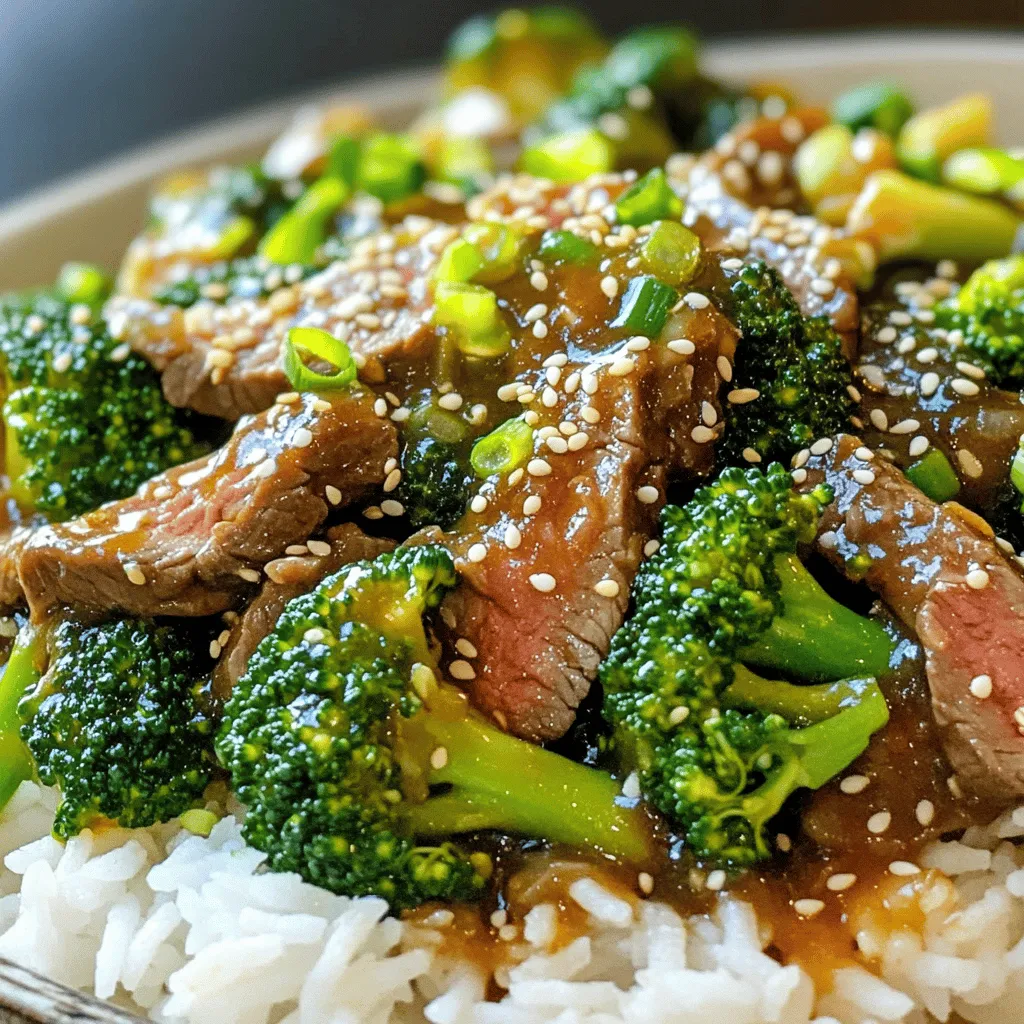 - 1 lb flank steak, thinly sliced against the grain - 3 cups broccoli florets - 3 cloves garlic, minced - 1 tablespoon ginger, grated - 1/4 cup soy sauce (low-sodium preferred) - 2 tablespoons oyster sauce - 2 tablespoons brown sugar - 1 tablespoon cornstarch - 1 cup beef broth - 1 teaspoon sesame oil - Sesame seeds, for garnish - Green onions, finely sliced, for garnish I love using flank steak for this dish. It stays tender and flavorful. The broccoli florets add great color and crunch. Garlic and ginger create a lovely aroma. For the sauce, I choose low-sodium soy sauce. This keeps the dish from being too salty. The oyster sauce gives depth and richness. Brown sugar balances the flavors. Cornstarch thickens the sauce perfectly, while the beef broth adds more taste. To finish, I use sesame oil for a nutty touch. Sesame seeds and green onions make this dish pop. They also add texture and a fresh flavor. You’ll love the way it looks and tastes! - Combine marinade ingredients: In a bowl, mix 1/4 cup soy sauce, 2 tablespoons oyster sauce, 2 tablespoons brown sugar, 1 tablespoon cornstarch, 1 tablespoon grated ginger, and 1 teaspoon sesame oil. Stir until smooth. - Marinate the flank steak: Add 1 lb of thinly sliced flank steak to the bowl. Toss it well so that every piece is coated. Let it sit for at least 15 minutes. - Boiling water: Fill a pot with water and bring it to a rolling boil. - Blanching the broccoli: Carefully add 3 cups of broccoli florets to the boiling water. Cook for 2 minutes, then drain and set aside. - Heating oil: In a large skillet or wok, heat 1 tablespoon of vegetable oil over high heat. - Searing the beef: Once the oil is hot, add the marinated beef in a single layer. Sear for 2-3 minutes until it turns brown. Stir occasionally. Remove the beef and set it aside. - Adding garlic: In the same skillet, add another tablespoon of vegetable oil. Add 3 cloves of minced garlic. - Ensuring proper cooking: Sauté the garlic for about 30 seconds until it smells good. Be careful not to burn it. - Adding beef and broccoli back to the skillet: Return the beef to the skillet. Add the blanched broccoli. - Simmering the sauce: Pour in 1 cup of beef broth. Toss everything together and let it simmer for 3-5 minutes. The sauce will thicken and coat the beef and broccoli. - Serving with rice or noodles: Serve the beef and broccoli hot over cooked white rice or noodles. - Presentation tips: For a nice look, sprinkle sesame seeds on top and add finely sliced green onions. Use a colorful bowl for a striking display. - Use low-sodium soy sauce to cut back on salt. This keeps the flavor high and the sodium low. - For low-carb options, swap out rice for cauliflower rice or serve over zucchini noodles. These choices keep the dish light and healthy. - Add a splash of rice vinegar or a squeeze of lime juice to the marinade. This gives the dish a bright kick. - To make the beef extra tender, slice it against the grain and marinate for longer. This helps break down the fibers, making each bite juicy. - If you like heat, sprinkle in some chili flakes while cooking. This adds a nice warmth to the dish. - For milder flavors, skip the chili flakes and use sweet bell peppers instead. They add color and flavor without the heat. {{image_2}} You can add many vegetables to make this dish even better. Here are some great choices: - Bell peppers - Snow peas - Carrots - Mushrooms These veggies bring color and taste. Try using a mix for a fun look. The more colors, the more fun! Not a fan of beef? You can use chicken or tofu instead. - Chicken: Thinly slice chicken breast. Cook it for about 5-7 minutes until it's no longer pink. - Tofu: Use firm tofu. Press it to remove water, then cube it. Cook it for about 5 minutes until golden. Adjust cooking times based on your choice. This lets you enjoy the dish with your favorite protein. You can serve Beef & Broccoli in different ways. - With rice: Use white rice for a classic meal. - With noodles: Try egg noodles or rice noodles for a fun twist. For a creative look, use a big bowl. Add a sprinkle of sesame seeds and green onions on top. A colorful plate makes the dish pop and looks great on your table! To keep your Beef & Broccoli fresh, store it right away. Place it in a clean container. Use an airtight container for the best results. This helps keep the flavors intact. Refrigerate it within two hours of cooking. It will stay good for about three to four days. When it's time to eat your leftovers, heat them gently. The stovetop works best. Just add a splash of water to keep the sauce moist. Heat over low to medium heat, stirring often. If you use a microwave, cover the dish. Heat in short bursts, about one to two minutes. Check and stir in between to avoid hot spots. Yes, you can freeze Beef & Broccoli! To do this, let it cool completely first. Place it in a freezer-safe container. Seal it well to avoid freezer burn. It can last up to three months in the freezer. When you’re ready to eat, transfer it to the fridge to thaw overnight. Reheat it on the stovetop for the best texture. It takes about 15 minutes to prep and 25 minutes to cook. In total, you will need about 40 minutes to make this dish. This gives you a quick and tasty meal for any night. Yes, you can! Use tofu or seitan instead of beef. For the sauce, swap soy sauce with a plant-based option. Add more veggies like bell peppers or carrots for extra flavor and nutrition. Beef and broccoli goes great with cooked white rice or noodles. You can also serve it with steamed rice or fried rice. For a fresh touch, add a side salad with a light dressing. Store leftovers in an airtight container. It keeps well in the fridge for up to three days. If you want to save it longer, you can freeze it for about two months. To thicken the sauce, mix a little cornstarch with cold water. Stir this mixture into the sauce while it simmers. Cook it for a few more minutes until it reaches your desired thickness. This blog post covered the key elements of a tasty Beef and Broccoli dish. We looked at the main ingredients, marinade, and sauce that create the perfect flavors. I shared step-by-step cooking instructions and useful tips to enhance your dish. You can even customize it with vegetables or different proteins. Enjoy making a healthy, delicious meal without stress. Remember, practice makes perfect. Now, get cooking and impress everyone with your skills!
