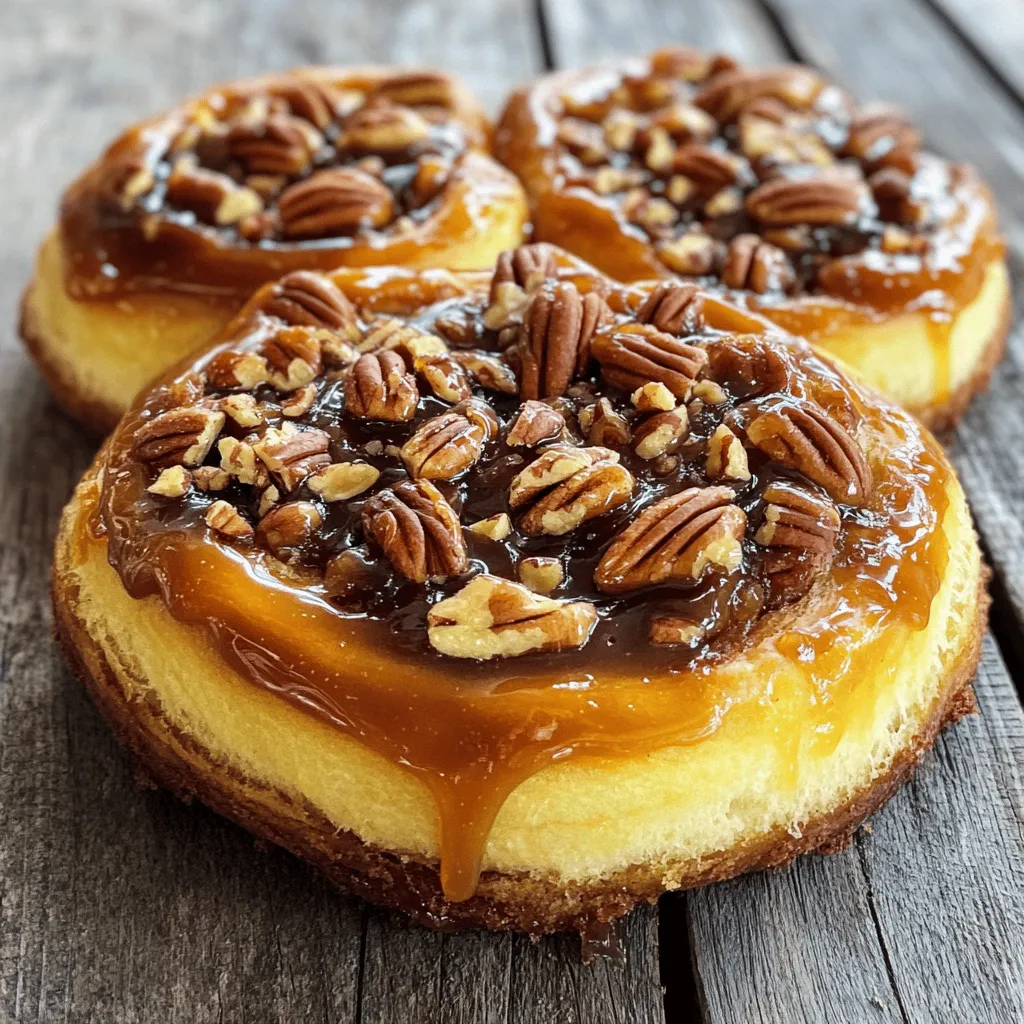 To make these delicious caramel pecan sticky buns, you need the following: - 2 cups all-purpose flour - 2 tablespoons granulated sugar - 1 teaspoon salt - 1 packet (2 ¼ teaspoons) instant yeast - ¾ cup warm milk (110°F) - 1 large egg - 4 tablespoons unsalted butter, melted - 1 cup pecans, roughly chopped - ½ cup brown sugar, packed - ½ cup caramel sauce (store-bought or homemade) - 1 teaspoon ground cinnamon These ingredients create a sweet, soft dough. The pecans add a nice crunch. The caramel sauce gives the buns a sticky, sweet finish. I enjoy mixing these flavors together. Each bite is full of warmth and comfort. Make sure your milk is warm, not hot. This temperature helps the yeast grow. It’s key for a good rise. Using fresh yeast ensures your buns will be fluffy. The melted butter adds richness to the dough. Feel free to get creative! You can swap out pecans for walnuts or even chocolate chips. The base recipe stays the same, making it easy to customize. 1. Activating the yeast: In a large mixing bowl, combine warm milk, sugar, and instant yeast. Let it sit for about 5 minutes. Look for a foamy top; that means your yeast is ready. 2. Combining ingredients: Add melted butter and the egg into the yeast mixture. Stir until all is mixed well. 3. Kneading the dough: Gradually add flour and salt. Mix until a soft dough forms. Transfer it to a floured surface. Knead for about 5 to 7 minutes until the dough feels smooth and elastic. - How to let dough rise: Place the dough in a greased bowl. Cover it with a clean cloth. Set it in a warm spot. Let it rise for about 1 hour. The dough should double in size. - In a separate bowl, mix together brown sugar, ground cinnamon, and chopped pecans. This mixture will give the buns a sweet, nutty flavor. 1. Shaping the buns: Once the dough has risen, punch it down gently. Roll it out on a floured surface into a rectangle about ½ inch thick. Brush with melted butter if you want extra richness. 2. Sprinkle the brown sugar and pecan mixture evenly over the dough. Press lightly so it sticks. Roll the dough tightly into a log. Slice it into 12 equal pieces. 1. Final rising tips: Pour caramel sauce into a baking dish. Place the sliced buns cut side up on top of the sauce. Cover the dish and let the buns rise for another 30 minutes. 2. Baking times and temperatures: Preheat your oven to 350°F (175°C). Bake the sticky buns for 25-30 minutes. Look for a golden brown color. Once baked, let them cool for about 10 minutes before flipping them onto a serving plate. Enjoy the caramel and pecans cascading down! To make great sticky buns, kneading is key. Knead the dough for about 5-7 minutes. Use your palms to push the dough away, then fold it back. This helps develop gluten, which gives the dough its structure. You want it smooth and elastic. For rising, find a warm spot. Your oven turned off works well. Cover the dough with a clean cloth. Let it rise until it doubles in size. This usually takes about an hour. Butter adds richness to your sticky buns. Brush it on the dough before adding the filling. This helps the sugar and pecans stick better. It also adds a nice flavor. For caramel sauce, choose wisely. You can use store-bought or make your own. If you make your own, use a simple recipe with sugar, cream, and butter. This adds a homemade touch that everyone will love. Sticky buns pair well with many sides. Serve them warm for the best experience. You can add fresh fruit like berries or bananas for a fresh taste. A scoop of vanilla ice cream also works great. It melts slightly and adds creaminess to each bite. Enjoy! {{image_2}} You can easily twist the classic caramel pecan sticky buns. One of my favorites is the chocolate chip caramel pecan buns. To make this version, add a cup of chocolate chips to the brown sugar and pecan mixture. The chocolate melts into the dough, adding a rich flavor. Another fun option is to spice things up! You can use nutmeg or clove in your filling. Just add a half teaspoon of either spice to the brown sugar and pecans. This gives the buns a warm, cozy taste. If you need gluten-free options, you can swap the all-purpose flour for a gluten-free blend. Many blends work well for baking. Just look for one that includes xanthan gum for better texture. For vegan substitutions, replace the egg with a flax egg. Mix one tablespoon of ground flaxseed with three tablespoons of water, then let it sit for five minutes. Use plant-based milk instead of regular milk. You can also use vegan butter in place of unsalted butter. This way, everyone can enjoy these tasty buns! To keep your caramel pecan sticky buns fresh, store any leftovers at room temperature for up to two days. Place them in an airtight container to maintain moisture. If you want to keep them longer, refrigerate them for up to a week. For best results, freeze the buns if you need to store them longer. Wrap each bun tightly in plastic wrap, then place them in a freezer bag. They can stay frozen for up to three months without losing flavor. To enjoy your sticky buns warm, the best way to reheat is in the oven. Preheat your oven to 350°F (175°C). Place the buns on a baking sheet and cover them with aluminum foil. Heat for about 10-15 minutes. This keeps the buns soft and the caramel gooey. You can also microwave them for about 20-30 seconds, but this may make them a bit chewy. Enjoy your delicious sticky buns warm! Can I make these sticky buns ahead of time? Yes, you can. Make the dough and shape the buns. Then, store them in the fridge overnight. Before baking, let them rise for about 30 minutes at room temperature. This way, you can enjoy fresh sticky buns in the morning. What to do if my dough isn't rising? If your dough isn’t rising, check the yeast. Make sure it’s fresh and active. Use warm milk, around 110°F. If it’s too hot, it can kill the yeast. Try placing the dough in a warm, draft-free spot, like an oven with the light on. Alternatives to caramel sauce? You can use honey or maple syrup as a sweet topping. A chocolate sauce also works well. For a twist, try a fruit sauce like apple or berry. Each will give a different flavor to your sticky buns. Can I use other nuts in the recipe? Absolutely! You can use walnuts or almonds. Chop them roughly, just like pecans. Each nut will add its own flavor and crunch. Experiment with your favorite nuts for a fun twist on this classic recipe. In this post, we explored how to make delicious caramel pecan sticky buns. We covered the key ingredients, step-by-step instructions, and helpful tips to perfect your dough. You can even try fun variations like chocolate chips or make it gluten-free. Remember to store your leftovers right and reheat them properly. With these guidelines, you can create tasty sticky buns everyone will love. Enjoy baking and sharing your treats!