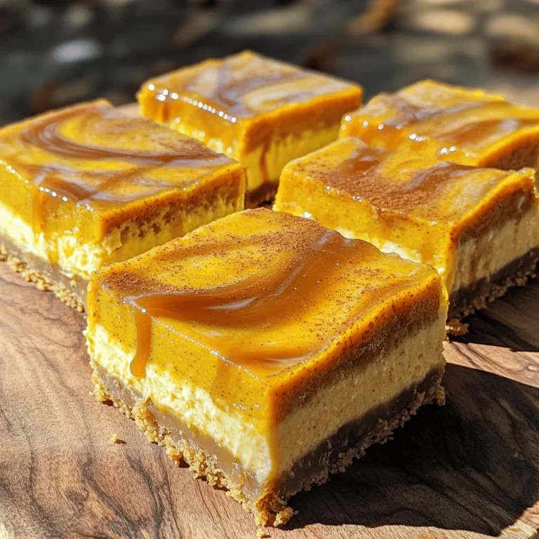 - 1 ½ cups graham cracker crumbs - ½ cup unsalted butter, melted - 2 (8 oz) packages cream cheese, softened - 1 cup pumpkin puree - 3 large eggs The main ingredients in these bars make them rich and tasty. The graham cracker crumbs form a crunchy base, while the melted butter binds them together. Cream cheese gives a creamy texture, and pumpkin puree adds flavor and color. Eggs help hold everything together, making each bite smooth. - 1 tablespoon sugar (for crust) - 1 cup sugar (for filling) - 1 teaspoon vanilla extract - 1 teaspoon ground cinnamon - ½ teaspoon ground nutmeg - ½ teaspoon ginger powder - ½ cup caramel sauce (homemade or store-bought) The extra ingredients enhance the flavor of the bars. Sugar sweetens both the crust and filling. Vanilla extract adds depth, while spices like cinnamon, nutmeg, and ginger bring warmth. Caramel sauce creates the delightful swirl that makes these bars special. You can use store-bought or homemade sauce, depending on your time. These ingredients work together to create a dessert that is not only delicious but also visually appealing. Each layer adds to the overall experience of enjoying your caramel swirl pumpkin cheesecake bars. 1. Preheat your oven to 325°F (160°C). Line a 9x9 inch baking pan with parchment paper. Leave some paper over the edges for easy removal. 2. In a medium bowl, mix together the graham cracker crumbs, melted butter, and 1 tablespoon of sugar. Stir until it looks like wet sand. 3. Press this mixture firmly into the bottom of the baking pan. Make sure it is even. Bake for 10 minutes. Remove it from the oven and let it cool slightly while you prepare the filling. 1. In a large mixing bowl, beat the softened cream cheese with an electric mixer. Mix until it is smooth and creamy. 2. Gradually add in the cup of sugar. Beat until it is well blended. Next, mix in the pumpkin puree. 3. Add the eggs one at a time, mixing well after each addition. Then, stir in the vanilla extract, cinnamon, nutmeg, and ginger powder. Keep mixing until everything is smooth and combined. 1. Pour the pumpkin cheesecake mixture over the cooled crust in the baking pan. Spread it out evenly. 2. Drizzle the caramel sauce over the pumpkin filling. Use a knife or toothpick to gently swirl the caramel into the cheesecake mixture. This creates a lovely marbled look. 3. Bake at 325°F (160°C) for 40-45 minutes. Look for the edges to be set and the center to jiggle slightly. 4. Turn off the oven and crack the door open. Let the bars cool in the oven for about an hour. This helps prevent cracks from forming. 5. After cooling, place in the refrigerator. Chill for at least 4 hours, or overnight for the best results before slicing into bars. 6. Serve chilled or at room temperature. Drizzle extra caramel sauce on top if you like! To make that lovely caramel swirl, drizzle the caramel sauce over the cheesecake filling. Use a knife or toothpick to gently swirl it. Do not mix too much; you want to see both the caramel and the cheesecake. For tools, a toothpick works well for swirling. A butter knife is also handy. Just be gentle and take your time to create beautiful patterns. Bake the bars at 325°F for about 40-45 minutes. The edges should look set, but the center can jiggle slightly. This jiggle means it will firm up as it cools. To prevent cracks, turn off the oven and crack the door open. Let the bars cool in the oven for an hour. This gradual cooling helps keep them smooth. Serve these bars chilled or at room temperature. A drizzle of extra caramel on top adds a nice touch. You can also sprinkle some ground cinnamon for extra flavor. For a fun twist, add whipped cream or chopped nuts on the side. Enjoy your delicious caramel swirl pumpkin cheesecake bars! {{image_2}} You can easily change the flavor of your caramel swirl pumpkin cheesecake bars. Here are two fun ideas: - Adding chocolate or nuts: You can mix in chocolate chips or nuts to the filling. This adds a nice crunch and rich taste. Try using walnuts or pecans for a warm flavor. - Using different spices: Don't be afraid to switch up the spices. Besides cinnamon, try allspice or cardamom for a unique twist. Each spice adds its own special flavor. If you have dietary needs, these bars can still work for you. Here are some options: - Gluten-free alternatives: Use gluten-free graham crackers or almond flour for the crust. This keeps the bars safe for those who can't have gluten. - Dairy-free options: You can swap cream cheese with a dairy-free cream cheese. Look for brands made from nuts or soy. Make sure the caramel sauce is also dairy-free. These bars shine in any season. Here are some ideas to make them fit holiday vibes: - Incorporating festive flavors for holidays: Add a bit of peppermint extract for winter holidays or orange zest for a spring twist. These small changes can make a big impact. - Serving suggestions for varying occasions: For parties, cut the bars into small squares. Top them with whipped cream and a sprinkle of cinnamon. For a cozy night in, serve them with hot cocoa or tea. To keep your pumpkin cheesecake bars fresh, store them in the refrigerator. Use an airtight container or cover the dish with plastic wrap. This helps keep the bars moist and prevents them from absorbing other odors. If you want to keep them longer, you can freeze them. Cut the bars into slices and wrap each piece tightly in plastic wrap. Place the wrapped bars in a freezer-safe container or bag for extra protection. In the refrigerator, these bars last about 4 to 5 days. If you freeze them, they can last up to 3 months. Just remember to thaw them in the fridge when you're ready to enjoy them again. If you want to warm up your cheesecake bars, place them on a plate. Use the microwave and heat them for about 10 to 15 seconds. This method keeps the texture smooth and the flavors intact. Enjoy them warm for a cozy treat! Yes, you can use fresh pumpkin. Fresh pumpkin gives a brighter flavor. To use fresh pumpkin, roast it first. Cut the pumpkin in half, scoop out the seeds, and bake it until soft. Once it cools, mash it well. This will give you a smooth texture. Canned pumpkin is easy and saves time, but fresh can be tastier. Yes, you can swap cream cheese. For a dairy-free option, use cashew cream. Blend soaked cashews until smooth. You can also use silken tofu for a lighter texture. For a lower-fat choice, try Greek yogurt. Each option changes the taste slightly, so choose based on your needs. Check the edges of the bars. They should be set and firm. The center should look slightly jiggly, but not liquid. It will firm up as it cools. Another tip is to look for a slight puff. If the top is golden and smooth, it is likely done. To slice the bars neatly, use a sharp knife. Dip the knife in hot water and wipe it dry before cutting. This helps make clean cuts. Cut the bars while they are cold for best results, and use a ruler for even pieces. If you prefer, you can also use dental floss. It works wonders for a clean slice! You now have all you need to make delicious Caramel Swirl Pumpkin Cheesecake Bars. We covered the main ingredients, step-by-step instructions, and handy tips for success. You can also explore fun variations and smart storage methods. These bars are perfect for parties or cozy nights at home. Enjoy your baking adventure and impress your friends and family with these tasty treats!