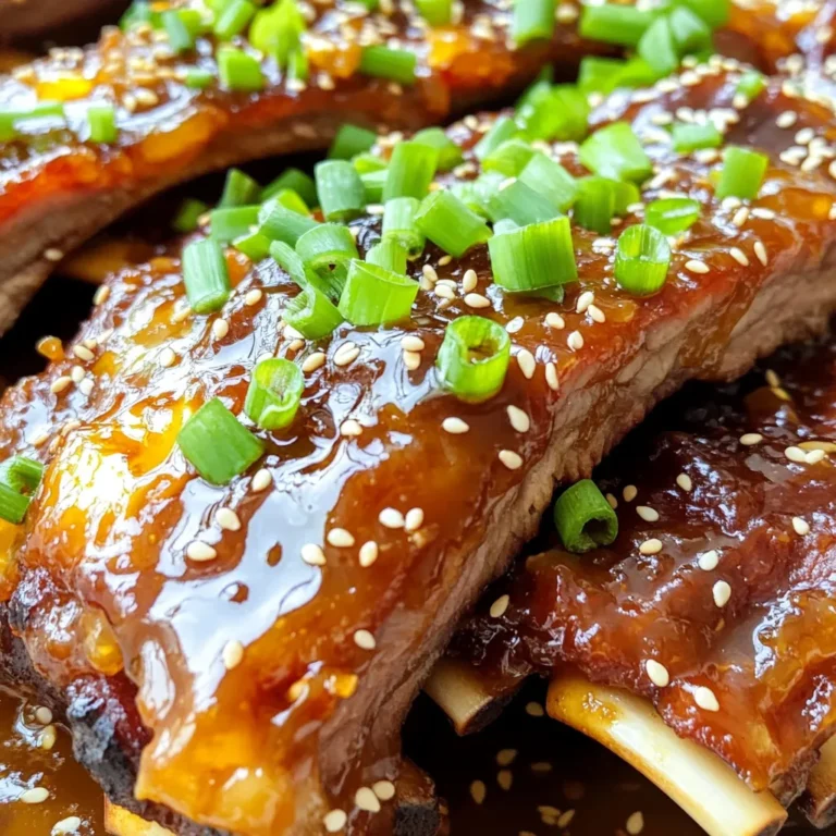 - 2 pounds beef ribs - 1/2 cup honey - 1/4 cup soy sauce - 4 cloves garlic, minced - 1 tablespoon fresh ginger, grated - 1 teaspoon black pepper - 1 teaspoon red chili flakes (optional for heat) - 1/2 cup beef broth - 2 green onions, chopped - Sesame seeds To make these slow cooker honey garlic beef ribs, you need key ingredients. Start with beef ribs. They bring rich flavor and tenderness. Honey gives a sweet touch, while soy sauce adds a savory note. Next, you’ll add garlic and ginger. These two ingredients are a must for that bold flavor. Plus, black pepper and red chili flakes will spice things up. If you want heat, use the chili flakes. For the sauce, beef broth adds depth. It keeps the ribs moist as they cook. Don’t forget the garnishes! Green onions and sesame seeds make the dish pop. They are great for adding color and crunch. These ingredients come together to create a delightful meal. Each bite is sweet, savory, and packed with flavor. Enjoy cooking! Start by trimming the excess fat from the beef ribs. This helps the meat cook well and not become greasy. After trimming, pat the ribs dry with paper towels. This step is crucial for the seasoning to stick. Next, season the ribs. Sprinkle black pepper all over the meat. If you like a bit of heat, add red chili flakes. This will give your ribs a nice kick. Now, let’s make the honey garlic sauce. In a bowl, combine the honey, soy sauce, minced garlic, and grated ginger. Use a whisk to mix everything together. You want a smooth blend that will coat the ribs nicely. Now, it's time to cook! Place the seasoned beef ribs in your slow cooker. Pour the honey garlic sauce over the ribs, making sure they are well coated. Add the beef broth to the bottom of the slow cooker for extra moisture. Cover the slow cooker. If you set it on low, cook for 6 to 8 hours. If you choose high, cook for 3 to 4 hours. The ribs are ready when the meat is tender and pulls away easily from the bone. Cooking time is very important for tender ribs. The longer you cook them, the more tender they become. For best results, cook on low for 6-8 hours. If you are short on time, use high heat for 3-4 hours. To check for doneness, look for meat that pulls away easily from the bone. It should not be tough or chewy. You can add more flavor by including spices or herbs. Try adding a bit of thyme or rosemary for a fresh touch. If you like heat, sprinkle in some red chili flakes. This will give your ribs a nice kick. Balance the sweetness of honey with some spicy notes. To get a thicker sauce, you can use cornstarch mixed with water. This mixture will help the sauce cling to the ribs. If you want a different method, you can let the sauce simmer until it reduces. This will deepen the flavor. You can also use arrowroot powder or flour as alternatives for thickening. {{image_2}} You can switch up the meat in this recipe. Pork ribs work great, too. They become tender and juicy with the same honey garlic sauce. You can also try chicken. Chicken thighs or drumsticks soak up the flavors well. Just adjust the cooking time. Chicken usually cooks faster. Get creative with your sauce! You can swap honey for barbecue sauce for a smoky twist. Teriyaki sauce adds a sweet and savory flavor. Try mixing sauces for a unique taste. You can also add spices like smoked paprika for extra depth. Adding veggies boosts nutrition and flavor. Carrots bring sweetness and texture. Just chop them into chunks and add them to the slow cooker. Bell peppers add color and a fresh taste. Slice them and mix them in with the ribs. Enjoy a hearty meal with these tasty additions! To store leftovers, first let the beef ribs cool down. Then, place them in an airtight container. You can also cover them tightly with plastic wrap. This keeps the ribs fresh. In the fridge, they stay good for about 3 to 4 days. If you want to enjoy them later, freezing is a great option. You can freeze cooked ribs for about 3 months. To do this, wrap each rib in plastic wrap. Then place them in a freezer-safe bag. Squeeze out as much air as you can before sealing. This helps prevent freezer burn. When you are ready to eat, thaw the ribs in the fridge overnight. To keep the ribs tender, reheat them gently. You can use the oven or a microwave. If using the oven, wrap the ribs in foil and heat at 250°F (120°C) for about 30 minutes. For the microwave, place the ribs on a microwave-safe plate. Cover with a damp paper towel and heat in short bursts. This keeps them moist and tasty. You should cook beef ribs in a slow cooker for 6-8 hours on low or 3-4 hours on high. This cooking time makes the meat tender and juicy. Different meats need different times. For pork ribs, cook them for 6-8 hours on low or 4-5 hours on high. Chicken cooks faster, needing only 4-5 hours on low or 2-3 hours on high. Yes, you can! If you don’t have a slow cooker, use your oven. Preheat it to 300°F (150°C). Place the seasoned ribs in a baking dish. Pour the honey garlic sauce over the ribs. Cover the dish tightly with foil. Bake for 3-4 hours, until the meat is tender. You can also use a stovetop pot. Cook on low heat with the lid on for about 2-3 hours. Honey garlic beef ribs taste great with various sides. Here are some good options: - Steamed rice - Mashed potatoes - Coleslaw - Grilled corn - Roasted vegetables - Garlic bread These sides add flavor and balance the sweetness of the ribs. Enjoy mixing and matching! You’ve learned about making honey garlic beef ribs, from ingredients to serving tips. Remember, beef ribs need time to cook low and slow for the best texture. Experiment with spices and sauces to suit your taste. You can also explore using different meats or adding vegetables for variety. Proper storage lets you enjoy leftovers later. When it’s time to serve, pair these ribs with sides that complement their rich flavor. Enjoy the process, and delight in your delicious meal!