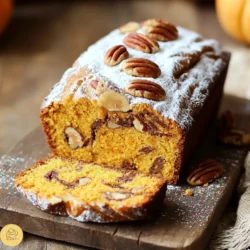 - 1 cup all-purpose flour - 1 cup whole wheat flour - 1 teaspoon baking powder - 1 teaspoon baking soda - 1/2 teaspoon salt - 1 teaspoon ground cinnamon - 1/2 teaspoon ground nutmeg For the dry ingredients, I combine all-purpose flour with whole wheat flour. The all-purpose flour gives a light texture, while the whole wheat flour adds a nutty flavor. I add baking powder and baking soda to help the loaf rise. A pinch of salt enhances the flavors. The spices, cinnamon and nutmeg, bring warmth and a hint of sweetness. - 1/2 cup unsalted butter, softened - 1 cup brown sugar, packed - 2 large eggs - 1 cup canned pumpkin puree - 1 teaspoon vanilla extract - 1/2 cup buttermilk For the wet ingredients, I cream softened unsalted butter with brown sugar until fluffy. This step adds richness. Then, I add eggs one at a time, mixing well. Canned pumpkin puree gives moisture and a fall flavor. A splash of vanilla adds sweetness. I finish with buttermilk, which makes the cake tender and moist. - 1/4 cup granulated sugar (for topping) - 1 tablespoon ground cinnamon (for topping) - 1/2 cup pecans, chopped For the topping, I mix granulated sugar and ground cinnamon. This blend creates a sweet crust on top of the loaf. I also fold in chopped pecans. They add a satisfying crunch and a buttery flavor that complements the pumpkin. This topping makes the loaf truly special and delicious. Start by preheating your oven to 350°F (175°C). Greasing a 9x5 inch loaf pan is key. I like to line the bottom with parchment paper. This helps with easy removal later on. Next, gather your dry ingredients. In a medium bowl, whisk together these items: - 1 cup all-purpose flour - 1 cup whole wheat flour - 1 teaspoon baking powder - 1 teaspoon baking soda - 1/2 teaspoon salt - 1 teaspoon ground cinnamon - 1/2 teaspoon ground nutmeg Set this bowl aside for now. Now it’s time to make the batter. In a large mixing bowl, cream together: - 1/2 cup unsalted butter, softened - 1 cup brown sugar, packed Mix until it looks light and fluffy. This step adds air to the batter. Next, add the eggs one at a time. Make sure to mix well after each egg. Then, add in: - 1 cup canned pumpkin puree - 1 teaspoon vanilla extract Mix until everything is smooth. Now, we’ll combine the dry ingredients with the wet mix. Start with the flour mix. Add it in thirds, alternating with: - 1/2 cup buttermilk Make sure to mix until just combined. Over-mixing can make the cake tough. Finally, gently fold in: - 1/2 cup chopped pecans This adds a lovely crunch. To assemble the loaf, pour half of the batter into the prepared loaf pan. Spread it evenly. In a small bowl, mix together: - 1/4 cup granulated sugar - 1 tablespoon ground cinnamon Sprinkle half of this sugar mix over the batter layer. Next, pour the remaining batter over the cinnamon-sugar layer. Top it with the rest of the sugar mix. Now, take a knife and swirl through the layers. This creates a beautiful marbled effect. Bake your loaf in the preheated oven for 50 to 60 minutes. To check for doneness, insert a toothpick into the center. If it comes out clean, your cake is ready! To ensure even baking, always preheat your oven to 350°F (175°C) before you start. This step is key to getting a nice rise on your loaf. Position your loaf pan in the center of the oven. This helps heat circulate evenly. To test for doneness, insert a toothpick into the center of the loaf. If it comes out clean, your cake is ready. If it has batter on it, bake for a few more minutes and check again. Avoid over-mixing the batter. When you add flour, mix it just until you see no more dry spots. This keeps your cake light and fluffy. If you mix too much, your cake may become dense. Proper incorporation of ingredients is crucial. When adding eggs or pumpkin, make sure each ingredient is blended well before adding the next. This ensures a smooth batter and even flavor throughout. For an elegant look, slice the loaf and serve it on a rustic wooden board. Dust the top with powdered sugar for a bright touch. You can also add whole pecans and a sprinkle of cinnamon for extra flavor and visual appeal. To keep your Pumpkin Pecan Coffee Cake Loaf fresh, store it in an airtight container at room temperature. This helps maintain its moisture and flavor. If you want to enjoy it later, you can freeze slices for up to three months. Just wrap them well to prevent freezer burn. {{image_2}} You can get creative with your Pumpkin Pecan Coffee Cake Loaf. Here are some fun ideas: - Adding chocolate chips or dried fruit: Mix in a cup of chocolate chips for a sweet twist. Dried cranberries or raisins can also add a burst of flavor. - Using different nuts: While pecans are great, walnuts or almonds can change the taste. Feel free to experiment and find your favorite nut. You can easily adapt this recipe to fit different diets. - Gluten-free options: Use a gluten-free flour blend instead of all-purpose and whole wheat flour. This keeps the loaf moist and tasty. - Vegan adaptations: Replace the eggs with flaxseed meal or applesauce. Use vegan butter and non-dairy milk for a delicious vegan version. Make your Pumpkin Pecan Coffee Cake Loaf fit the season. - Using seasonal spices: Swap in ginger or allspice for a warm flavor. These spices can make your loaf feel even more festive. - Incorporating other fall flavors: Try adding apple or maple syrup for extra sweetness. These flavors pair well with pumpkin and pecans. To store your Pumpkin Pecan Coffee Cake Loaf at room temperature, wrap it tightly in plastic wrap. This keeps it fresh for up to three days. Place it in a cool, dry spot like your kitchen counter. Avoid direct sunlight, as it can dry out the loaf. For longer storage, consider freezing your coffee cake. First, let it cool completely. Then, wrap it in plastic wrap and aluminum foil. This double wrap helps prevent freezer burn. You can store it in the freezer for up to three months. When you’re ready to enjoy it, just thaw it in the fridge overnight. To warm up your loaf, use the oven for the best results. Preheat your oven to 350°F (175°C). Remove the loaf from its wrap and place it in the oven for about 10-15 minutes. This method keeps your cake moist and tasty. If you’re in a hurry, you can also use the microwave. Heat individual slices in 10-second bursts until warm. Enjoy every bite! You can check if your loaf is done by using a toothpick. Insert it into the center of the loaf. If it comes out clean, your cake is ready. If you see wet batter, bake it a little longer. You can also look for a golden-brown color on top. The edges should pull away slightly from the pan. These signs mean your loaf is baked perfectly. Yes, you can use fresh pumpkin. To make pumpkin puree, start with a sugar pumpkin. Cut it in half and remove the seeds. Then, roast the pumpkin halves cut-side down on a baking sheet at 350°F (175°C) for about 45 minutes. Once soft, scoop out the flesh and mash it until smooth. Let it cool before adding it to your batter. This fresh puree adds a nice flavor to your cake. If you don’t have buttermilk, don't worry! You can make a quick substitute. Just mix 1 cup of milk with 1 tablespoon of lemon juice or vinegar. Let it sit for about 5 minutes. This gives you a sour milk that works like buttermilk. You can also use plain yogurt or sour cream mixed with a bit of water if you have that on hand. These options will keep your loaf moist and tasty. This blog post covered all the key parts of making a great Pumpkin Pecan Coffee Cake Loaf. We talked about essential ingredients, steps to create the batter, and tips for baking. You also learned about tasty variations and how to store your loaf for later. Remember, baking is both art and science. Embrace the process, try new twists, and enjoy the delicious results. With these tips, you can create a scrumptious treat that impresses everyone. Now, it’s time to get baking!