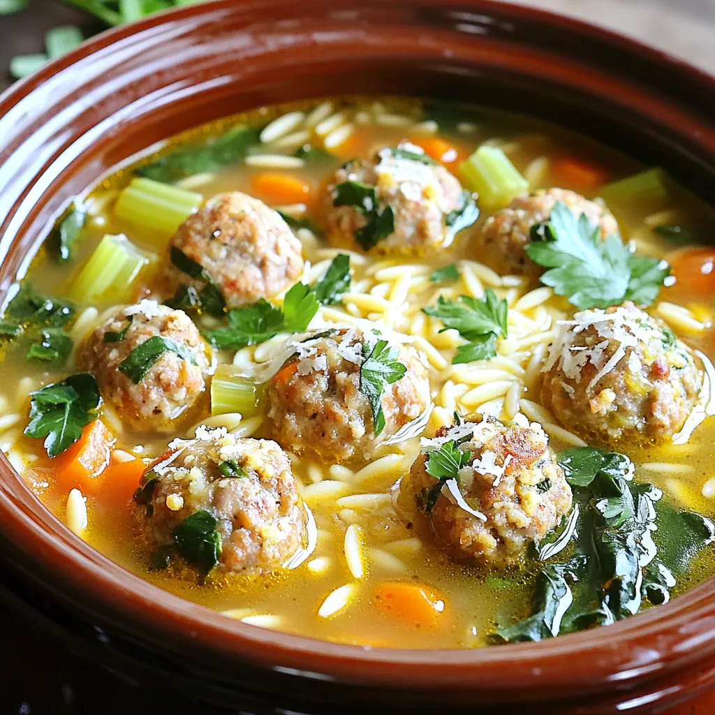 - 1 pound ground turkey or chicken - 6 cups low-sodium chicken broth - 1 medium onion, finely chopped - 2 carrots, diced - 2 celery stalks, diced - 4 cups fresh baby spinach - 1 cup orzo pasta - 1/2 cup Italian breadcrumbs - 1/4 cup grated Parmesan cheese - 1 large egg - 2 cloves garlic, minced - Salt and pepper to taste - 1 teaspoon dried oregano - 1 teaspoon dried basil These ingredients come together to create a warm and filling soup. Ground turkey or chicken forms a light base for tasty meatballs. I like using low-sodium chicken broth. It keeps the soup rich without being too salty. Fresh veggies, like onion, carrots, and celery, add crunch and healthy goodness. Orzo pasta gives the soup a nice texture. It cooks perfectly in the slow cooker. Baby spinach adds a bright green color and boosts the nutrition. For the meatballs, mix the breadcrumbs with Parmesan cheese and egg. The garlic adds a punch of flavor. Salt and pepper help bring out all the tastes. Herbs like oregano and basil give your soup an Italian twist. They make each bite fragrant and delicious. With these ingredients, you create a comforting dish perfect for any day. - Combine the meatball ingredients: ground turkey, breadcrumbs, Parmesan, egg, minced garlic, salt, and pepper. - Mix until everything is well blended. - Shape this mixture into small meatballs, about 1 inch wide. Set them aside. - In your slow cooker, add the chicken broth. - Next, toss in the chopped onion, diced carrots, diced celery, oregano, and basil. - Stir the mix well to combine all the ingredients evenly. - Gently add the meatballs into the broth and vegetable mixture. - Cover the slow cooker with its lid. - Cook on low for 6 to 7 hours or on high for 3 to 4 hours. - About 30 minutes before you plan to serve, add orzo pasta and fresh spinach to the slow cooker. - Stir well and let it cook until the pasta is tender. - Before serving, taste and adjust the seasoning as needed. To make great meatballs, mix the ingredients well. This helps the flavors blend. Use clean hands or a spoon to combine the ground turkey, breadcrumbs, cheese, egg, garlic, salt, and pepper. Form small meatballs, about one inch wide. Make them the same size for even cooking. If some are larger, they may not cook through. When using the slow cooker, you can choose low or high settings. If you pick low, cook for 6 to 7 hours. If you want it faster, go for high and cook for 3 to 4 hours. The low setting gives flavors more time to meld. The high setting cooks quicker but may not be as rich. When serving, place hot soup in bowls. A sprinkle of fresh parsley adds color. You can also top with extra grated Parmesan cheese. These garnishes make the soup look nice and taste even better. Serve with crusty bread for a full meal. {{image_2}} You can use ground turkey or chicken in this soup. Each has its unique flavor. Ground turkey is leaner, making it a great choice. Chicken adds a rich taste. If you want a vegetarian option, try plant-based meat. These products mimic the texture and flavor of meat well. They work great in this soup and keep it hearty. You can swap out the pasta to change the soup’s feel. Instead of orzo, try small shells or even whole wheat pasta. These options add different textures and flavors. You might also want to add more veggies. Zucchini, bell peppers, or peas can boost nutrition. They will add color and taste to your meal. To make the soup creamier, add a splash of cream or milk. This makes each bowl rich and smooth. If you like heat, add red pepper flakes. They bring a nice kick to the soup. For an extra twist, try fresh herbs. You can use parsley, thyme, or rosemary. Fresh herbs brighten the dish and add depth to the flavors. To store leftovers, let the soup cool first. Then, pour it into an airtight container. Keep it in the fridge for up to four days. This keeps the soup fresh and safe to eat. To maintain freshness, always use clean utensils. Avoid adding new ingredients to leftover soup. You can freeze portions of the soup for later use. Pour the cooled soup into freezer-safe bags or containers. Leave space at the top for expansion. The soup can freeze for up to three months. When ready to eat, thaw it overnight in the fridge. To reheat, warm it on the stovetop or in the microwave. Stir well to ensure even heating. In the fridge, the soup lasts about four days. If you see any mold or an off smell, it’s time to throw it away. If the soup looks slimy or separates, it has spoiled. Always trust your senses when checking for spoilage. To make this soup vegan, you can swap the meat. Use lentils or chickpeas for protein. For the broth, replace chicken broth with vegetable broth. This change keeps the flavor rich and savory. For cheese, try plant-based cheese or skip it altogether. Nutritional yeast can add a cheesy flavor without dairy. Yes, you can use frozen meatballs for this recipe. Just add them directly to the slow cooker without thawing. You might need to extend the cooking time by about 30 minutes. Check to ensure they are heated through. To reheat soup, you can use the stovetop or microwave. For the stovetop, pour the soup into a pot. Heat it on medium until hot. Stir it often to avoid sticking. In the microwave, place soup in a safe bowl. Heat for 1-2 minutes, stirring halfway. Be careful not to overheat the orzo. It can become mushy if cooked too long. This blog post showed you how to make Slow Cooker Italian Wedding Soup. We talked about the key ingredients like ground turkey, fresh spinach, and orzo. You learned step-by-step instructions to prepare and cook the soup. I also shared tips for perfect meatballs, variations, and storage information. In the end, this soup is easy to make and packed with flavor. You can customize it to fit your taste. I hope you enjoy making it as much as I do!