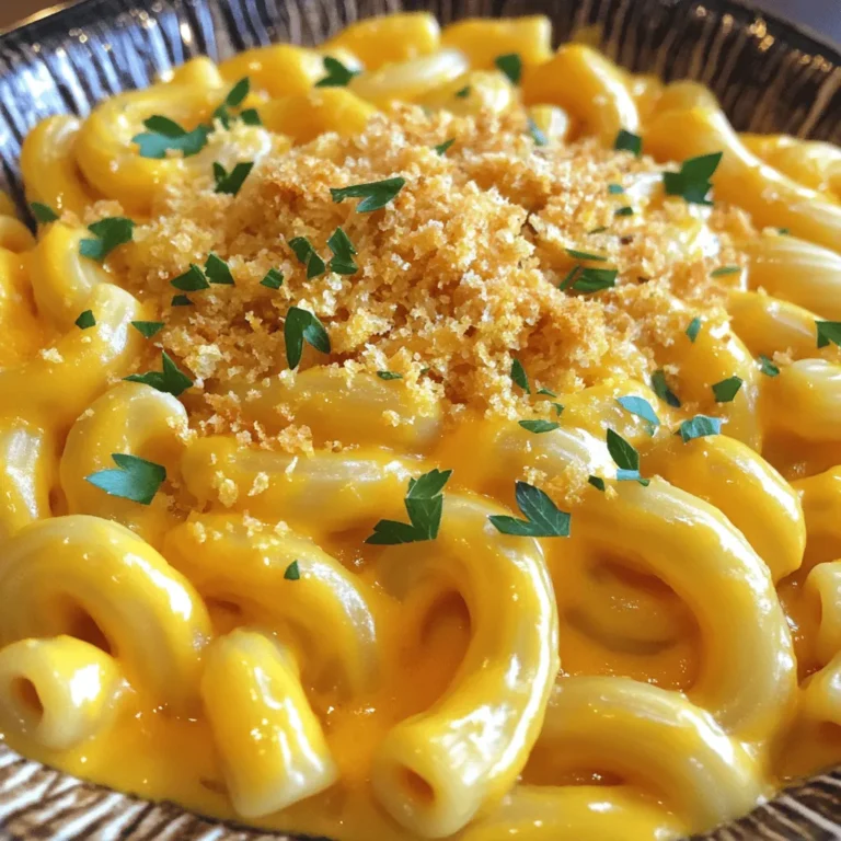 - 2 cups elbow macaroni - 1 medium butternut squash, peeled and cubed - 3 cups milk (whole or almond for dairy-free) - 2 tablespoons olive oil - 1 medium onion, diced - 2 cloves garlic, minced - 1 teaspoon ground nutmeg - 1 teaspoon smoked paprika - Salt and pepper to taste - 1/2 cup breadcrumbs (optional, for topping) - Fresh parsley for garnish (optional) When I make butternut squash mac and cheese, I start with key ingredients. For the main part, I use elbow macaroni, butternut squash, and milk. The pasta gives a nice base. The squash adds creaminess and a hint of sweetness. Using milk helps make it rich and smooth. Next, I add flavor with olive oil, onion, and garlic. The olive oil helps cook the onion. The onion and garlic create a strong base for the dish. Their flavors blend well with the squash. Seasonings bring everything together. I use ground nutmeg and smoked paprika. They add depth and warmth. Salt and pepper are a must for taste. If I want a crunchy topping, I add breadcrumbs. For a finishing touch, fresh parsley looks and tastes great. These ingredients come together to create a warm, creamy dish that feels like a hug. When I serve this, everyone smiles. It’s comfort food at its best! - Preheat your oven to 400°F (200°C). - Take the cubed butternut squash and drizzle it with 1 tablespoon of olive oil. - Add salt and pepper to taste, then mix well. - Spread the squash on a baking sheet. - Roast it for 25-30 minutes until it’s tender and nicely caramelized. - Bring a large pot of salted water to a boil. - Cook the elbow macaroni until it is al dente, as per package directions. - Drain the macaroni and set it aside for later. - In a large saucepan, heat the remaining tablespoon of olive oil over medium heat. - Add the diced onion and cook for about 5 minutes until it turns translucent. - Next, add minced garlic and cook for another minute until fragrant. - Take the roasted squash and put it in a blender. - Add the onion and garlic mix, along with 1 cup of milk. - Blend until smooth. Adjust the thickness with more milk if needed. - Return the squash mix to the saucepan over low heat. - Gradually whisk in the shredded cheddar and mozzarella cheese. - Stir until the cheese melts and forms a creamy sauce. Add salt and pepper to taste. - Add the cooked macaroni to the cheese sauce. - Mix well until each piece of pasta is coated in the creamy sauce. - If you like, transfer the mac and cheese to a baking dish. - Sprinkle breadcrumbs on top for a crispy finish. - Broil in the oven for 3-5 minutes until the top is golden brown. To make a smooth and creamy cheese sauce, use fresh cheese. Pre-grated cheese can clump. Gradually add cheese to the warm butternut squash mixture. Whisk continuously as the cheese melts. For extra creaminess, add more milk if needed. You can mix cheese types based on your taste. Sharp cheddar gives a strong flavor, while mozzarella adds stretch. For a tangy twist, try a bit of goat cheese or fontina. Roasting butternut squash brings out its natural sweetness. Start by peeling and cubing the squash. Toss it with olive oil, salt, and pepper. Spread the cubes in a single layer on a baking sheet. This helps them cook evenly. Roast at 400°F (200°C) for about 25-30 minutes. You know it’s done when it’s tender and has caramelized edges. A fork should easily pierce the cubes. Prep ingredients ahead of time for a quicker cook. You can chop the squash and onions the night before. Store them in the fridge to save time. Cook the pasta while the squash roasts. This way, everything is ready at once. If you want to multi-task, start the cheese sauce while the pasta cooks. This makes your cooking flow smoother and faster. {{image_2}} You can boost your butternut squash mac and cheese with tasty add-ins. Adding vegetables like spinach or kale brings new flavors and nutrients. These greens cook quickly and add a nice color. You can also stir in cooked chicken or crispy bacon for extra protein. This makes the dish heartier and more filling, perfect for a family meal. If you need a gluten-free dish, use gluten-free pasta. Many brands offer elbow macaroni made from rice or corn. For a dairy-free option, swap regular cheese for vegan cheese. Nutritional yeast is a great choice. It adds a cheesy flavor without dairy, making the dish creamy while keeping it vegan. Don't hesitate to mix up the cheese! Sharp cheddar and mozzarella are classic, but you can try gouda or fontina for a unique taste. Mixing different cheeses gives depth to the flavor. Adding spices or herbs can also enhance the dish. Try a pinch of cayenne for heat, or fresh thyme for a touch of earthiness. These small changes can make your mac and cheese truly special! To store leftover butternut squash mac and cheese, let it cool first. Then, place it in an airtight container. Make sure the lid seals tightly. This helps keep the flavors fresh. You can keep it in the fridge for up to five days. If you want to enjoy it later, consider freezing it. When reheating, you want to keep it creamy. The best way is to use a microwave or a stovetop. If using a microwave, place it in a bowl and add a splash of milk. Heat in short bursts, stirring in between. On the stovetop, warm it gently over low heat. Stir in milk as needed to avoid dryness. This keeps the dish smooth and delicious. To freeze mac and cheese, first let it cool completely. Then, transfer it to a freezer-safe container. Be sure to leave some space at the top for expansion. It can last up to three months in the freezer. When ready to eat, thaw it in the fridge overnight. Reheat it gently, adding a bit of milk to restore creaminess. This way, you can enjoy your creamy comfort dish any time! You can use pumpkin or sweet potato if you want a similar taste. Carrots also work well. They add a nice sweetness to the dish. Just make sure to cook them until soft. Then, blend them into the cheese sauce just like the butternut squash. Yes, you can prepare this dish ahead of time. Cook the pasta and roast the squash in advance. Store them in the fridge. When you are ready, just mix them with the cheese sauce. Reheat everything on the stove or in the oven. This saves time and makes dinner easy. Sharp cheddar and mozzarella are great choices. They melt well and give a rich flavor. You can also try Gruyère or fontina for extra creaminess. Mixing cheeses adds depth to the taste. Just remember to shred your cheese for the best melting results. Broiling is not required, but it adds a nice touch. It makes the top crispy and golden brown. This gives a great texture contrast with the creamy sauce. If you skip it, your mac and cheese will still taste wonderful. But broiling makes it look and feel special. This guide covered a delicious mac and cheese recipe featuring butternut squash. We discussed key ingredients, from the elbow macaroni to the seasonings and toppings. You learned step-by-step instructions for making a creamy cheese sauce. We also shared tips for perfecting the dish and offered variations to suit your taste. In the end, this recipe is both fun and flexible. Enjoy trying different flavors and make it your own! You’ll create a meal that will please everyone at your table.