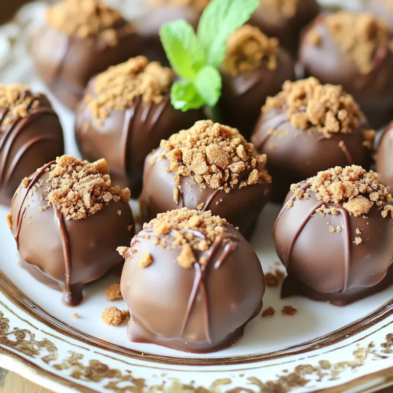 - 1 cup Biscoff cookies, crushed - 1/2 cup cream cheese, softened - 1/4 cup powdered sugar - 1/2 teaspoon vanilla extract - 1 cup semi-sweet chocolate chips - 1 tablespoon coconut oil (optional) - Extra crushed Biscoff cookies for coating For the best flavor, I recommend using Lotus Biscoff cookies. They have the perfect crunch and caramel taste. For cream cheese, use Philadelphia for its great texture. Ghirardelli is my top pick for semi-sweet chocolate chips. Their chocolate melts well and tastes rich. You can switch things up by adding a pinch of sea salt to the chocolate for depth. For a fun twist, try using flavored cream cheese, like vanilla. If you prefer a lighter coating, use white chocolate instead of semi-sweet. You can even add a hint of cinnamon for warmth. Start by crushing the Biscoff cookies. You can use a food processor or a zip-top bag and a rolling pin. Aim for a fine texture. Next, take a medium bowl and mix the crushed cookies with the softened cream cheese. Use a spatula or your hands to blend them until they form a dough-like mix. Now, add the powdered sugar and vanilla extract. Stir well until everything is smooth and combined. Once the mixture is ready, it’s time to shape the truffles. Take small portions, about one inch in size, and roll them into balls. Place each ball on a baking sheet lined with parchment paper. When you finish rolling all the mixture, pop the baking sheet in the freezer. Let the truffles chill for about 30 minutes. This helps them firm up and makes coating easier. While the truffles chill, melt the chocolate chips. Use a microwave-safe bowl and heat them in 30-second bursts. Stir in between until the chocolate is smooth. If you want a shinier finish, add coconut oil to the chocolate. After the truffles have chilled, dip each one into the melted chocolate. Use a fork to coat them, letting any excess chocolate drip off. Place the coated truffles back on the parchment paper. Before the chocolate sets, sprinkle the extra crushed Biscoff cookies on top for a nice touch. Finally, return the truffles to the fridge for another 15 to 20 minutes to allow the chocolate to harden completely. To get the best texture for your Biscoff cookie truffles, mix well. Start with crushed Biscoff cookies and softened cream cheese. You want a dough-like mix. If it's too dry, add a tiny bit of cream cheese. If it's too wet, add more crushed cookies. Make sure to freeze the truffles before coating them. This helps them hold their shape. When you dip them in chocolate, the chill makes the coating smooth. One common mistake is not crushing the Biscoff cookies finely enough. If the pieces are too big, your truffles won't hold together well. Use a food processor for a fine crumb. Another mistake is not letting the truffles chill long enough. If they are soft, the chocolate coating will slide off. Always freeze for at least 30 minutes before dipping. For a great look, arrange your truffles on a decorative plate. A tiered stand adds height and makes them stand out. Drizzling melted chocolate over the truffles gives an elegant touch. Don’t forget to sprinkle crushed Biscoff cookies on top! This adds color and texture. You can also add a sprig of mint for a pop of green. This makes serving even more special. {{image_2}} You can easily add flavor to your truffles. A pinch of cinnamon gives warmth. Try adding a dash of nutmeg for a cozy touch. You might also consider mixing in a little espresso powder. This will enhance the rich taste of the Biscoff cookies. Spice it up based on your mood! While semi-sweet chocolate is a favorite, other coatings work great too. White chocolate offers a sweet twist. Just melt it the same way as dark chocolate. You can also try milk chocolate for a creamier taste. For a fun crunch, roll the truffles in crushed nuts or sprinkles. Each coating gives a unique flavor and look! If you want vegan truffles, swap cream cheese for a plant-based alternative. Look for vegan cream cheese that has a similar texture. Use dairy-free chocolate chips to keep it vegan-friendly. You can also use maple syrup instead of powdered sugar for sweetness. These small changes keep the truffles tasty and suitable for everyone! To keep your No-Bake Biscoff Cookie Truffles fresh, store them in an airtight container. Line the container with parchment paper for easy removal. Place a layer of truffles in the container. Add another layer of parchment paper, then add more truffles. This method prevents them from sticking together. You can store them in the fridge for up to a week. If you want to keep them longer, freezing is a great option. Freezing these truffles is simple. After you form the balls and chill them, place the truffles on a baking sheet in a single layer. Freeze them for about 30 minutes until firm. Once firm, transfer them to a freezer-safe bag or container. Remove as much air as possible to avoid freezer burn. They can stay frozen for up to three months. Just remember to thaw them in the fridge before serving. These truffles are best eaten fresh, but they can last in the fridge for about a week. After a few days, check for signs of spoilage. If you see any mold or an off smell, it's time to toss them. The chocolate coating may also lose its shine, indicating they are past their prime. Always trust your senses when it comes to food safety. Yes, you can. Other cookies work well too. Try Oreos, Graham crackers, or Nutter Butter cookies. Each will give a new flavor. Just keep the same ratios of cream cheese and sugar. This lets you create a new treat every time. These truffles stay fresh for about one week. Store them in an airtight container. If you keep them in the fridge, they taste even better as they chill. Just make sure to check for any signs of spoilage, like an off smell or change in texture. Absolutely! You can prepare these truffles ahead of time. Just make them and store them in the fridge. They taste great after a day or two. You can also freeze them for up to three months. Just let them thaw in the fridge before enjoying. In this post, we explored how to make Biscoff cookie truffles. We covered the ingredients, step-by-step instructions, and tips for the perfect truffle. We also discussed fun variations and storage tips to keep them fresh. These truffles are easy to make and delicious to eat. Experiment with flavors and coatings to find your favorite. Enjoy sharing or savoring them yourself!
