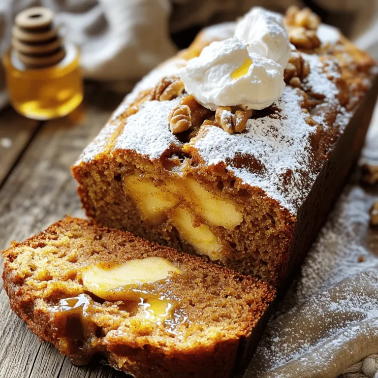 - 2 cups all-purpose flour - 1 teaspoon baking soda - 1/2 teaspoon baking powder - 1 teaspoon ground cinnamon - 1/2 teaspoon ground nutmeg - 1/4 teaspoon ground ginger - 1/2 teaspoon salt - 1/2 cup granulated sugar - 1/2 cup brown sugar, packed - 1/2 cup unsweetened apple butter - 1/2 cup vegetable oil - 2 large eggs - 1 teaspoon vanilla extract - 1/4 cup apple cider or milk - 1/2 cup chopped walnuts or pecans To make the spiced apple butter bread, you need both dry and wet ingredients. The dry ingredients include flour, baking soda, baking powder, and spices. The spices add warmth and flavor. You must use ground cinnamon, nutmeg, and ginger for the best taste. Don’t forget the salt, which enhances all flavors. In the wet ingredients, the sugars add sweetness, while the apple butter brings moisture and rich apple flavor. The vegetable oil keeps the bread soft. Eggs and vanilla extract add richness and aroma. Apple cider or milk also adds moisture and a little tang. You can add nuts for crunch. Walnuts or pecans work well. If you like, you can skip the nuts for a smoother texture. Gathering all these ingredients makes the baking process smooth and fun. Enjoy the mixing and the great smells that will fill your kitchen! - Preheat the oven to 350°F (175°C). - Grease a 9x5 inch loaf pan. To start, make sure your oven is hot enough. Preheating helps the bread rise well. Greasing the pan stops the bread from sticking. Use butter or non-stick spray for best results. - Whisk together flour, baking soda, baking powder, cinnamon, nutmeg, ginger, and salt. In a medium bowl, mix the flour and spices. The baking soda and powder help the bread rise. Cinnamon, nutmeg, and ginger give it flavor. Make sure you whisk well to combine everything evenly. - Mix granulated sugar, brown sugar, apple butter, vegetable oil, eggs, and vanilla extract. - Gradually add dry ingredients, alternating with apple cider or milk. In a large bowl, mix the sugars with apple butter and oil. The sugars add sweetness, while apple butter gives moisture. Add eggs and vanilla next. They help bind the batter. Stir until smooth. Then, slowly mix in the dry ingredients. Alternate this with apple cider or milk. This keeps the batter from getting too thick. Be gentle; overmixing can make the bread tough. - Fold in optional nuts and pour batter into prepared pan. - Bake for 50-60 minutes, or until toothpick comes out clean. If you like, you can add chopped nuts for crunch. Once mixed, pour the batter into your greased pan. Bake it for 50 to 60 minutes. To check if it’s done, use a toothpick. If it comes out clean, the bread is ready! - Let cool in pan for 10 minutes. - Remove from pan and cool completely on wire rack. After baking, let the bread cool in the pan. This makes it easier to remove. After 10 minutes, take it out and place it on a wire rack. Let it cool completely before slicing. This helps keep the bread soft and moist. How to know when the bread is done? You can check if the bread is done by inserting a toothpick into the center. If it comes out clean, the bread is ready. If it has batter on it, bake a bit longer. Importance of not overmixing Overmixing can make your bread tough. Mix just until the dry and wet ingredients combine. This keeps the bread soft and fluffy. Tips on achieving soft and moist bread To keep the bread soft, add apple cider or milk to your mix. The apple butter also helps keep it moist. Adjusting baking time for different ovens Every oven is different. Start checking your bread at 50 minutes. If it needs more time, keep an eye on it to avoid burning. Suggestions for spice adjustments If you love spices, try adding more cinnamon or nutmeg. You can also mix in a pinch of allspice for a warm flavor. Using different types of apple butter You can use any apple butter you like. Some have extra spices or sweetness. Try different brands for unique tastes. {{image_2}} You can enhance the flavor of your spiced apple butter bread by adding dried fruits. I love to toss in a handful of raisins or cranberries. These fruits bring a nice chewiness and extra sweetness. Just mix them in when you fold in the nuts, if you choose to use them. This addition makes each slice even more enjoyable. If you want a gluten-free option, try using alternative flours like almond or coconut flour. These flours work well, but you may need to adjust the liquid in the recipe. For a vegan version, replace the eggs with flaxseed meal or applesauce. Also, swap out the vegetable oil for a plant-based option. This way, everyone can enjoy this delightful bread. To give your bread a fresh twist, consider adding citrus zest. Lemon or orange zest adds a bright, zesty note that pairs well with apple. You can also use flavored oils like coconut or almond. These oils add a unique taste that makes your bread stand out. Just a small amount can create a big difference in flavor. To keep your spiced apple butter bread fresh, store it in a cool, dry place. Wrap the bread tightly in plastic wrap or aluminum foil. You can also place it in an airtight container. This helps keep moisture in and prevents it from drying out. If you use a container, make sure it is not too large. Too much air can cause the bread to spoil faster. If you want to save your bread for later, freezing is a great option. First, let the bread cool completely. Then, wrap it tightly in plastic wrap. After that, wrap it in aluminum foil or place it in a freezer bag. Make sure to remove as much air as possible. For thawing, place the bread in the fridge overnight. If you need it fast, you can leave it at room temperature for a few hours. This keeps the taste and texture great. At room temperature, your spiced apple butter bread lasts about three days. If you store it in the fridge, it can last up to a week. The cold helps prevent spoilage. Just remember to wrap it well to keep it moist and tasty. Yes, you can use store-bought apple butter. It saves time and effort. The flavor may vary from homemade, but it still works great. Look for options without added sugars or preservatives for the best taste. If you want a richer flavor, add a dash of cinnamon or nutmeg. You have several good alternatives for vegetable oil: - Applesauce: Adds moisture and sweetness. - Coconut oil: Gives a nice flavor, but melt it first. - Butter: Use melted butter for a rich taste. - Canola oil: A neutral flavor that works well. To check if your bread is done, look for these signs: - A golden-brown crust forms on top. - A toothpick inserted in the center comes out clean. - The bread feels firm and springs back when gently pressed. - You can also tap the bottom; a hollow sound means it’s ready. Yes, you can double the recipe. Use a larger mixing bowl and a bigger loaf pan. Be sure to adjust the baking time. Start checking for doneness about 10 minutes early. Enjoy making enough to share with friends and family! This blog post covered how to make spiced apple butter bread from scratch. You learned about the needed dry and wet ingredients, mixing, baking, and cooling methods. I shared tips for perfecting texture and flavor and discussed variations for dietary needs and storage practices. Great baking begins with clear steps and careful choices. Enjoy experimenting with flavors and textures in this recipe. With practice, you’ll create a delicious loaf every time. Happy baking!