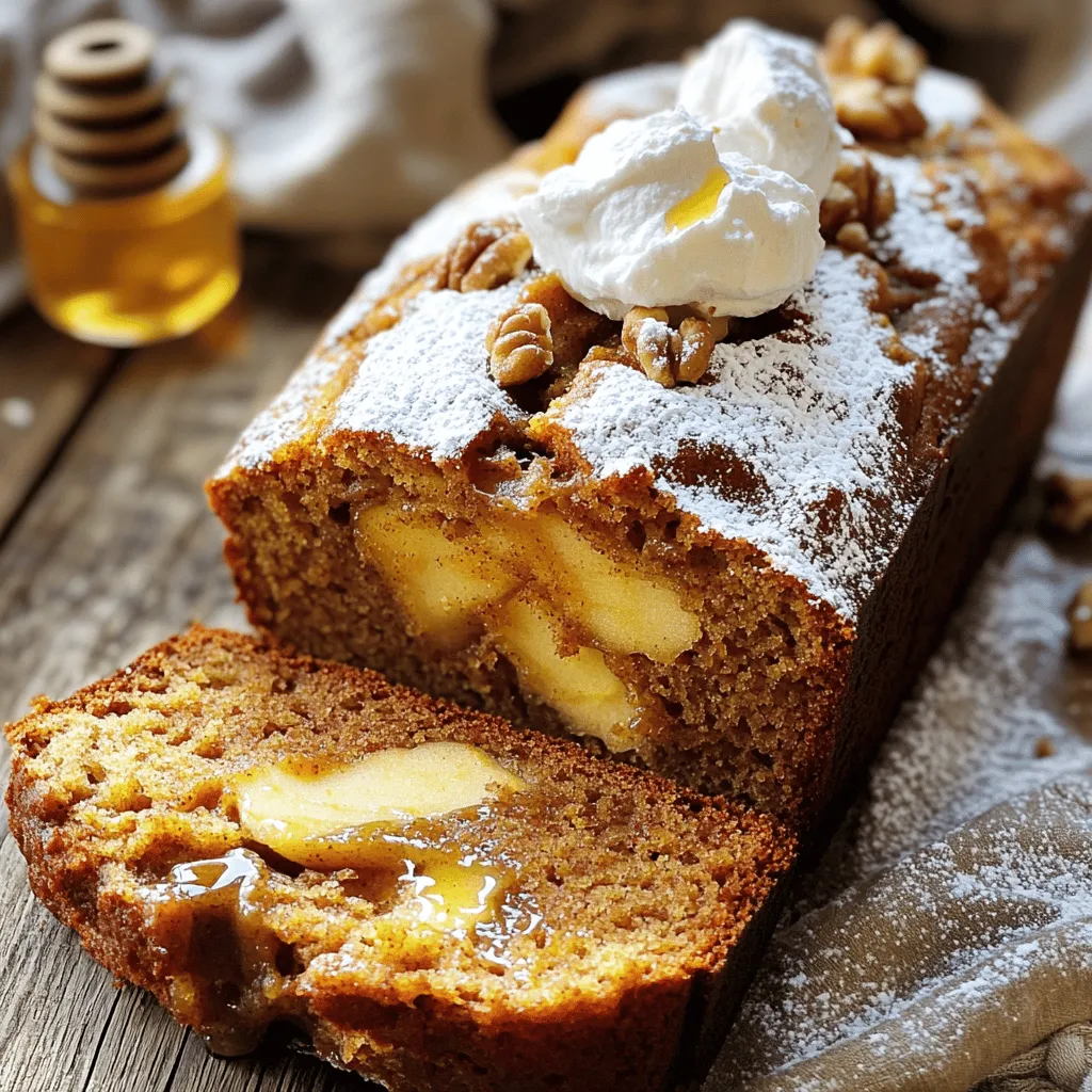 - 2 cups all-purpose flour - 1 teaspoon baking soda - 1/2 teaspoon baking powder - 1 teaspoon ground cinnamon - 1/2 teaspoon ground nutmeg - 1/4 teaspoon ground ginger - 1/2 teaspoon salt - 1/2 cup granulated sugar - 1/2 cup brown sugar, packed - 1/2 cup unsweetened apple butter - 1/2 cup vegetable oil - 2 large eggs - 1 teaspoon vanilla extract - 1/4 cup apple cider or milk - 1/2 cup chopped walnuts or pecans To make the spiced apple butter bread, you need both dry and wet ingredients. The dry ingredients include flour, baking soda, baking powder, and spices. The spices add warmth and flavor. You must use ground cinnamon, nutmeg, and ginger for the best taste. Don’t forget the salt, which enhances all flavors. In the wet ingredients, the sugars add sweetness, while the apple butter brings moisture and rich apple flavor. The vegetable oil keeps the bread soft. Eggs and vanilla extract add richness and aroma. Apple cider or milk also adds moisture and a little tang. You can add nuts for crunch. Walnuts or pecans work well. If you like, you can skip the nuts for a smoother texture. Gathering all these ingredients makes the baking process smooth and fun. Enjoy the mixing and the great smells that will fill your kitchen! - Preheat the oven to 350°F (175°C). - Grease a 9x5 inch loaf pan. To start, make sure your oven is hot enough. Preheating helps the bread rise well. Greasing the pan stops the bread from sticking. Use butter or non-stick spray for best results. - Whisk together flour, baking soda, baking powder, cinnamon, nutmeg, ginger, and salt. In a medium bowl, mix the flour and spices. The baking soda and powder help the bread rise. Cinnamon, nutmeg, and ginger give it flavor. Make sure you whisk well to combine everything evenly. - Mix granulated sugar, brown sugar, apple butter, vegetable oil, eggs, and vanilla extract. - Gradually add dry ingredients, alternating with apple cider or milk. In a large bowl, mix the sugars with apple butter and oil. The sugars add sweetness, while apple butter gives moisture. Add eggs and vanilla next. They help bind the batter. Stir until smooth. Then, slowly mix in the dry ingredients. Alternate this with apple cider or milk. This keeps the batter from getting too thick. Be gentle; overmixing can make the bread tough. - Fold in optional nuts and pour batter into prepared pan. - Bake for 50-60 minutes, or until toothpick comes out clean. If you like, you can add chopped nuts for crunch. Once mixed, pour the batter into your greased pan. Bake it for 50 to 60 minutes. To check if it’s done, use a toothpick. If it comes out clean, the bread is ready! - Let cool in pan for 10 minutes. - Remove from pan and cool completely on wire rack. After baking, let the bread cool in the pan. This makes it easier to remove. After 10 minutes, take it out and place it on a wire rack. Let it cool completely before slicing. This helps keep the bread soft and moist. How to know when the bread is done? You can check if the bread is done by inserting a toothpick into the center. If it comes out clean, the bread is ready. If it has batter on it, bake a bit longer. Importance of not overmixing Overmixing can make your bread tough. Mix just until the dry and wet ingredients combine. This keeps the bread soft and fluffy. Tips on achieving soft and moist bread To keep the bread soft, add apple cider or milk to your mix. The apple butter also helps keep it moist. Adjusting baking time for different ovens Every oven is different. Start checking your bread at 50 minutes. If it needs more time, keep an eye on it to avoid burning. Suggestions for spice adjustments If you love spices, try adding more cinnamon or nutmeg. You can also mix in a pinch of allspice for a warm flavor. Using different types of apple butter You can use any apple butter you like. Some have extra spices or sweetness. Try different brands for unique tastes. {{image_2}} You can enhance the flavor of your spiced apple butter bread by adding dried fruits. I love to toss in a handful of raisins or cranberries. These fruits bring a nice chewiness and extra sweetness. Just mix them in when you fold in the nuts, if you choose to use them. This addition makes each slice even more enjoyable. If you want a gluten-free option, try using alternative flours like almond or coconut flour. These flours work well, but you may need to adjust the liquid in the recipe. For a vegan version, replace the eggs with flaxseed meal or applesauce. Also, swap out the vegetable oil for a plant-based option. This way, everyone can enjoy this delightful bread. To give your bread a fresh twist, consider adding citrus zest. Lemon or orange zest adds a bright, zesty note that pairs well with apple. You can also use flavored oils like coconut or almond. These oils add a unique taste that makes your bread stand out. Just a small amount can create a big difference in flavor. To keep your spiced apple butter bread fresh, store it in a cool, dry place. Wrap the bread tightly in plastic wrap or aluminum foil. You can also place it in an airtight container. This helps keep moisture in and prevents it from drying out. If you use a container, make sure it is not too large. Too much air can cause the bread to spoil faster. If you want to save your bread for later, freezing is a great option. First, let the bread cool completely. Then, wrap it tightly in plastic wrap. After that, wrap it in aluminum foil or place it in a freezer bag. Make sure to remove as much air as possible. For thawing, place the bread in the fridge overnight. If you need it fast, you can leave it at room temperature for a few hours. This keeps the taste and texture great. At room temperature, your spiced apple butter bread lasts about three days. If you store it in the fridge, it can last up to a week. The cold helps prevent spoilage. Just remember to wrap it well to keep it moist and tasty. Yes, you can use store-bought apple butter. It saves time and effort. The flavor may vary from homemade, but it still works great. Look for options without added sugars or preservatives for the best taste. If you want a richer flavor, add a dash of cinnamon or nutmeg. You have several good alternatives for vegetable oil: - Applesauce: Adds moisture and sweetness. - Coconut oil: Gives a nice flavor, but melt it first. - Butter: Use melted butter for a rich taste. - Canola oil: A neutral flavor that works well. To check if your bread is done, look for these signs: - A golden-brown crust forms on top. - A toothpick inserted in the center comes out clean. - The bread feels firm and springs back when gently pressed. - You can also tap the bottom; a hollow sound means it’s ready. Yes, you can double the recipe. Use a larger mixing bowl and a bigger loaf pan. Be sure to adjust the baking time. Start checking for doneness about 10 minutes early. Enjoy making enough to share with friends and family! This blog post covered how to make spiced apple butter bread from scratch. You learned about the needed dry and wet ingredients, mixing, baking, and cooling methods. I shared tips for perfecting texture and flavor and discussed variations for dietary needs and storage practices. Great baking begins with clear steps and careful choices. Enjoy experimenting with flavors and textures in this recipe. With practice, you’ll create a delicious loaf every time. Happy baking!