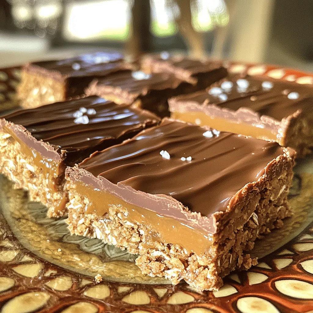 To make these yummy bars, you'll need: - 1 cup rolled oats - 1 cup almond flour - 1 cup natural peanut butter (smooth or crunchy) - 1/2 cup honey or maple syrup - 1/2 cup coconut oil, melted - 1/4 cup brown sugar (packed) - 1 teaspoon vanilla extract - 1/2 cup dairy-free chocolate chips (optional) - Sea salt for topping These ingredients create a sweet and nutty flavor that everyone loves. You can change the bars to fit your taste. Here are some ideas: - Add 1/2 cup chopped nuts like almonds or walnuts for crunch. - Include 1/2 cup dried fruit, such as raisins or cranberries, for sweetness. - Swap in almond butter or cashew butter for a twist. Feel free to mix and match for fun flavors! If you have special dietary needs, here are some swaps: - Use gluten-free oats to make the recipe gluten-free. - Replace honey with agave or brown rice syrup for vegan bars. - Substitute coconut oil with olive oil if you prefer. These options make the bars fit for everyone! Start by gathering your dry ingredients. In a medium bowl, mix together: - 1 cup rolled oats - 1 cup almond flour Stir them until they blend well. This mix gives the bars a nice texture and flavor. Next, grab a large bowl for the wet ingredients. Combine: - 1 cup natural peanut butter - 1/2 cup honey or maple syrup - 1/2 cup melted coconut oil - 1/4 cup packed brown sugar - 1 teaspoon vanilla extract Stir these ingredients until smooth and creamy. This step ensures the flavors meld together. Now, it's time to combine everything. Gradually add the dry mix into the wet blend. Use a spatula or your hands to combine. You want a thick, sticky dough. Line an 8x8-inch baking dish with parchment paper. Leave some paper hanging over the edges. This helps with easy removal later. Press the mixture firmly into the bottom of the dish. Make sure it spreads evenly and packs tightly. If you want, melt dairy-free chocolate chips in a microwave-safe bowl. Do it in 30-second intervals, stirring in between. Once smooth, drizzle the melted chocolate over the pressed mixture. Spread it evenly with a spatula. Finally, sprinkle a pinch of sea salt on top. This adds a nice contrast to the sweetness. Refrigerate for at least 2 hours until set. After that, lift the bars out using the parchment paper and cut them into squares or rectangles. Enjoy your tasty creation! To get the right texture, mix the oats and almond flour well. This step helps create a solid base. When you combine the wet and dry ingredients, make sure to blend them evenly. The dough should feel thick and sticky. Press it firmly into the baking dish. This helps the bars hold their shape when cut. For melting chocolate, use a microwave or a double boiler. If using a microwave, heat the chocolate in short bursts of 30 seconds. Stir after each burst until smooth. This helps avoid burning the chocolate. If you use a double boiler, heat water in a pot and place a bowl on top. Stir the chocolate until it melts. Both methods work well, so choose what you prefer. For serving, place the bars on a nice plate. Dust with a little sea salt for a touch of flair. You can also serve them with fresh fruit or yogurt. This adds color and balance to the dish. Cut the bars into squares or rectangles, depending on your preference. A colorful presentation makes them more appealing. {{image_2}} You can make these bars even better by adding nuts or dried fruit. Nuts add crunch and protein. Try chopped almonds, walnuts, or pecans. Dried fruit like raisins or cranberries brings sweetness and chew. Mix in half a cup of your choice when combining the ingredients. This small change makes a big difference. If you want to change the sweetness, you can use different sweeteners. Maple syrup gives a unique flavor. Agave nectar is another option that is less thick. Each sweetener adds its own taste. Using brown sugar gives a rich, caramel-like taste. Experiment with different sweeteners to find the one you love most. Toppings can change the look and taste of your bars. Melted chocolate is popular for a sweet touch. You can also sprinkle some crushed nuts on top for texture. For a fun twist, try shredded coconut or colorful sprinkles. Just sprinkle these on right after the chocolate. This helps create a treat that looks as great as it tastes. Store your No Bake Peanut Butter Caramel Bars in an airtight container. This keeps them fresh. You can layer parchment paper between bars to avoid sticking. If you have leftovers, they will last longer this way. These bars stay fresh in the fridge for up to one week. For longer storage, you can freeze them. Wrap each bar in plastic wrap and then place them in a freezer bag. They can last up to three months in the freezer. If your bars are frozen, let them thaw in the fridge overnight. For a warm treat, you can microwave them for about 10-15 seconds. This softens them without melting the chocolate too much. Enjoy them fresh or slightly warm for a tasty bite! Yes, you can use a different nut butter. Almond butter, cashew butter, or sun butter work well too. Each nut butter adds a unique flavor. Just make sure it’s smooth and creamy for the best texture. To make these bars vegan, swap honey for maple syrup. Use a dairy-free chocolate chip option. Make sure your nut butter is also vegan-friendly. These changes keep the bars tasty and plant-based. You can use vegetable oil or melted vegan butter instead of coconut oil. Both options will keep the bars moist. If you want a different flavor, try using nut oil like almond oil. Yes, these bars are gluten-free. Rolled oats and almond flour are both gluten-free ingredients. Always check labels to ensure your ingredients meet gluten-free standards. Enjoy these bars worry-free! You learned how to make delicious No Bake Peanut Butter Caramel Bars. We covered the right ingredients and helpful steps to create them. You can customize these bars with different flavors and toppings. I shared tips for texture and storage to keep them fresh. Remember, making these bars is fun, and you can mix things up to fit your needs. Enjoy these treats and share them with friends!
