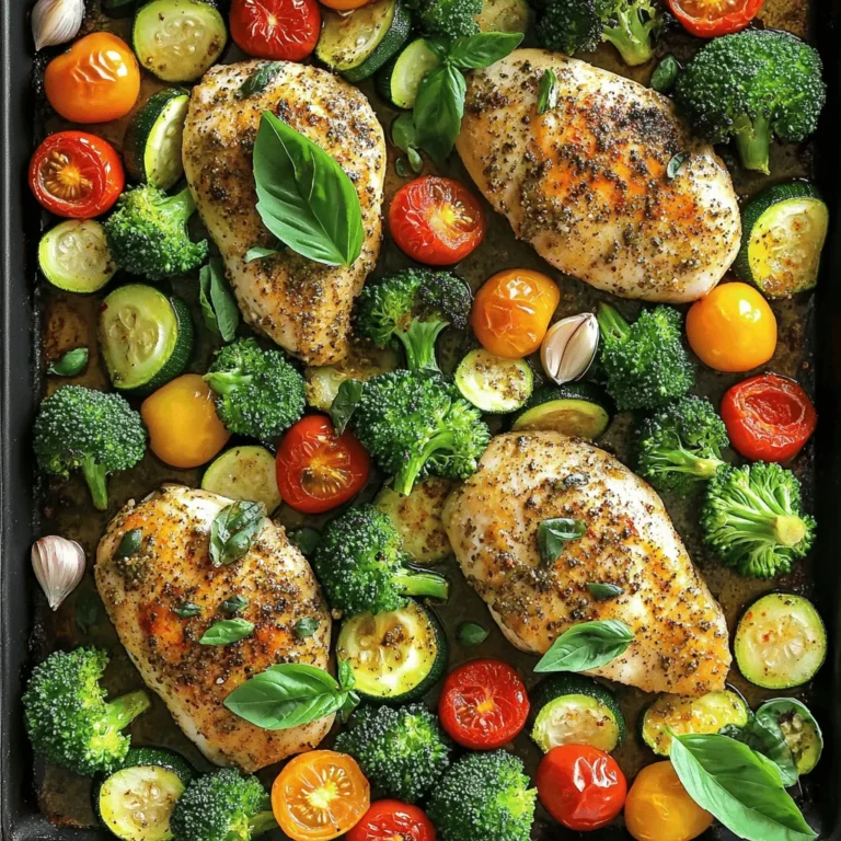 - 4 boneless, skinless chicken breasts - 2 cups broccoli florets - 2 cups cherry tomatoes, halved - 1 bell pepper (any color), sliced - 1 zucchini, sliced into half-moons - 1 red onion, cut into wedges - 4 cloves garlic, minced - 2 teaspoons dried Italian herbs (oregano, basil, thyme) - 1 teaspoon paprika - Salt and pepper to taste - 3 tablespoons olive oil - Fresh basil leaves Start by preheating your oven to 400°F (200°C). This temperature helps cook the chicken and veggies evenly. A hot oven makes sure everything roasts nicely. In a large bowl, toss together the broccoli, cherry tomatoes, bell pepper, zucchini, red onion, and minced garlic. Drizzle 2 tablespoons of olive oil over the mix. Then add salt, pepper, and half of the dried Italian herbs. Toss the veggies well to coat them with the oil and seasonings. This step brings out their fresh flavors. Take the chicken breasts and place them on a large sheet pan. Drizzle the remaining olive oil over them. Sprinkle the rest of the dried Italian herbs, paprika, salt, and pepper on top. Make sure to rub the spices into the chicken. This helps the chicken soak up all the great flavors. Arrange the seasoned chicken in the center of the pan. Spread the seasoned vegetables around the chicken. Now, it's time to bake! Place the sheet pan in the preheated oven. Bake for about 25-30 minutes. You want to check that the chicken reaches an internal temperature of 165°F (75°C). The veggies should be tender and golden. Once done, take it out and let the chicken rest for a few minutes. This will keep it juicy and tasty. If you’d like, garnish with fresh basil leaves before serving! To make sure your chicken is just right, check the internal temperature. Use a meat thermometer and aim for 165°F (75°C). This ensures the chicken is safe to eat and juicy. Once cooked, take it out and let it rest for a few minutes. This helps the juices settle, making the chicken tender and tasty. Feel free to mix and match your veggies. Seasonal choices like asparagus or carrots can add fun flavors. You can also use favorites like green beans or sweet potatoes. The key is to use veggies that cook well together. Cut them into similar sizes to ensure even cooking. Want to save time? Prep your veggies and chicken the night before. Chop the vegetables and marinate the chicken in olive oil and herbs. Store everything in the fridge. When you're ready to cook, just toss them on the sheet pan and bake. Leftovers also work great for lunch. Just store them in an airtight container in the fridge for up to three days. {{image_2}} You can easily swap chicken for other proteins. Try turkey breasts for a lighter taste. If you prefer plant-based options, go for tofu. Make sure to press the tofu to remove moisture for better flavor. You can marinate it just like the chicken. This keeps your dish tasty and healthy. Want to switch up the flavors? Use different spices like cumin or chili powder. You could also try a lemon-garlic marinade. Mix lemon juice with garlic and olive oil. This adds a zesty kick to your meal. Experimenting with different herbs can also change the taste. Fresh herbs like rosemary or thyme work great. For a fully vegetarian sheet pan meal, skip the chicken entirely. Instead, use more veggies. Add chickpeas for protein and texture. You can use the same spices to season your veggies. Toss the chickpeas and vegetables in olive oil and herbs. Bake them just like you would for the chicken. This way, you have a colorful, nutritious dish everyone will enjoy. To keep your Italian Herb Chicken Veggie Sheet Pan fresh, follow these steps: - Allow the meal to cool completely before storing. - Use airtight containers to prevent moisture loss. - Store in the fridge for up to 3 days. - Label containers with the date for easy tracking. When it's time to enjoy your leftovers, reheating is key. Here are my favorite methods: - Microwave: Place in a microwave-safe dish. Heat on high for 1-2 minutes. Check if it's warm all through. - Oven: Preheat the oven to 350°F (175°C). Place the meal in an oven-safe dish, cover with foil, and heat for 15-20 minutes. - Skillet: Heat a little olive oil in a skillet over medium heat. Add the leftovers and stir for a few minutes until warm. If you want to save some for later, freezing works well. Here’s how: - Cool the dish completely before freezing. - Use freezer-safe bags or containers. Remove as much air as possible. - Label with the date and type of meal. - Freeze for up to 3 months. To reheat, thaw overnight in the fridge before using your preferred reheating method. Bake the Italian Herb Chicken Veggie Sheet Pan for about 25 to 30 minutes. This time ensures the chicken cooks well and the veggies become tender. Always check the chicken's internal temperature. It should reach 165°F (75°C) for safety. If you have thicker chicken breasts, they may need a bit more time. Use a meat thermometer to be sure. Yes, you can make this dish ahead of time. Prep the chicken and veggies, then store them in the fridge. This way, you save time on a busy night. When ready to cook, just follow the baking steps. If you have leftovers, you can reheat them in the oven or microwave. Just ensure the chicken is heated through to 165°F (75°C) again. You can use a variety of veggies in this dish. Here are some great options: - Carrots - Asparagus - Cauliflower - Green beans - Sweet potatoes Feel free to mix and match based on your taste or what you have on hand. The key is to choose vegetables that roast well. This blog post guides you through creating a tasty Italian Herb Chicken Veggie Sheet Pan meal. We covered key ingredients like chicken and fresh veggies, along with herbs and seasonings. You learned step-by-step instructions for cooking, plus tips for perfectly cooked chicken. Don't forget the optional protein swaps and vegetarian options to suit your needs. With these easy steps and ideas, you can enjoy this healthy dish any time. Cooking should be fun, so try new veggies and flavors. Enjoy your meal!