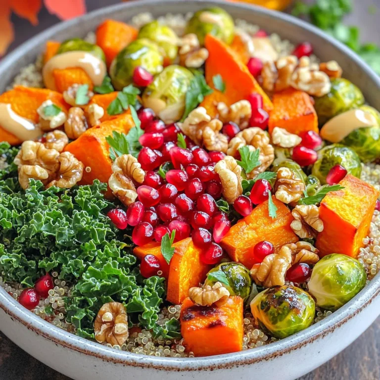 - 1 cup quinoa, rinsed - 2 cups vegetable broth - 1 medium sweet potato, peeled and diced - 1 red bell pepper, chopped - 1 cup brussels sprouts, halved - 1 cup kale, chopped - 1/2 cup pomegranate seeds - 1/4 cup walnuts, chopped - 3 tablespoons olive oil - 2 tablespoons maple syrup - 1 teaspoon smoked paprika - Salt and pepper to taste - Fresh parsley, chopped for garnish You need quinoa as the base for your bowl. Quinoa is rich in protein and easy to cook. Rinsing it helps remove a bitter coating. Use vegetable broth to add flavor as it cooks. Next, gather your vegetables. Sweet potato gives a sweet flavor and nice texture. The red bell pepper adds color and crunch. Brussels sprouts are hearty and fill the bowl. Kale adds nutrients and a slight bitterness, which balances the dish. For seasonings, olive oil helps roast the veggies. Maple syrup brings sweetness to the mix. Smoked paprika adds a unique taste. Salt and pepper round out the flavors, enhancing every bite. Lastly, don’t forget the toppings. Pomegranate seeds add a juicy burst. Walnuts bring crunch and healthy fats. Fresh parsley gives the dish a fresh touch. This combo makes your Harvest Quinoa Veggie Bowl not just tasty, but visually appealing too. To start, you need to preheat your oven. Set it to 425°F (220°C). This high heat helps the veggies roast well. Make sure your oven is fully hot before adding the vegetables. It helps them get crispy and golden. Next, we prepare our veggies. You want to peel and dice the sweet potato. Chop the red bell pepper into bite-sized pieces. Cut the brussels sprouts in half. Toss these veggies on a large baking sheet with olive oil, smoked paprika, salt, and pepper. Spread them out evenly. Roast for 20-25 minutes. Check them at 20 minutes. They should be tender and caramelized. While your vegetables roast, it’s time to cook the quinoa. First, rinse the quinoa under cold water. This step removes the bitter coating. In a medium saucepan, bring the vegetable broth to a boil. Add the rinsed quinoa. Lower the heat to simmer and cover. Cook for about 15 minutes. The quinoa should be fluffy when done. Now, let’s sauté the kale. In a skillet, heat a tablespoon of olive oil over medium heat. Add the chopped kale. Sauté it for 3-4 minutes. You want it wilted but still bright green. Season with a pinch of salt and pepper for flavor. Once everything is cooked, it’s time to mix. In a large bowl, fluff the cooked quinoa with a fork. Stir in the roasted veggies and sautéed kale. Add the maple syrup and pomegranate seeds for sweetness. Taste and adjust the seasoning if needed. When serving, divide the mixture into bowls. Sprinkle chopped walnuts on top for crunch. Finish by adding fresh parsley for a pop of color and taste. These bowls look beautiful and are packed with flavor! To keep your Harvest Quinoa Veggie Bowls fresh, store leftovers in an airtight container. They will last about three days in the fridge. When reheating, add a splash of vegetable broth to keep them moist. For long-term storage, you can freeze these bowls. First, let them cool completely. Then, place portions in freezer-safe containers. They can stay frozen for up to three months. When ready to eat, defrost in the fridge overnight and reheat gently. You can swap quinoa with other grains if you want. Try brown rice, farro, or even millet. Each grain brings a unique taste and texture. Feel free to change up the veggies too. If you don’t have sweet potatoes, use butternut squash or carrots. Zucchini and asparagus work well instead of brussels sprouts. Choose what is in season or what you love. Add more herbs and spices to boost flavor. Fresh herbs like cilantro or basil can brighten the dish. For a spicy kick, try chili flakes or cayenne pepper. If you want vegan options, use maple syrup for sweetness. This recipe is already gluten-free with quinoa. Always check if your other ingredients are gluten-free too. Explore different flavors to make it your own! {{image_2}} You can change your Harvest Quinoa Veggie Bowls with the seasons. Use what is fresh and local. In spring, add asparagus or peas. Summer is perfect for zucchini and cherry tomatoes. In fall, try adding butternut squash or carrots. Winter calls for root veggies like parsnips and turnips. These swaps keep your dish exciting and nutritious. Adding protein makes your veggie bowls even better. You can use cooked beans or lentils. Chickpeas are a great choice and add a nice crunch. If you prefer meat, grilled chicken or shrimp works well. For a plant-based option, tofu or tempeh is fantastic. Just marinate them before cooking for extra flavor. Dressings can make or break your meal. Homemade dressings are easy to make. Mix olive oil, lemon juice, and garlic for a tasty option. Another great choice is tahini dressing. It adds creaminess and depth. If you need a quick fix, look for store-bought options. A balsamic vinaigrette or a spicy tahini dressing can be perfect. Quinoa is a super grain packed with nutrients. It has a high protein content, making it a great choice for energy. One cup of cooked quinoa gives you about 8 grams of protein. This helps build and repair your muscles. Quinoa also has all nine essential amino acids. This makes it a complete protein source. The grain is rich in fiber, which aids digestion. It can help keep you full longer, too. Quinoa has beneficial vitamins and minerals, including magnesium, iron, and B vitamins. These nutrients support overall health and help prevent disease. Sweet potatoes are a star in this dish. They are high in vitamin A, which is good for your eyes. They also have fiber, helping to keep your digestive system healthy. Sweet potatoes add a natural sweetness and creaminess to your bowl. Kale is another powerhouse veggie. It is loaded with vitamins K and C. These vitamins boost your immune system and help keep your bones strong. Using nuts like walnuts adds healthy fats and protein. They also provide crunch and texture. These fats are good for your heart health. A serving of Harvest Quinoa Veggie Bowls has about 400 calories. This makes it a satisfying meal. The macronutrient breakdown is balanced, with approximately: - 15 grams of protein - 20 grams of healthy fats - 50 grams of carbohydrates This mix supports energy and keeps you feeling full. Each bite gives you a taste of health and nourishment. Cooking quinoa takes about 15 minutes. First, rinse 1 cup of quinoa under cold water to remove bitter saponins. Then, bring 2 cups of vegetable broth to a boil in a medium pot. Add the rinsed quinoa and lower the heat. Cover it and let it simmer for about 15 minutes. Once done, fluff it with a fork. The quinoa should be soft and the liquid should be fully absorbed. Yes, you can easily prepare this dish ahead of time. Cook the quinoa and roast the vegetables in advance. Store them in airtight containers in the fridge for up to four days. When ready to eat, just reheat the quinoa and vegetables in the microwave or on the stovetop. This makes meal prep simple and quick! These bowls pair well with many dishes. You can serve them with a side of grilled chicken or fish for added protein. A simple green salad or roasted vegetables also complement the flavors. You might even add some crusty bread for a heartier meal. Yes, this recipe is gluten-free. Quinoa itself is a grain that does not contain gluten. We use vegetable broth, which is usually gluten-free, but always check the label. All the vegetables and toppings, like walnuts and pomegranate seeds, are also gluten-free. Absolutely! Frozen vegetables work well in this recipe. They are often just as nutritious as fresh ones. Just make sure to thaw and drain them before roasting. You may need to adjust roasting times since frozen veggies can release more moisture. This is a great way to save time and reduce waste! This guide covered how to make Harvest Quinoa Veggie Bowls step by step. We talked about essential ingredients, roasting tips, and flavorful combinations. You learned to enhance taste and nutrition while making this dish. In summary, cooking should be fun and creative. Don’t be afraid to try new ideas. Enjoy your meal, knowing it’s good for you!