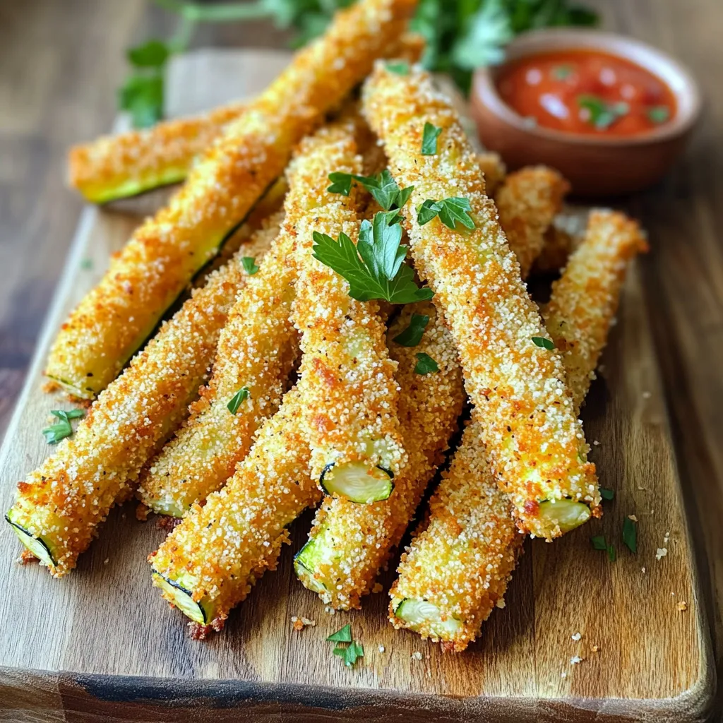 - 2 medium zucchinis, cut into thick sticks - 1 cup breadcrumbs (panko for extra crunch) - 1/2 cup grated Parmesan cheese - 1 teaspoon garlic powder - 1 teaspoon onion powder - 1/2 teaspoon smoked paprika - Salt and pepper to taste - 2 large eggs, beaten - Cooking spray To make crispy air fryer zucchini fries, you need simple and fresh ingredients. Start with zucchinis, which are low in calories and high in nutrients. I love using panko breadcrumbs. They give a fantastic crunch. Grated Parmesan cheese adds a rich flavor that elevates the dish. Garlic powder and onion powder provide savory notes. Smoked paprika adds a nice hint of smokiness. It gives the fries a unique taste that I find delightful. Don’t forget salt and pepper for seasoning. These enhance all the other flavors. You’ll also need eggs to help the crumbs stick. Cooking spray is key for that crispy outside. It helps the fries cook evenly and prevents sticking. Gather these ingredients, and you’re ready to create a tasty snack that pleases everyone. - Preheat air fryer to 400°F (200°C). - In a shallow bowl, combine breadcrumbs, Parmesan cheese, garlic powder, onion powder, smoked paprika, salt, and pepper. - In another bowl, beat the eggs until mixed well. - Dip each zucchini stick into the beaten eggs. - Roll the zucchini in the breadcrumb mix, pressing lightly to stick. - Place zucchini fries in the air fryer basket in a single layer. - Cook for 10-12 minutes, flipping halfway through. Look for golden and crispy fries. For the best crunch, use cooking spray wisely. A light mist on the zucchini fries helps them crisp nicely. Too much spray can make them soggy. Do not overcrowd the air fryer basket. Give each zucchini fry space to breathe. This allows hot air to circulate and cook them evenly. If they touch, they may steam instead of fry. To boost the flavor, try adding spices like Italian seasoning or cayenne pepper. These add a kick that elevates the dish. For dipping, marinara sauce pairs well with these fries. Ranch dressing is another tasty choice. You can also make a spicy mayo for a fun twist. These zucchini fries go great with burgers or grilled chicken. They make a perfect side dish at any barbecue or picnic. Garnish your fries with fresh parsley or basil. This not only adds color but also a burst of fresh flavor to your dish. {{image_2}} If you need a gluten-free option, swap the breadcrumbs. Use almond flour or gluten-free breadcrumbs. Both create a crunchy texture. Almond flour brings a nutty flavor, while gluten-free breadcrumbs mimic regular ones. Either choice keeps your zucchini fries tasty and safe for all diets. To boost flavor, try adding seasonings. Italian seasoning brings a fresh taste. Cajun spice adds a kick. Mix and match spices to find your favorite blend. You can also play with cheese. Try using mozzarella or cheddar for a different cheesy twist. These changes make your fries even more delicious. If you prefer baking, you can easily cook zucchini fries in the oven. Preheat your oven to 425°F (220°C). After coating the zucchini sticks, place them on a baking sheet lined with parchment paper. Make sure to space them out. Bake for about 20-25 minutes, flipping halfway through. This method yields crispy, golden fries without the air fryer. To keep your zucchini fries fresh, store them in an airtight container. Place parchment paper between layers to prevent sticking. Refrigerate leftovers within two hours of cooking. They will last for about three days in the fridge. If you want to save them longer, consider freezing. Just remember to let them cool completely before freezing. To enjoy crispy zucchini fries again, reheating is key. The oven is the best option. Preheat your oven to 375°F (190°C). Spread the fries in a single layer on a baking sheet. Bake for about 10 minutes or until they are hot and crispy. If you use a microwave, the fries may get soggy. If you must use it, heat in short bursts of 30 seconds. Check frequently to avoid overheating. Enjoy your delicious zucchini fries! Zucchini fries stay crispy for about 10 to 15 minutes after cooking. Their crispiness depends on a few factors: - Cooking time: If you cook them longer, they might stay crispy longer. - Air fryer temperature: A higher temperature helps create a crisp outer layer. - Storage: If you cover them, they will get soggy fast. Keep them in an open dish. For the best crunch, serve them right after cooking. You can use frozen zucchini, but it may not be as crispy. Frozen zucchini holds more water, which can make the fries soggy. Here are some tips if you use frozen zucchini: - Thaw and drain: Let them sit to drain water before using. - Coating: Make sure to coat them well with the breadcrumb mix. - Cooking time: You may need to cook them a bit longer to ensure they crisp up. Fresh zucchini gives the best results, but frozen can work in a pinch. Zucchini fries are great on their own or with dips. Here are some ideas for what to serve with them: - Dips: Marinara sauce, ranch dip, or garlic aioli are all tasty options. - Appetizers: Pair them with a cheese platter or bruschetta. - Sides: Serve with a fresh salad or grilled chicken for a complete meal. These pairings will enhance the flavors and make your snack even better! This blog post explored how to make crispy zucchini fries in an air fryer. We walked through the key ingredients, easy steps, and tips for perfect crunch. You learned about variations and storage methods to keep them fresh. Zucchini fries are a tasty snack or side dish. Experiment with your favorite spices or dips to make them your own. Enjoy your cooking and savor every bite of this healthy treat!