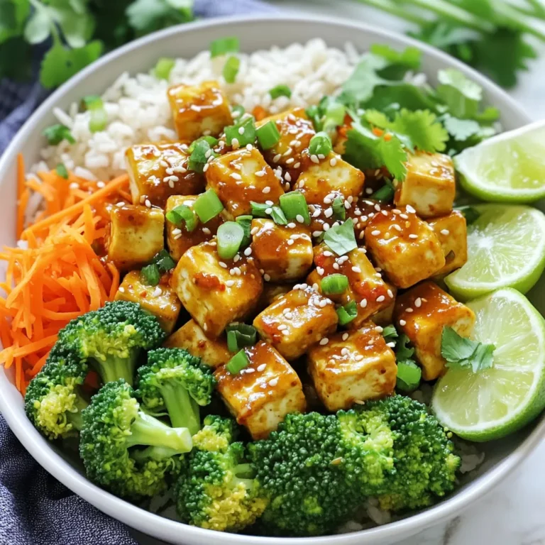 - 1 block (14 oz) firm tofu, drained and pressed - 2 tablespoons cornstarch - 3 tablespoons vegetable oil - 4 garlic cloves, minced - 2 tablespoons soy sauce - 1 tablespoon chili paste (adjust to taste) - 1 cup cooked jasmine rice - 1 cup broccoli florets, steamed - 1 carrot, shredded - 2 green onions, sliced - Fresh cilantro for garnish - Sesame seeds for garnish - Lime wedges, for serving To make Minute Chili Garlic Tofu Bowls, you need simple yet key ingredients. Main Ingredients: - Firm tofu gives the dish its base. It holds up well when cooked. - Cornstarch helps create a crispy outside on the tofu. - Vegetable oil is perfect for frying and adds flavor. Flavor Enhancers: - Garlic brings a strong, savory taste. - Soy sauce adds saltiness and depth. - Chili paste gives the kick! Adjust it to suit your heat level. Fresh Additions: - Jasmine rice serves as a soft base for the bowl. - Broccoli florets add color, crunch, and nutrients. - Shredded carrot gives sweetness and a nice pop of orange. - Green onions sprinkle freshness over your meal. - Fresh cilantro adds a burst of herbal flavor. - Sesame seeds provide a nutty finish. - Lime wedges add a zingy touch that brightens the bowl. These ingredients come together to make a quick, satisfying meal. Enjoy the mix of textures and flavors with every bite! 1. Start by draining the tofu. Place it on a clean towel. 2. Press the tofu for about 15 minutes. This removes excess water. 3. Next, cut the tofu into bite-sized cubes. Aim for even pieces. 4. In a bowl, toss the tofu cubes with cornstarch. Ensure each piece is coated. 1. Heat 2 tablespoons of vegetable oil in a large skillet. Use medium-high heat. 2. Once the oil is hot, add the coated tofu cubes in a single layer. 3. Fry the tofu for 5-7 minutes. Turn them occasionally for even cooking. 4. Watch for a golden, crispy texture. Remove the tofu and set it aside. 1. In the same skillet, add 1 tablespoon of oil. Reduce heat to medium. 2. Add minced garlic and sauté for about 30 seconds. Let it become fragrant. 3. Pour in the soy sauce, chili paste, and maple syrup. Stir well to mix. 4. Let the sauce simmer for a minute until it thickens slightly. 5. Return the crispy tofu to the skillet. Toss it well in the sauce. 6. Cook for another 2-3 minutes until everything is heated through. 1. Start with a scoop of cooked jasmine rice in each bowl. 2. Add the chili garlic tofu on top of the rice. 3. Layer steamed broccoli and shredded carrots over the tofu. 4. Garnish with sliced green onions, fresh cilantro, and sesame seeds. 5. Serve with lime wedges on the side for extra flavor. To get the best tofu, start by draining it well. Pressing the tofu removes extra water. This helps it become crispy when cooked. If you skip this step, your tofu may turn out soggy. I recommend using a tofu press or wrapping it in a clean towel and placing something heavy on top. For frying, you can try different methods. Instead of pan-frying, you can bake the tofu. Simply toss the cubes with cornstarch and oil. Spread them on a baking sheet and bake at 400°F for about 25 minutes. This method gives you a nice crunch without much oil. If you like it spicy, feel free to add more chili paste. Start with a little and taste as you go. You can also switch the chili paste with sriracha for a different kick. If you want to tone down the heat, use less chili paste or try sweet chili sauce. For a vegan option, ensure your soy sauce is labeled as vegan. You can also replace the maple syrup with agave nectar or brown sugar. Both options work great and keep the dish sweet. Garnishing makes your dish look fancy! Try adding fresh cilantro and sesame seeds on top. They add flavor and color. You can also use sliced red peppers or cucumber for a pop of freshness. When serving, make it fun! Use clear bowls to show off the layers. You can even pack these bowls for meal prep. Just keep the sauce separate. That way, your rice and tofu stay fresh until you are ready to eat. {{image_2}} You can change up the veggies in your bowl easily. Here are some good options: - Bell peppers - Snap peas - Zucchini - Spinach Want seasonal choices? Try these: - Asparagus in spring - Corn in summer - Sweet potatoes in fall - Kale in winter Mixing these veggies gives your dish fresh flavors and colors. If you want a different protein, consider these tofu substitutes: - Tempeh - Seitan - Chickpeas You can also add cooked chicken or shrimp for a meatier dish. Cook them separately and mix them in at the end. For gluten-free needs, use tamari instead of soy sauce. This keeps the taste but removes gluten. If you want a low-carb option, swap the jasmine rice for cauliflower rice. This change cuts carbs and adds veggies. Enjoy these variations to make your meal just right for you! To store leftover chili garlic tofu bowls, let them cool first. Place the bowls in airtight containers. This keeps the tofu and veggies fresh. I recommend glass containers or BPA-free plastic ones. They are great for food safety. Store the bowls in the fridge for up to three days. To reheat your tofu bowls, use the microwave or stovetop. For the microwave, place the bowl on a plate. Heat for one to two minutes, stirring halfway. This warms everything evenly. On the stovetop, add a splash of water to a pan. Heat the bowl over low heat, stirring gently. This keeps the tofu crispy. Get creative with leftovers! Try adding them to a salad or a wrap. You can also mix in extra veggies or grains for a new meal. Yes, you can freeze tofu bowls! However, the texture may change a bit. I suggest freezing the tofu and sauce separately from the veggies and rice. Use freezer-safe containers or bags. Write the date on them to track freshness. To thaw, place the container in the fridge overnight. Reheat as mentioned. Enjoy your meal without waste! To make tofu crispy, you need to follow a few key steps: - Drain and press: Start with firm tofu. Drain the water and press it to remove moisture. This helps the tofu absorb flavors and crisp up. - Cut into cubes: Slice the tofu into bite-sized cubes. Smaller pieces get crispier. - Coat with cornstarch: Toss the cubes in cornstarch. This coating helps create a crunchy outer layer when you fry it. - Fry in hot oil: Heat vegetable oil in a skillet over medium-high heat. Add the tofu in a single layer. Fry until golden brown on all sides, about 5-7 minutes. If you don’t have chili paste, try these alternatives: - Sriracha: This spicy sauce adds heat and flavor. - Red pepper flakes: Use these for a quick kick; just sprinkle as needed. - Hot sauce: Any hot sauce can work in a pinch. Adjust to your taste. - Homemade chili sauce: Blend fresh or dried chilies with garlic and vinegar for a quick fix. Yes, you can meal prep Minute Chili Garlic Tofu Bowls. Here are some tips: - Cook in batches: Make a double batch of tofu and rice. This saves time. - Store separately: Keep the tofu and vegetables in separate containers. This keeps everything fresh. - Use airtight containers: Store bowls in airtight containers in the fridge. They can last up to 4 days. - Reheat carefully: To keep the tofu crispy, reheat it in a skillet instead of the microwave. Yes, this recipe is perfect for vegans. Here’s a quick overview: - Tofu: A great plant-based protein. - Soy sauce: Most soy sauces are vegan. Check the label for any added ingredients. - Chili paste: Most chili pastes are vegan, but always check for fish sauce. - Maple syrup: A vegan-friendly sweetener that adds depth. Feel free to swap any ingredients with your favorite vegan options! This blog explored the art of making crispy tofu bowls. We covered main ingredients like tofu and flavor enhancers such as garlic and soy sauce. I shared step-by-step instructions for preparation and cooking, highlighting key tips for the perfect texture. Variations let you customize your bowl with different veggies or proteins. Finally, we discussed storage options to keep your leftovers fresh. Enjoy creating your own bowls and make them your own. Happy cooking!