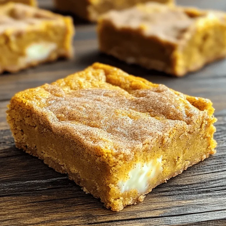 When making Pumpkin Snickerdoodle Blondie Bars, you need simple yet tasty ingredients. Here’s what you will need: - 1 cup pumpkin puree - 1/2 cup unsalted butter, melted - 1 cup brown sugar, packed - 1/2 cup granulated sugar - 1 large egg - 1 teaspoon vanilla extract - 1 1/2 cups all-purpose flour - 1 teaspoon baking powder - 1 teaspoon ground cinnamon - 1/2 teaspoon ground nutmeg - 1/4 teaspoon ground ginger - 1/4 teaspoon salt - 1/2 cup white chocolate chips (optional) Each ingredient plays an important role. The pumpkin puree gives a rich flavor and moisture. Unsalted butter adds creaminess. Brown sugar brings depth with its caramel notes, while granulated sugar helps with sweetness. The egg binds everything together. Vanilla extract enhances the overall taste, and flour provides structure. Baking powder helps the bars rise, making them soft and chewy. Spices like cinnamon, nutmeg, and ginger bring warmth and that cozy fall flavor. If you like, white chocolate chips can add a sweet surprise. They melt nicely and create a lovely contrast with the spices. This mix of ingredients creates a delightful treat that everyone will love. - Preheat the oven to 350°F (175°C). - Line an 8x8 inch baking pan with parchment paper. Leave some overhang for easy removal. - In a large mixing bowl, combine 1 cup of pumpkin puree, 1/2 cup of melted butter, 1 cup of packed brown sugar, and 1/2 cup of granulated sugar. Mix until it is smooth. - Add 1 large egg and 1 teaspoon of vanilla extract. Whisk until well blended. - In a separate bowl, whisk together 1 1/2 cups of all-purpose flour, 1 teaspoon of baking powder, 1 teaspoon of ground cinnamon, 1/2 teaspoon of ground nutmeg, 1/4 teaspoon of ground ginger, and 1/4 teaspoon of salt. - Gradually fold the dry mix into the wet mixture until just combined. If you like, fold in 1/2 cup of white chocolate chips gently. - Pour the batter into the prepared baking pan. Spread it evenly with a spatula. - For the snickerdoodle topping, mix 2 tablespoons of granulated sugar with 1 teaspoon of cinnamon. Sprinkle it evenly over the batter. - Bake the blondie bars for 25-30 minutes. Check with a toothpick. It should come out clean. - Remove from the oven. Let them cool in the pan for about 10 minutes. Lift them out using the parchment paper and cool completely on a wire rack. To get a soft, chewy texture, avoid over-mixing the batter. When you combine the dry and wet ingredients, mix just until you see no dry flour. This keeps the bars moist and tender. To check if your blondies are done, insert a toothpick into the center. If it comes out clean or with a few moist crumbs, they are ready! You can boost the flavor of your bars by adding more spices. Consider using a pinch of allspice or cloves for warmth. You can also try flavored extracts. Almond or maple extracts can add a unique twist to your blondies. Just remember to use them sparingly so they don’t overpower the pumpkin. When it comes to cutting and serving, use a sharp knife. This ensures clean edges on each bar. For a fun touch, dust the top with a little extra cinnamon sugar before serving. You can also add a drizzle of caramel or a sprinkle of chopped nuts for added flair. Serve them warm or at room temperature for the best experience! {{image_2}} You can switch up the spices to match fall. Try adding allspice or clove for warmth. These spices enhance the rich pumpkin taste. You can also add nuts or dried fruits. Walnuts or pecans add crunch. Dried cranberries or apples give a sweet twist. These additions make each bite fun and different. If you need gluten-free options, use a gluten-free flour blend. It works well in this recipe. For vegan options, swap the egg for a flax egg. Mix one tablespoon of flaxseed meal with three tablespoons of water. Let it sit for a few minutes until it thickens. This will help bind the bars without eggs. Change the white chocolate chips to chocolate chips for a different taste. Dark or milk chocolate brings a rich flavor. You could also mix in caramel or toffee bits. These bits melt slightly and create gooey pockets in each bar. Experimenting with these swaps can give you a new favorite treat! Store your pumpkin snickerdoodle blondie bars for the best taste. You can keep them at room temperature for up to three days. Just place them in an airtight container. This helps keep them soft and moist. If you live in a warm area or want them to last longer, refrigeration is best. The cold can help preserve their flavor and texture. Just be sure to wrap them well in plastic wrap before putting them in the fridge. This step prevents them from drying out. Freezing is a great way to save any extra blondie bars. To freeze them, first, let the bars cool completely. Then, cut them into squares. Wrap each piece tightly in plastic wrap. Place the wrapped bars in a freezer-safe bag or container. They can last up to three months in the freezer. When you want to enjoy them, take out a few bars. Let them thaw in the fridge overnight for the best taste. If you need them fast, you can thaw them at room temperature for about an hour. Enjoy your delicious treats anytime! To check if the blondie bars are done, look for a few signs. The edges should be firm and the center should not jiggle. Insert a toothpick into the center. If it comes out clean or with a few crumbs, they are ready. Baking time is typically 25-30 minutes. If you see a golden top, that’s a good sign too. Yes, you can use fresh pumpkin. Start with a small pumpkin. Cut it in half, remove the seeds, and roast it until soft. After roasting, scoop out the flesh and mash it well. You may need to adjust the moisture. Fresh pumpkin can be a bit less smooth than store-bought puree. These bars stay fresh for about 3-5 days at room temperature. Store them in an airtight container to keep them soft. If you want to keep them longer, place them in the fridge. They can last up to a week when chilled. For longer storage, freeze them. They will keep well for up to three months in the freezer. In this article, we explored how to make Pumpkin Snickerdoodle Blondie Bars. We covered the key ingredients, step-by-step baking instructions, and helpful tips for perfect texture and flavor. You learned about fun variations to suit your taste and dietary needs. Storing and freezing the blondie bars is easy with the right methods. Cooking can be simple and fun. Enjoy your delicious treats, share them with friends, and get creative in the kitchen!